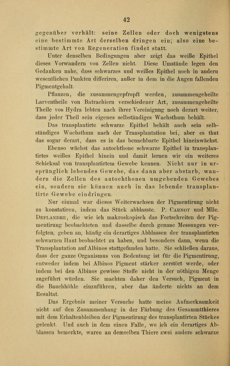 gegenüber verhält: seine Zellen oder doch wenigstens eine bestimmte Art derselben dringen ein; also eine be- stimmte Art von Regeneration findet statt. Unter denselben Bedingungen aber zeigt das weiße Epithel dieses Vorwandern von Zellen nicht. Diese Umstände legen den Gedanken nahe, dass schwarzes und weißes Epithel noch in andern wesentlichen Punkten differiren, außer in dem in die Augen fallenden Pigmentgehalt. Pflanzen, die zusammengepfropft werden, zusammengeheilte Larventheile von Batrachiern verschiedener Art, zusammengeheilte Theile von Hydra lebten nach ihrer Vereinigung noch derart weiter, dass jeder Theil sein eigenes selbständiges Wachsthum behält. Das transplantirte schwarze Epithel behält auch sein selb- ständiges Wachsthum nach der Transplantation bei, aber es thut das sogar derart, dass es in das benachbarte Epithel hineinwächst. Ebenso wächst das autochthone schwarze Epithel in transplan- tirtes weißes Epithel hinein und damit lernen wir ein weiteres Schicksal von transplantirtem Gewebe kennen. Nicht nur in ur- sprünglich lebendes Gewebe, das dann aber abstarb, wan- dern die Zellen des autochthonen umgebenden Gewebes ein, sondern sie können auch in das lebende transplan- tirte Gewebe eindringen. Nur einmal war dieses Weiterwachsen der Pigmentirung nicht zu konstatireu, indem das Stück abblasste. P. Carnot und Mlle. Deflandre, die wie ich makroskopisch das Fortschreiten der Pig- mentirung beobachteten und dasselbe durch genaue Messungen ver- folgten, geben an, häufig ein derartiges Abblassen der transplantirten schwarzen Haut beobachtet zu haben, und besonders dann, wenn die Transplantation auf Albinos stattgefunden hatte. Sie schließen daraus, dass der ganze Organismus von Bedeutung ist für die Pigmentirung, entweder indem bei Albinos Pigment stärker zerstört werde, oder indem bei den Albinos gewisse Stoffe nicht in der nöthigen Menge zugeführt würden. Sie machten daher den Versuch, Pigment in die Bauchhöhle einzuführen, aber das änderte nichts an dem Resultat. Das Ergebnis meiner Versuche hatte meine Aufmerksamkeit nicht auf den Zusammenhang in der Färbung des Gesammtthieres mit dem Erhaltenbleiben der Pigmentirung des transplantirten Stückes gelenkt. Und auch in dem einen Falle, wo ich ein derartiges Ab- blassen bemerkte, waren an demselben Thiere zwei andere schwarze