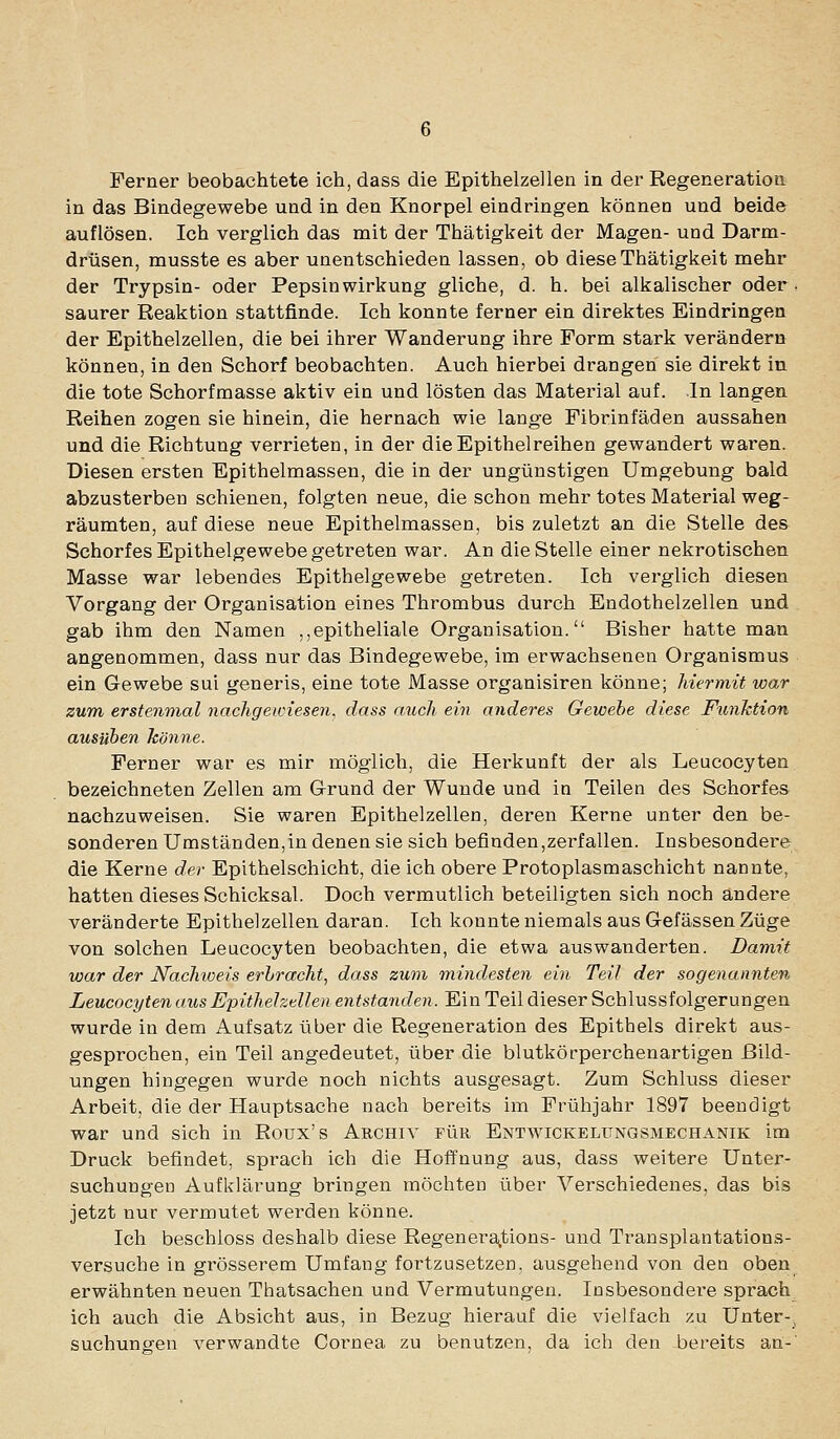 Ferner beobachtete ich, dass die Epithelzellen in der Regeneration in das Bindegewebe und in den Knorpel eindringen können und beide auflösen. Ich verglich das mit der Thätigkeit der Magen- und Darm- drüsen, musste es aber unentschieden lassen, ob diese Thätigkeit mehr der Trypsin- oder Pepsin Wirkung gliche, d. h. bei alkalischer oder • saurer Reaktion stattfinde. Ich konnte ferner ein direktes Eindringen der Epithelzellen, die bei ihrer Wanderung ihre Form stark verändern können, in den Schorf beobachten. Auch hierbei drangen sie direkt in die tote Schorfmasse aktiv ein und lösten das Material auf. In langen Reihen zogen sie hinein, die hernach wie lange Fibrinfäden aussahen und die Richtung verrieten, in der die Epithelreihen gewandert waren. Diesen ersten Epithelmassen, die in der ungünstigen Umgebung bald abzusterben schienen, folgten neue, die schon mehr totes Material weg- räumten, auf diese neue Epithelmassen, bis zuletzt an die Stelle des Schorfes Epithelgewebe getreten war. An die Stelle einer nekrotischen Masse war lebendes Epithelgewebe getreten. Ich verglich diesen Vorgang der Organisation eines Thrombus durch Endothelzellen und gab ihm den Namen ,,epitheliale Organisation. Bisher hatte man angenommen, dass nur das Bindegewebe, im erwachsenen Organismus ein Gewebe sui generis, eine tote Masse organisiren könne; hiermit war zum erstenmal nachgewiesen, dass auch ein anderes Gewehe diese Funktion ausüben könne. Ferner war es mir möglich, die Herkunft der als Leucocyten bezeichneten Zellen am Grund der Wunde und in Teilen des Schorfes nachzuweisen. Sie waren Epithelzellen, deren Kerne unter den be- sonderen Umständen,in denen sie sich befinden,zerfallen. Insbesondere die Kerne der Epithelschicht, die ich obere Protoplasmaschicht nannte, hatten dieses Schicksal. Doch vermutlich beteiligten sich noch andere veränderte Epithelzellen daran. Ich konnte niemals aus Gelassen Züge von solchen Leucocyten beobachten, die etwa auswanderten. Damit war der Nachweis erbracht, dass zum mindesten ein Teil der sogenannten Leucocyten aus Epithelztllen entstanden. Ein Teil dieser Schlussfolgerungen wurde in dem Aufsatz über die Regeneration des Epithels direkt aus- gesprochen, ein Teil angedeutet, über die blutkörperchenartigen Bild- ungen hingegen wurde noch nichts ausgesagt. Zum Schluss dieser Arbeit, die der Hauptsache nach bereits im Frühjahr 1897 beendigt war und sich in Roux's Archiv für Entwickelitngsmechanik im Druck befindet, sprach ich die Hoffnung aus, dass weitere Unter- suchungen Aufklärung bringen möchten über Verschiedenes, das bis jetzt nur vermutet werden könne. Ich beschloss deshalb diese Regenera^tions- und Transplantations- versuche in grösserem Umfang fortzusetzen, ausgehend von den oben erwähnten neuen Thatsachen und Vermutungen. Insbesondei'e sprach ich auch die Absicht aus, in Bezug hierauf die vielfach zu Unter-, suchungen verwandte Cornea zu benutzen, da ich den bereits an-'