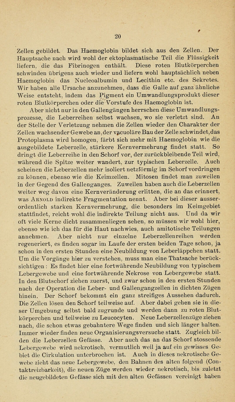 Zellen gebildet. Das Haemoglobin bildet sich aus den Zellen. Der Hauptsache nach wird wohl der ektoplasmatische Teil die Flüssigkeit liefern, die das Fibrinogen enthält. Diese roten Blutkörperchen schwinden übrigens auch wieder und liefern wohl hauptsächlich neben Haemoglobin das Nucleoalbumin und Lecithin etc. des Sekretes. Wir haben alle Ursache anzunehmen, dass die Galle auf ganz ähnliche Weise entsteht, indem das Pigment ein Umwandlungsprodukt dieser roten Blutkörperchen oder die Vorstufe des Haemoglobin ist. Aber nicht nur in den Gallengängen herrschen diese Umwandlungs- prozesse, die Leberreihen selbst wachsen, wo sie verletzt sind. An der Stelle der Verletzung nehmen die Zellen wieder den Charakter der Zellen wachsender Gewebe an,der vg,cuoläre Bau der Zelle schwindet,das Protoplasma wird homogen, färbt sich mehr mit Haemoglobin wie die ausgebildete Leberzelle, stärkere Kernvermehrung findet statt. So dringt die Leberreihe in den Schorf vor, der zurückbleibende Teil wird, während die Spitze weiter wandert, zur typischen Leberzelle. Auch scheinen die Leberzellen mehr isoliert netzförmig im Schorf vordringen zu können, ebenso wie die Keimzellen. Mitosen findet man zuweilen in der Gegend des Gallenganges. Zuweilen haben auch die Leberzellen weiter weg davon eine Kernveränderung erlitten, die an das erinnert, was Arnold indirekte Fragmentation nennt. Aber bei dieser ausser- ordentlich starken Kern Vermehrung, die besonders im Keimgebiet stattfindet, reicht wohl die indirekte Teilung nicht aus. Und da wir oft viele Kerne dicht zusammenliegen sehen, so müssen wir wohl hier, ebenso wie ich das für die Haut nachwies, auch amitotische Teilungen annehmen. Aber nicht nur einzelne Leberzellen reihen werden regeneriert, es finden sogar im Laufe der ersten beiden Tage schon, ja schon in den ersten Stunden eine Neubildung von Leberläppchen statt. Um die Vorgänge hier zu verstehen, muss man eine Thatsache berück- sichtigen : Es findet hier eine fortwährende Neubildung von typischem Lebergewebe und eine fortwährende Nekrose von Lebergewebe statt. In den Blutschorf ziehen zuerst, und zwar schon in den ersten Stunden nach der Operation die Leber- und Gallengangzellen in dichten Zügen hinein. Der Schorf bekommt ein ganz streifiges Aussehen dadurch. Die Zellen lösen den Schorf teilweise auf. Aber dabei gehen sie in die- ser Umgebung selbst bald zugrunde und werden dann zu roten Blut- körperchen und teilweise zu Leucocyten. Neue Leberzellenzüge ziehen nach, die schon etwas gebahntere Wege finden und sich länger halten. Immer wieder finden neue Organisierungsversuche statt. Zugleich bil- den die Leberzellen Gefässe. Aber auch das an das Schorf stossende Lebergewebe wird nekrotisch, vermutlich weil ja auf ein gewisses Ge- biet die Cirkulation unterbrochen ist. Auch in dieses nekrotische Ge- webe zieht das neue Lebergewebe, den Bahnen des alten folgend (Con- ■ taktreizbarkeit), die neuen Züge werden wieder nekrotisch, bis zuletzt die neugebildeten Gefässe sich mit den alten Gefässen vereinigt haben
