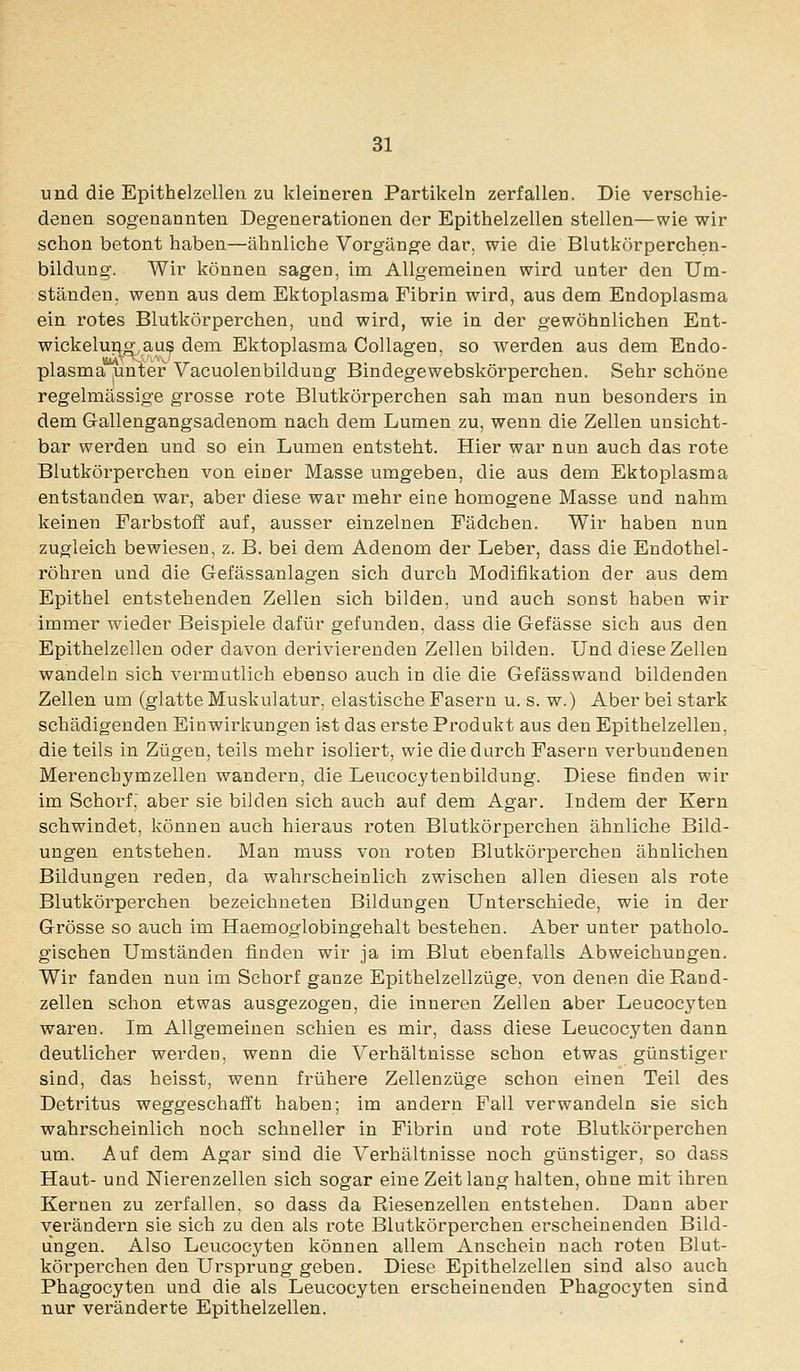 und die Epithelzelleii zu kleineren Partikeln zerfalleu. Die verschie- denen sogenannten Degenerationen der Epithelzellen stellen—wie wir schon betont haben—ähnliche Vorgänge dar, wie die Blutkörperchen- bildung. Wir können sagen, im Allgemeinen wird unter den Um- ständen, wenn aus dem Ektoplasma Fibrin wird, aus dem Endoplasma ein rotes Blutkörperchen, und wird, wie in der gewöhnlichen Ent- wickelui|o^,aus dem Ektoplasma Collagen, so werden aus dem Endo- plasma unter Vacuolenbildung Bindegewebskörperchen. Sehr schöne regelmässige grosse rote Blutkörperchen sah man nun besonders in dem Gallengangsadenom nach dem Lumen zu, wenn die Zellen unsicht- bar werden und so ein Lumen entsteht. Hier war nun auch das rote Blutkörperchen von einer Masse umgeben, die aus dem Ektoplasma entstanden war, aber diese war mehr eine homogene Masse und nahm keinen Farbstoff auf, ausser einzelnen Fädchen. Wir haben nun zugleich bewiesen, z. B. bei dem Adenom der Leber, dass die Endothel- röhren und die Gefässanlagen sich durch Modifikation der aus dem Epithel entstehenden Zellen sich bilden, und auch sonst haben wir immer wieder Beispiele dafür gefunden, dass die Gefässe sich aus den Epithelzellen oder davon derivierenden Zellen bilden. Und diese Zellen wandeln sich vermutlich ebenso auch in die die Gefässwand bildenden Zellen um (glatte Muskulatur, elastische Pasern u. s. w.) Aber bei stark schädigenden Einwirkungen ist das erste Produkt aus den Epithelzellen, die teils in Zügen, teils mehr isoliert, wie die durch Fasern verbundenen Merenchymzellen wandern, die Leucocytenbildung. Diese finden wir im Schorf, aber sie bilden sich auch auf dem Agar. Indem der Kern schwindet, können auch hieraus roten Blutkörperchen ähnliche Bild- ungen entstehen. Man muss von roten Blutkörperchen ähnlichen Bildungen reden, da wahrscheinlich zwischen allen diesen als rote Blutkörperchen bezeichneten Bildungen Unterschiede, wie in der Grösse so auch im Haemoglobingehalt bestehen. Aber unter patholo- gischen Umständen finden wir ja im Blut ebenfalls Abweichungen. Wir fanden nun im Schorf ganze Epithelzellzüge, von denen die Rand- zellen schon etwas ausgezogen, die inneren Zellen aber Leucocyten waren. Im Allgemeinen schien es mir, dass diese Leucocyten dann deutlicher werden, wenn die Verhältnisse schon etwas günstiger sind, das heisst, wenn frühere Zellenzüge schon einen Teil des Detritus weggeschafft haben; im andern Fall verwandeln sie sich wahrscheinlich noch schneller in Fibrin und rote Blutkörperchen um. Auf dem Agar sind die Verhältnisse noch günstiger, so dass Haut- und Nierenzellen sich sogar eine Zeit lang halten, ohne mit ihren Kernen zu zerfallen, so dass da Riesenzellen entstehen. Dann aber verändern sie sich zu den als rote Blutkörperchen erscheinenden Bild- ungen. Also Leucocyten können allem Anschein nach roten Blut- körperchen den Ursprung geben. Diese Epithelzellen sind also auch Phagocyten und die als Leucocyten ei-scheinenden Phagocyten sind nur veränderte Epithelzellen.