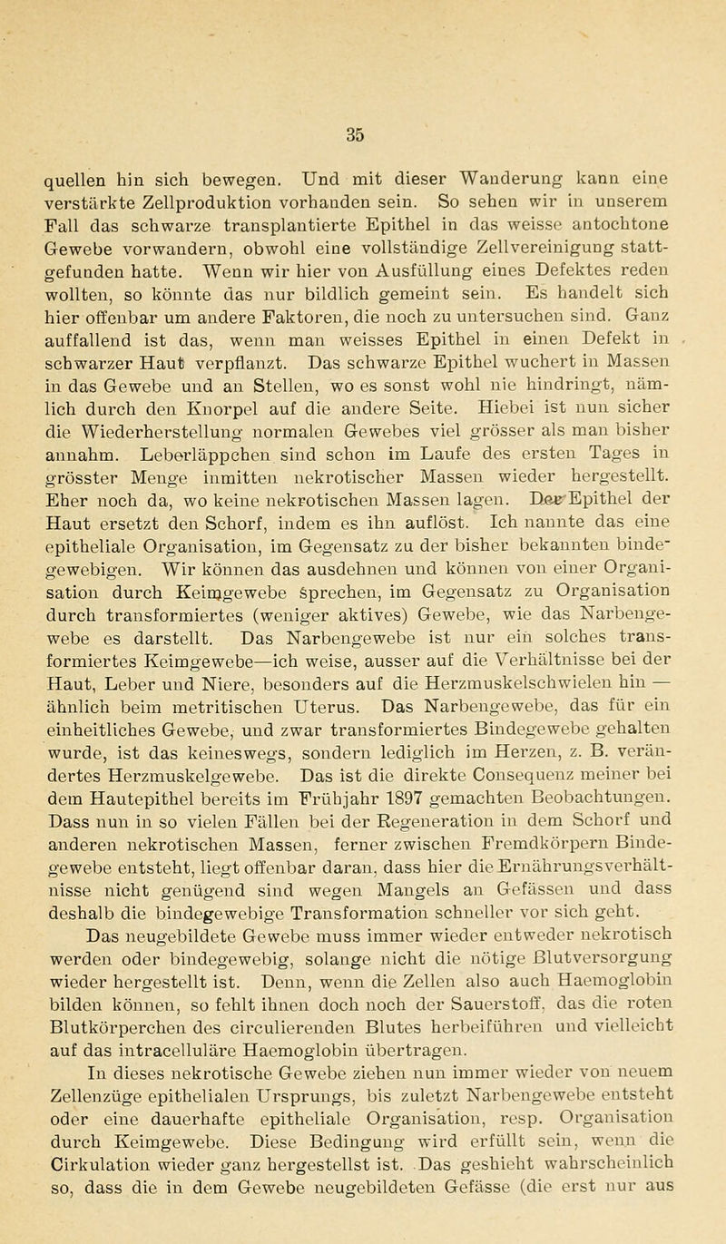 quellen hin sich bewegen. Und mit dieser Wanderung kann eine verstärkte Zellproduktion vorhanden sein. So sehen wir in unserem Fall das schwarze transplantierte Epithel in das weisse antochtone Gewebe vorwandern, obwohl eine vollständige Zellvereinigung statt- gefunden hatte. Wenn wir hier von Ausfüllung eines Defektes reden wollten, so könnte das nur bildlich gemeint sein. Es handelt sich hier offenbar um andere Faktoren, die noch zu untersuchen sind. Ganz auffallend ist das, wenn man weisses Epithel in einen Defekt in schwarzer Haut verpflanzt. Das schwarze Epithel wuchert in Massen in das Gewebe und an Stellen, wo es sonst wohl nie hindringt, näm- lich durch den Knorpel auf die andere Seite. Hiebei ist nun sicher die Wiederherstellung normalen Gewebes viel grösser als man bisher annahm. Leberläppchen sind schon im Laufe des ersten Tages in grösster Menge inmitten nekrotischer Massen wieder hergestellt. Eher noch da, wo keine nekrotischen Massen lagen. Djee^Epithel der Haut ersetzt den Schorf, indem es ihn auflöst. Ich nannte das eine epitheliale Organisation, im Gegensatz zu der bisher bekannten binde- gewebigen. Wir können das ausdehnen und können von einer Organi- sation durch Keinjgewebe Sprechen, im Gegensatz zu Organisation durch transformiertes (weniger aktives) Gewebe, wie das Narbenge- webe es darstellt. Das Narbengewebe ist nur eiii solches trans- formiertes Keimgewebe—ich weise, ausser auf die Verhältnisse bei der Haut, Leber und Niere, besonders auf die Herzmuskelschwielen hin — ähnlich beim metritischen Uterus. Das Narbengewebe, das für ein einheitliches Gewebe, und zwar transformiertes Bindegewebe gehalten wurde, ist das keineswegs, sondern lediglich im Herzen, z. B. verän- dertes Herzmuskelgewebe. Das ist die direkte Consequenz meiner bei dem Hautepithel bereits im Frühjahr 1897 gemachten Beobachtungen. Dass nun in so vielen Fällen bei der Regeneration in dem Schorf und anderen nekrotischen Massen, ferner zwischen Fremdkörpern Binde- gewebe entsteht, liegt offenbar daran, dass hier die Ernährungsverhält- nisse nicht genügend sind wegen Mangels an Gefässen und dass deshalb die bindegewebige Transformation schneller vor sich geht. Das neugebildete Gewebe muss immer wieder entweder nekrotisch werden oder bindegewebig, solange nicht die nötige ßlutvei'sorgung wieder hergestellt ist. Denn, wenn die Zellen also auch Haemoglobin bilden können, so fehlt ihnen doch noch der Sauerstoff, das die roten Blutkörperchen des circulierenden Blutes herbeiführen und vielleicht auf das intracelluläre Haemoglobin übertragen. In dieses nekrotische Gewebe ziehen nun immer wieder von neuem Zellenzüge epithelialen Ursprungs, bis zuletzt Narbengewebe entsteht oder eine dauerhafte epitheliale Organisation, resp. Organisation durch Keimgewebe. Diese Bedingung wird erfüllt sein, wenn die Cirkulation wieder ganz hergestellst ist. Das geshieht wahrscheinlich so, dass die in dem Gewebe neugebildeten Gefässe (die erst nur aus