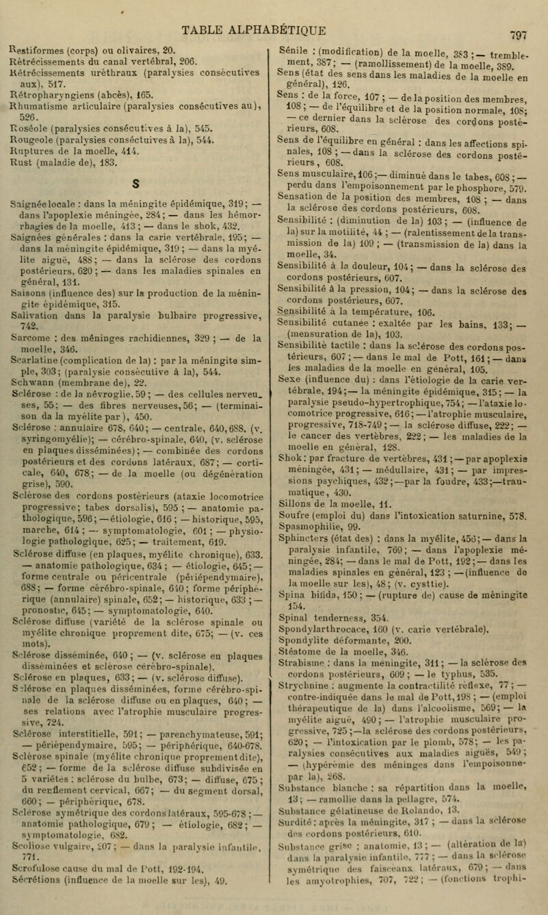 797 Restiformes (corps) ou olivaires, 20. Rétrécissements du canal vertébral, 206. Kétrécissements uréthraux (paralysies consécutives aux), 517. Rétropharyngiens (abcès), 165. Rhumatisme articulaire (paralysies consécutives au), 526. Tîoséole (paralysies consécutives à la), 545. Rougeole (paralysies conséctuivesà la), 544. Ruptures de la moelle, 414. Rust (maladie de), 183. Saignée locale : dans la méningite épidémique, 319; — dans l'apoplexie méningée, 584;— dans les héinor- rhagies de la moelle, 413 ; — dans le shok, 432. Saignées générales : dans la carie vertébrale. 195; — dans la méningite épidémique, 319 ; — dans la myé- lite aiguë, 488; — dans la sclérose des cordons postérieurs, 620 ; — dans les maladies spinales en général, 131. Saisons (influence des) sur la production de la ménin- gite épidémique, 315. Salivation dans la paralysie bulbaire progressive, 742. Sarcome : des méninges rachidiennes, 329 ; — de la moelle, 346. Scarlatine (complication de la) : parla méningite sim- ple, 303; (paralysie consécutive à la), 544. Schwann (membrane de), 22. Sclérose : de la névroglie. 59 ; — des cellules nerveu. ses, 55; — des fibres nerveuses, 56; — (terminai- son da la myélite par), 450. Sclérose : annulaire 678, 640; — centrale, 640,688, (v. syringomyélie); — cérébro-spinale, 640, (v, sclérose en plaques disséminées) ; — combinée des cordons postérieurs et des cordons latéraux, 687; — corti- cale, 040, 678; — de la moelle (ou dégénération grise), 590. Sclérose des cordons postérieurs (ataxie locomotrice progressive; tabès dorsalis), 595;— anatomie pa- thologique, 596; —étiologie, 616; —historique, 595, marche, 614 ; — symptomatologie, 601 ; — physio- logie pathologique, 625;— traitement, 619. Sclérose diffuse (en plaques, myélite chronique), 633. — anatomie pathologique, 634 ; — étiologie, 645; — forme centrale ou péricentrale (péiiépendymaire), 088; — forme cérébro-spinale, 640; forme périphé- rique (annulaire) spinale, 652; — historique, 633 ; — pronostic, 645;— symptomatologie, 640. Sclérose ditiuse (variété de la sclérose spinale ou myélite chronique proprement dite, 673; — (v. ces mots). Sclérose disséminée, 040; — (v. sclérose en plaques disséminées et sclérose cérébro-spinale). Sclérose en plaques, 633; — (v. sclérose diffuse). Sclérose en plaques disséminées, forme cérébro-spi- nale de la sclérose ditfuse ou en plaques, 640; — ses relations avec l'atrophie musculaire progres- sive, 724. Sclérose interstitielle, 591 ; — parenchymateuse, 591; — périépendymaire, 595; — périphérique, 640-678. Sclérose spinale (myélite chronique proprementdite), €52 ; — forme de la sclérose diffuse subdivisée en 5 variétés : sclérose du bulbe, 673; — ditiuse, 675; du renflement cervical, 667; — du segment dorsal, 660; — périphérique, 678. Sclérose symétrique des cordons latéraux, 595-678 ; — anatomie pathologique, 679; — étiologie, 682; — symptomatologie, 682. Scoliose vulgaire, i07 ; — dans la paralysie infantile, 771. Scrofulose cause du mal de l'ott, 192-194. Sécrétions (influence de la moelle sur les), 49. Sénile : (modification) de la moelle, 3S3 ;_ tremble- ment, 387; — (ramollissement) de la moelle, 3S9. Sens (état des sens dans les maladies de la moelle en général), 126. ^7^ ■ ^^ \^ foi'ce, 107 ; - de la position des membres, 108 ; — de l'équilibre et de la position normale, 108; — ce dernier dans la sclérose des cordons posté- rieurs, 608. ■ Sens de l'équilibre en général : dans les affections spi- nales, 108;—dans la sclérose des cordons posté- rieurs, 608. Sens musculaire, i06 ;— diminué dans le tabès, 603 ; — perdu dans Tenipoisonnement par le phosphore, 579. Sensation de la position des membres, 108; —dans la sclérose des cordons postérieurs, 608. Sensibilité : (diminution de la) 103 ; — (influence de la) sur la motiUté, 44 ; — (ralentissement de la trans- mission de la) 109 ; — (transmission de la) dans la moelle, 34. Sensibilité à la douleur, 104; — dans la sclérose des cordons postérieurs, 607. Sensibilité à la pression, 104; — dans la sclérose des cordons postérieurs, 607. Sensibilité à la température, 106. Sensibilité cutanée : exaltée par les bains, 133- (mensuration de la), 103. Sensibilité tactile : dans la sclérose des cordons pos- térieurs, 607 ; — dans le mal de Pott, 161 ; — dans les maladies de la moelle en général, 105. Sexe (influence du) : dans l'étiologie de la carie ver- tébrale, 194;— la méningite épidémique, 315; — la paralysie pseudo-hypertrophique, 754; —l'ataxie lo- comotrice progressive, 616; — l'atrophie musculaire, progressive, 718-749; — la sclérose difl'use, 222; — le cancer des vertèbres, 222 ; — les maladies de la moelle en général, 128. Shok: par fracture de vertèbres, 431 ; — par apoplexie méningée, 431 ; — médullaire, 431 ; — par impres- sions psychiques, 432;—par la foudre, 433;—trau- matique, 430. Sillons de la moelle, 11. Soufre (emploi du) dans l'intoxication saturnine, 578. Spasmophilie, 99. Sphincters (état des) : dans la myélite, 456;— dans la paralysie infantile, 769; — dans l'apoplexie mé- ningée, 284; —dans le mal de Pott, 192;— dans les maladies spinales en général, 123 ; —(influence de la moelle sur les), 48; (v. cysttie). Spina bilida, 150 ; — (rupture de) cause de méningite 154. Spinal tenderness, 354. Spondylarthrocace, 160 (v. carie vertébrale). Spondylite déformante, 200. Stéatome de la moelle, 346. Strabisme : dans la méningite, 311; —la sclérose des cordons postérieurs, 609; —le typhus, 535. Strychnine ; augmente la contrat'tilité réflexe, 77 ; — contre-indiquée dans le mal de Pott,19S ; — (emploi thérapeutique de la) dans l'alcoolisme, 569;— la myélite aigué, 490;— l'atrophie musculaire pro- gressive, 725 ;—la sclérose des cordons postérieurs, 620; — l'intoxication par le plomb, 578; — les pa- ralysies consécutives aux maladies aiguës, 549 ; — (hypérémie des méninges dans l'empoisonne- par la), 268. Substance blanche : sa répartition dans la moelle, 13; —ramollie dans la pellagre, 574. Substance gélatineuse de Kohindo, l3. Surdité : après la méningite, 317 ; — dans la sclérose des cordons postérieurs, 610. Substance grise ; anatomie, 13 ; — (allèration de la) dans la paralysie infantile, 777 ; — dans la sclérose symétrique des faisceaux latéraux, 679 ; — dnns les amvotrophies, 707, 722; —(fonctions trophi-