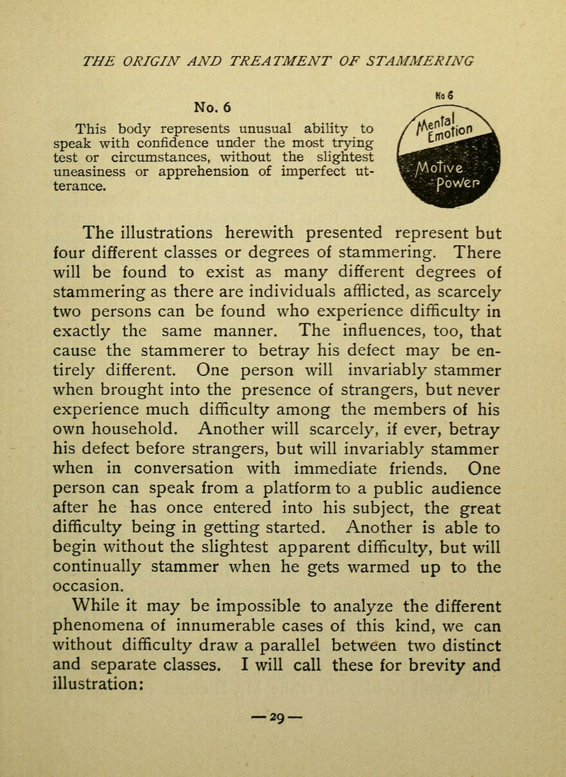 No 6 No. 6 This body represents unusual ability to speak with confidence under the most trying test or circumstances, without the slightest uneasiness or apprehension of imperfect ut- terance. .'/Motive : V '•--•pbWcp The illustrations herewith presented represent but four different classes or degrees of stammering. There will be found to exist as many different degrees of stammering as there are individuals afflicted, as scarcely two persons can be found who experience difficulty in exactly the same manner. The influences, too, that cause the stammerer to betray his defect may be en- tirely different. One person will invariably stammer when brought into the presence of strangers, but never experience much difficulty among the members of his own household. Another will scarcely, if ever, betray his defect before strangers, but will invariably stammer when in conversation with immediate friends. One person can speak from a platform to a public audience after he has once entered into his subject, the great difficulty being in getting started. Another is able to begin without the slightest apparent difficulty, but will continually stammer when he gets warmed up to the occasion. While it may be impossible to analyze the different phenomena of innumerable cases of this kind, we can without difficulty draw a parallel between two distinct and separate classes. I will call these for brevity and illustration: