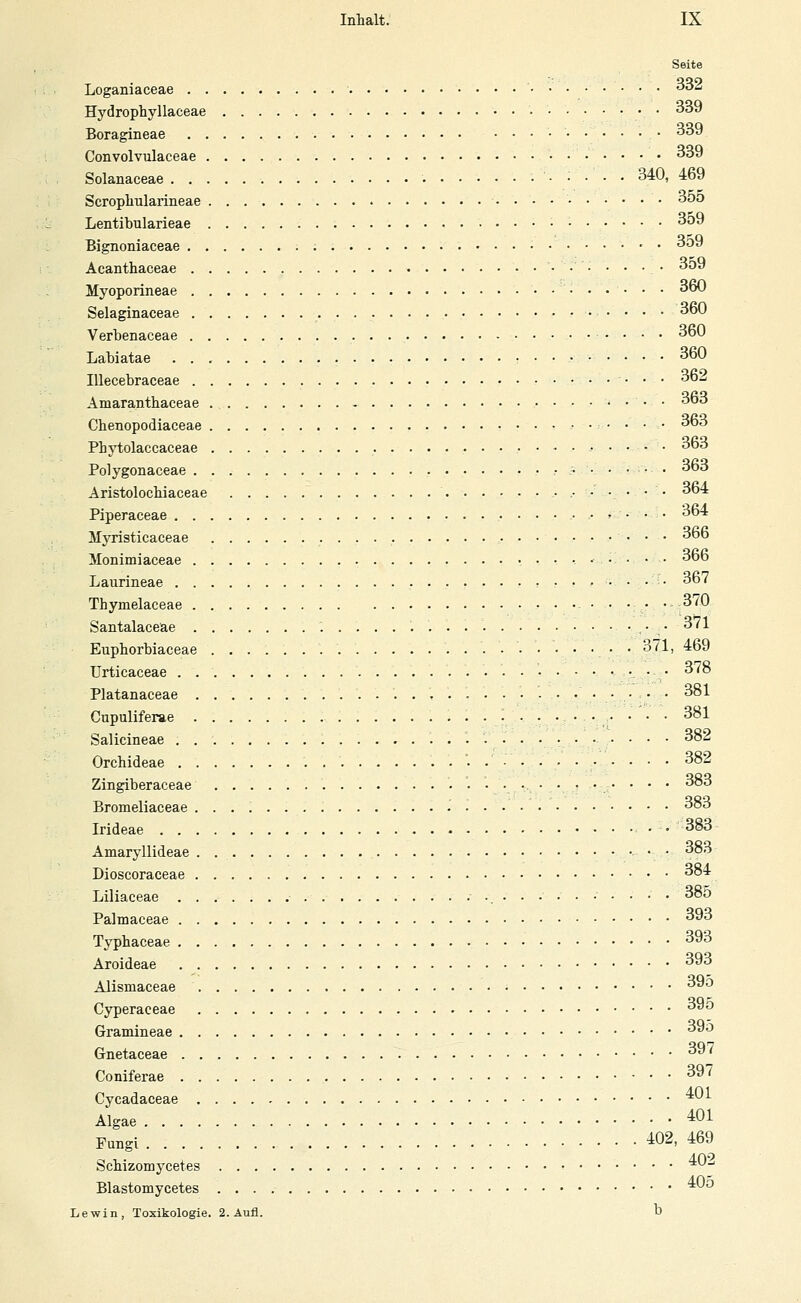 Seite Loganiaceae ^32 Hydrophyllaceae • • 339 Boragineae • ^^ Convolvulaceae ^^^ Solanaceae : . . . 340, 469 Scropliularineae 355 Lentibularieae 359 Bignoniaceae • • • 3d9 Acanthaceae 359 Myoporineae 360 Selaginaceae 360 Verbenaceae 360 Labiatae 360 lUecebraceae 36-. Amaranthaceae 36o Chenopodiaceae o6o Phytolaccaceae • • 3do Polygonaceae 36o Aristolochiaceae 364 Piperaceae 364 Myristicaceae 366 Monimiaceae 366 Laurineae 367 Thymelaceae . . . . .370 Santalaceae '.......... • • • • ^'^^ Euphorbiaceae • • 371, 469 Urticaceae . , • • 378 Platanaceae 381 Cupuliferae .. . . . ,. • • • 381 Salicineae 382 Orchideae 382 Zingiberaceae ............. 383 Bromellaceae - 383 Irideae • • 383 Amaryllideae • • 383 Dioscoraceae 384 Liliaceae 38ö Palmaceae 393 Typhaceae 393 Aroideae 393 Alismaceae 39o Cyperaceae 390 Gramineae 39o Crnetaceae 39 ^ Coniferae 39^ Cycadaceae '^^^ Algae 401 Fungi i02, 469 Schizomycetes ^ '*^-' Blastomycetes ^^^ Lewin, Toxikologie. 2. Aufl. b