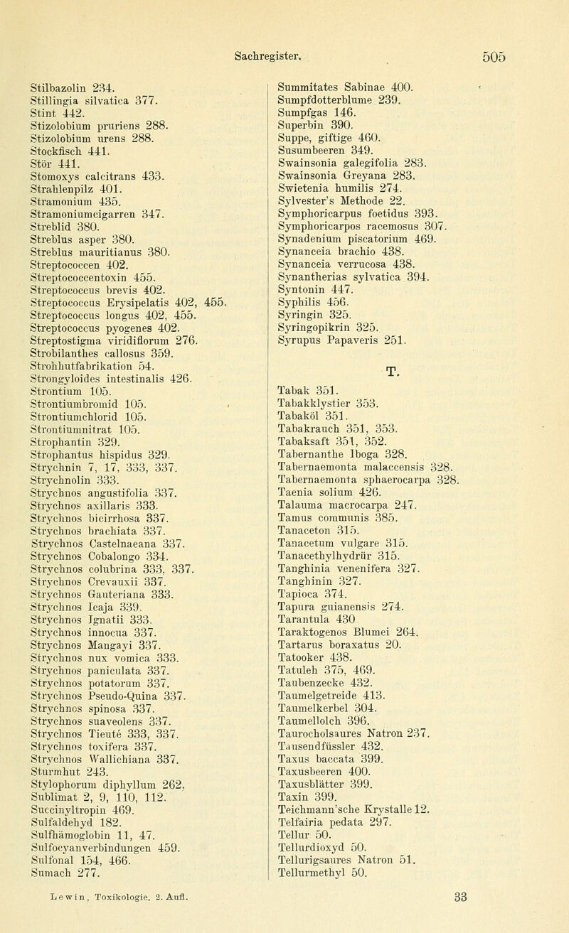Stilbazolin 234. Stillingia silvatica 377. Stint 442. Stizolobium pruriens 288. Stizolobium iirens 288. Stockfisch 441. Stör 441. Stomoxys calcitrans 433. Strahlenpilz 401. Stramoninm 435. Stramoniumcigarren 347. Streblid 380. Streblus asper 380. Streblus mauritianns 380. Streptococcen 402. Streptococcentoxin 455. Streptococcus brevis 402. Streptococcus Erysipelatis 402, 455. Streptococcus longus 402, 455. Streptococcus pyogenes 402. Streptostigma viridiflorum 276. Strobilanthes callosus 359. Strohhutfabrikation 54. Strongyloides intestinalis 426. Strontium 105. Strontiumbromid 105. Strontiumchlorid 105. Stroutiumnitrat 105. Strophantin 329. Strophantus hispidus 329. Strychnin 7, 17, 333, 337. Strychnolin 333. Strychnos angustifolia 337. Strychnos axillaris 333. Strychnos bicirrhosa 337. Strychnos brachiata 337. Strychnos Castelnaeana 337. Strychnos Cobalongo 334. Strychnos colubrina 333, 337. Strychnos Crevauxii 337. Strychnos Gauteriana 333. Strychnos Icaja 339. Strychnos Tgnatii 333. Strychnos innocua 337. Strychnos Mangayi 837. Strychnos nux vomica 333. Strychnos paniculata 337. Strychnos potatorum 337. Strychnos Pseudo-Quina 337. Strychnos spinosa ,337. Strychnos suaveolens 337. Strychnos Tieute 333, 337. Strj'chnos toxifera 337. Strvchnos Wallichiana 337. Sturmhut 243. Stylophorura diphyllum 262, Sublimat 2, 9, 110, 112. Succinyltropin 469. Sulfaldehyd 182. Sulfhämoglobin 11, 47. Sulfocyanverbindungen 459. Sulfonal 154, 466. Sumach 277. Summitates Sabinae 400. Sumpfdotterblume 239. Sumpfgas 146. Superbin 390. Suppe, giftige 460. Susumbeeren 349. Swainsonia galegifolia 283. Swainsonia Greyana 283. SwietenJa humilis 274. Sylvester's Methode 22. Symphoricarpus foetidus 393. Symphoricarpos racemosus 307. Synadenlum piscatorium 469. Synanceia brachio 438. Synanceia verrucosa 438. Synantherias sylvatica 394. Syntonin 447. Syphilis 456. Syringin 325. Syringopikrin 325. Syrupus Papaveris 251. Tabak 351. Tabakklystier 353. Tabaköl 351. Tabakrauch 351, 353. Tabaksaft 351, 352. Tabernanthe Iboga 328. Tabernaemonta malaccensis 328. Tabernaemonta sphaerocarpa 328. Taenia solium 426. Talauma macrocarpa 247. Tamus communis 385. Tanaceton 315. Tanacetum vulgare 315. Tanacethylhydrür 315. Tanghinia venenifera 327. Tanghinin 327. Tapioca 374. Tapura guianensis 274. Tarantula 430 Taraktogenos Blumei 264. Tartarus boraxatus 20. Tatooker 438. Tatuleh 375, 469. Taubenzecke 432. Taumelgetreide 413. Taumelkerbel 304. Taumellolch 396. Taurocholsaures Natron 237. Tausendfüssler 432. Taxus baccata 399. Taxusbeeren 400. Taxusblätter 399. Taxin 399. Teichmann'sche Krystalle 12. Telfairia pedata 297. Tellur 50. Tellurdioxyd 50. Tellurigsaures Natron 51. Tellurmethyl 50. Lewin, Toxikologie. 2. Aufl. 33