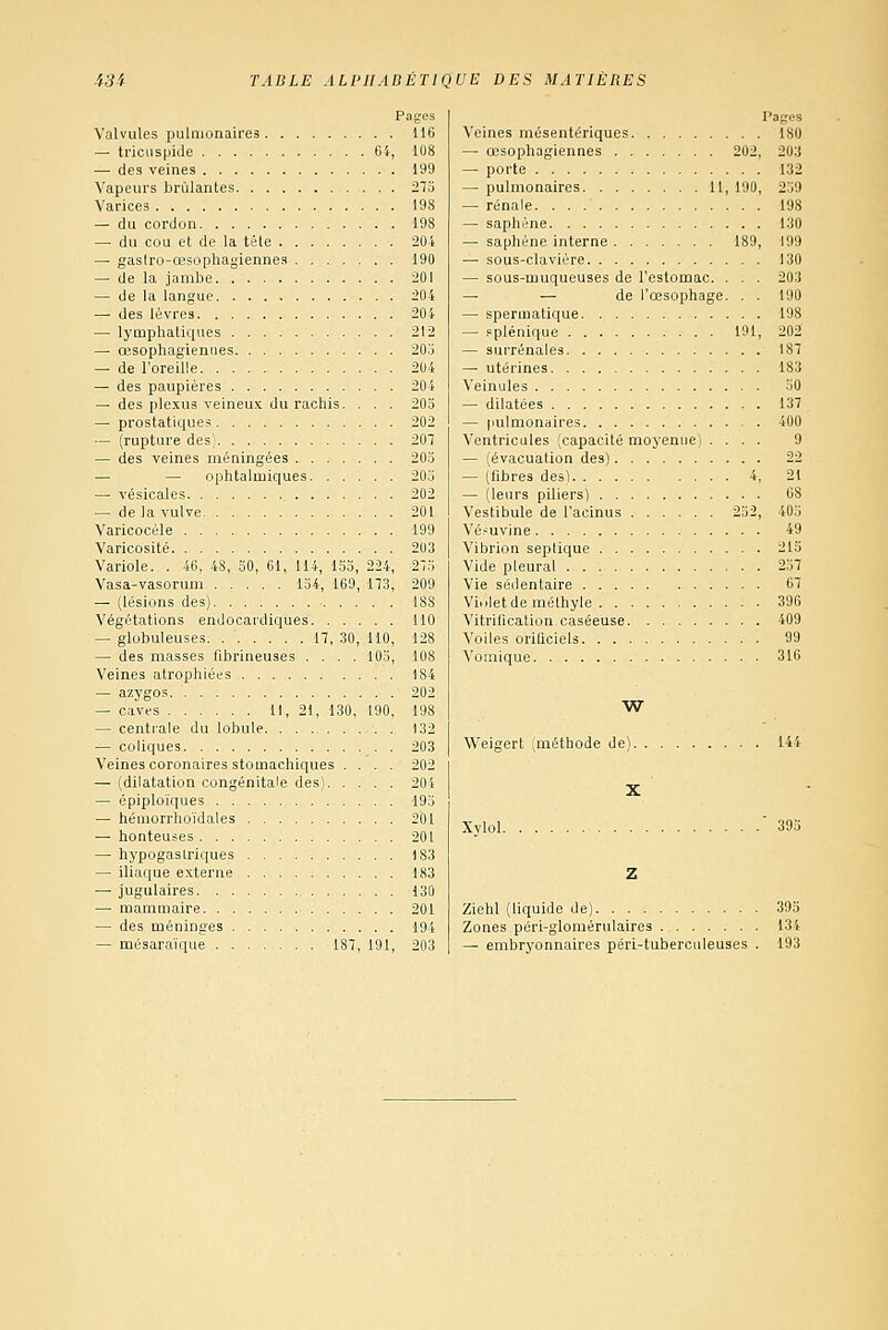 Pages Valvules pulmonaires 116 — triciispide 64, 108 — des veines 199 A'apeurs brûlantes 2T.i Varices 198 — du cordon 198 — du cou et de la tête 204 — gastro-œsophagiennes 190 — de la jambe 201 —■ de la langue 204 — des lèvres 204 — lymphatiques 212 — œsophagiennes — de l'oreille — des paupières — des plexus veineux du rachis. . . — prostatiques — (rupture des} — des veines méningées — — ophtalmiques — vésicales 202 — delà vulve 201 Varicocèle 199 Varicosité 203 Variole. . 46, 48, 30, 61, 114, ISS, 224, 275 Vasa-vasorum 134, 169, 173, 209 — (lésions des) 188 Végétations endocardiqûes HO — globuleuses. n, 30, 110, 128 — des masses fibrineuses .... lOS, 108 Veines atrophiées 184 — azj'gos 202 — caves H, 21, 130, 190, 198 — centi'ale du lobule . 132 — coliques 203 Veines coronaires stomachiques .... 202 — (dilatation congénitale des) 204 — épiploïques 19.'j — hémorrhoïdales 201 — honteuses 201 — hypogaslriques 183 — iliaque externe 183 — jugulaires 130 — mammaire 201 — des méninges 194 — mésaraïque 187, 191, 203 Pages Veines mésentériques 180 — œsophagiennes 202, 203 — porte 132 — pulmonaires 11, 190, 2S9 — rénale 198 — saphéne 130 — saphène interne 189, 199 — sous-claviére 130 — sous-muqueuses de l'estomac. . . . 203 — — de l'œsophage. . . 190 — spermatique 198 — splénique 191, 202 — sui'rénales 187 — utérines 183 Veinules oO — dilatées 137 — pulmonaires 400 Ventricules (capacité moyenne) .... 9 — (évacuation des) 22 — (libres des) 4, 21 — (leurs piliers) C8 Vestibule de l'acinus 232, 405 Vé^uvine 49 Vibrion seplique 215 Vide pleural 237 Vie sédentaire 67 Viuletdeméthyle 396 Vitrification caséeuse 409 Voiles oriûciels 99 Vomique 316 Weigert (méthode de) 144 X Xylol 393 Z Ziehl (liquide de) 395 Zones péri-glomérulaires 134 — embryonnaires péri-tuberciileuses . 193