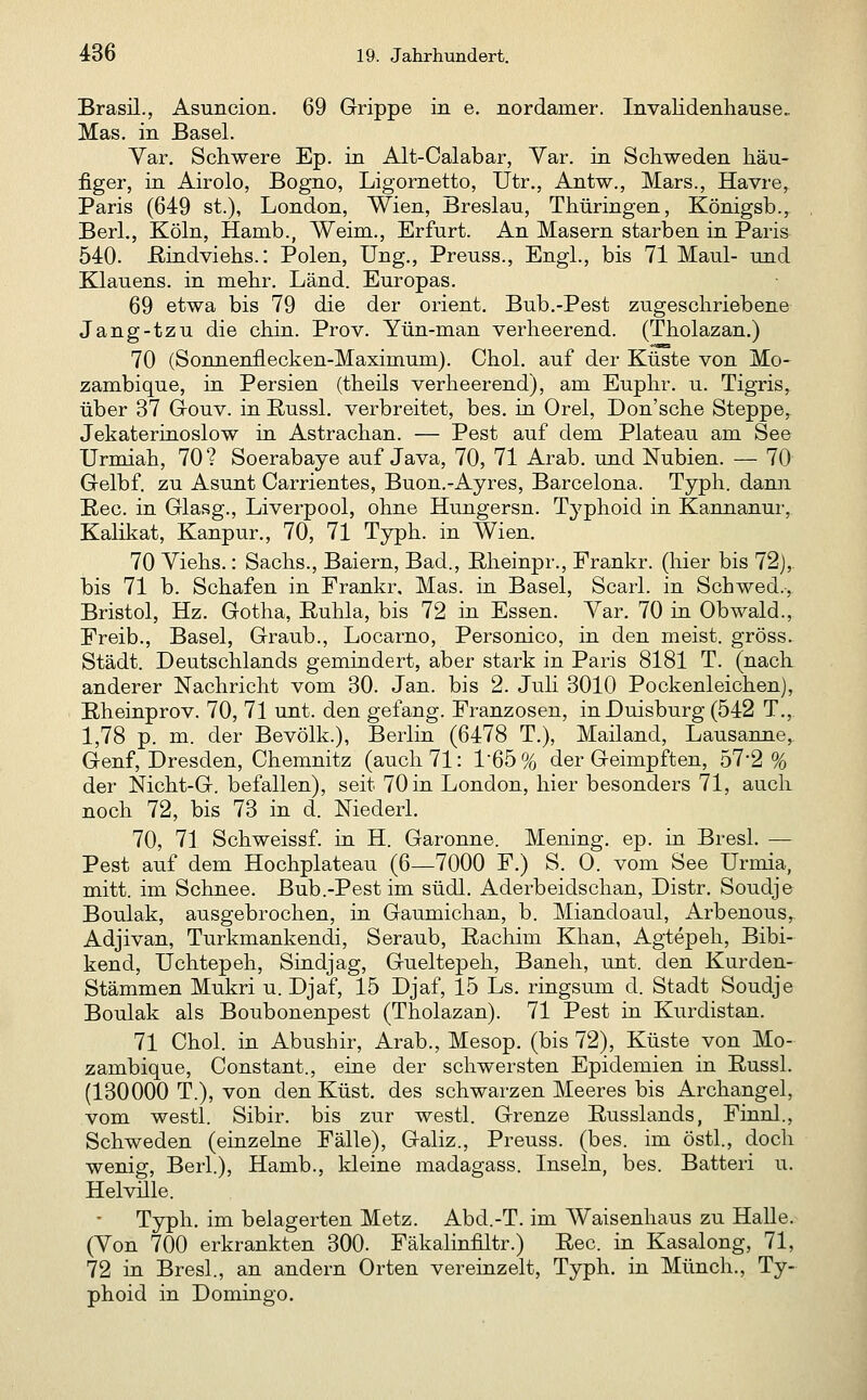 Brasil., Asuncion. 69 Grippe in e. nordamer. Invalidenhause.. Mas. in Basel. Yar. Schwere Ep. in Alt-Calabar, Yar. in Schweden häu- figer, in Airolo, Bogno, Ligornetto, Utr., Antw., Mars., Havre, Paris (649 st.), London, Wien, Breslau, Thüringen, Königsb., Berl., Köln, Hamb., Weim., Erfurt. An Masern starben in Paris 540. ßindviehs.: Polen, Ung., Preuss., Engl., bis 71 Maul- und Klauens. in mehr. Land. Europas. 69 etwa bis 79 die der Orient, Bub.-Pest zugeschriebene Jang-tzu die chin. Prov. Yün-man verheerend. (Tholazan.) 70 (Sonnenflecken-Maximum). Chol, auf der Küste von Mo- zambique, in Persien (theils verheerend), am Euphr. u. Tigris, über 37 G-ouv. in Russl. verbreitet, bes. in Orel, Don'sche Steppe, Jekaterinoslow in Astrachan. — Pest auf dem Plateau am See Urmiah, 70? Soerabaye auf Java, 70, 71 Arab. und Nubien. — 70 Gelbf. zu Asunt Carrientes, Buon.-Ayres, Barcelona. Typh. dann E,ec. in Glasg., Liverpool, ohne Hungersn. Typhoid in Kannanur, Kalikat, Kanpur., 70, 71 Typh. in Wien. 70 Yiehs.: Sachs., Baiern, Bad., ßheinpr., Prankr. (hier bis 72), bis 71 b. Schafen in Frankr. Mas. in Basel, Scarl. in Schwed., Bristol, Hz. Gotha, Ruhla, bis 72 in Essen. Yar. 70 in Obwald., Preib., Basel, Graub., Locarno, Personico, in den meist, gross. Stadt. Deutschlands gemindert, aber stark in Paris 8181 T. (nach anderer Nachricht vom 30. Jan. bis 2. Juh 3010 Pockenleichen), Rheinprov. 70, 71 unt. den gefang. Franzosen, in Duisburg (542 T., 1,78 p. m. der Bevölk.), Berlin (6478 T.), Mailand, Lausanne, Genf, Dresden, Chemnitz (auch 71: 165% der Geimpften, 57-2% der Nicht-G. befallen), seit 70 in London, hier besonders 71, auch noch 72, bis 73 in d. Mederl. 70, 71 Schweissf. in H. Garonne. Mening. ep. in Bresl. — Pest auf dem Hochplateau (6—7000 F.) S. 0. vom See Urmia, mitt. im Schnee. Bub.-Pest im südl. Aderbeidschan, Distr. Soudje Boulak, ausgebrochen, in Gaumichan, b. Miandoaul, Arbenous, Adjivan, Turkmankendi, Seraub, Rachim Khan, Agtepeh, Bibi- kend, Uchtepeh, Sindjag, Gueltepeh, Baneh, unt. den Kurden- Stämmen Mukri u. Djaf, 15 Djaf, 15 Ls. ringsum d. Stadt Soudje Boulak als Boubonenpest (Tholazan). 71 Pest in Kurdistan. 71 Chol, in Abushir, Arab., Mesop. (bis 72), Küste von Mo- zambique, Constant., eine der schwersten Epidemien in Eussl. (130000 T.), von den Küst. des schwarzen Meeres bis Archangel, vom westl. Sibir. bis zur westl. Grenze Eusslands, Finnl., Schweden (einzelne Fälle), Galiz., Preuss. (bes. im östl., doch wenig, Berl.), Hamb., kleine madagass. Inseln, bes. Batteri u. Helvüle. Typh, im belagerten Metz. Abd.-T. im Waisenhaus zu Halle. (Yon 700 erkrankten 300. Fäkalinfiltr.) Reo. in Kasalong, 71, 72 in Bresl., an andern Orten vereinzelt, Typh. in Münch., Ty- phoid in Domingo.
