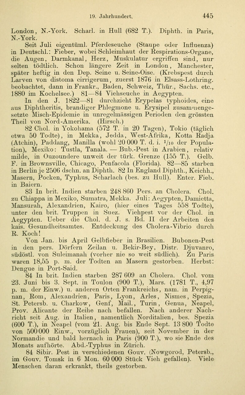 London, N.-York. Scharl. in HuU (682 T.). Diphth. in Paris, N.-York. Seit Juli eigentüml. Pferdeseuche (Staupe oder Influenza) in Deutschi.: Fieber, wobei Schleimhaut der Respirations-Organe, die Augen, Darmkanal, Herz, Muskulatur ergriffen sind, nur selten tödtlich. Schon längere Zeit iu London, Manchester, später heftig in den Dep. Seine u. Seine-Oise. (Krebspest durch Larven von distoma cirrigerum, zuerst 1876 in Elsass-Lothring. beobachtet, dann inFrankr., Baden, Schweiz, Thür., Sachs, etc., 1880 im Kochelsee.) 81—84 Viehseuche in Aegypten. In den J. 1822—81 durchzieht Erypelas typhoides, eine aus Diphtheritis, brandiger Phlegmone u. Erysipel zusammenge- setzte Misch-Epidemie in unregelmässigen Perioden den grössten Theil von Nord-Amerika. (Hirsch.) 82 Chol, in Yokohama (572 T. in 20 Tagen), Tokio (täglich etwa 50 Todte), in Mekka, Jedda, West-Afrika, Kotta ßadja (Atchin), Paddang, Manilla (wohl 20 000 T. d. i. i/io der Popula- tion), Mexiko: Tustla, Tanala. — Bub.-Pest in Arabien, relativ milde, in Ouzoundere unweit der türk. Grenze (155 T.). Gelb. F. in Brownsville, Chicago, Penfacola (Florida). 82—85 starben in Berhn je 2506 dschn. an Diphth, 82 In England Diphth., Keichh., Masern, Pocken, Typhus, Scharlach (bes. zu Hüll). Enter. Fieb. in Baiern. 83 In brit. Indien starben 248 860 Pers. an Cholera. Chol, zu Chiappa in Mexiko, Sumatra, Mekka. Juli: Aegypten, Damietta, Mansurah, Alexandrien, Kairo, (hier eines Tages 558 Todte), unter den brit. Truppen in Suez, Viehpest vor der Chol, in Aegypten. Ueber die Chol. d. J. s. Bd. II der Arbeiten des kais. Gesundheitsamtes. Entdeckung des Cholera-Vibrio durch E. Koch! Von Jan. bis April Gelbfieber in Brasilien. Bubonen-Pest in den pers. Dörfern Zeilan u. Bekir-Bey, Distr. Djuvanro, südöstl. von Suleimanah (vorher nie so weit südlich). Zu Paris waren 18,55 p. m. der Todten an Masern gestorben. Herbst: Dengue in Port-Said. 84 In brit. Indien starben 287 609 an Cholera. Chol, vom 23. Juni bis 3. Sept. in Toulon (900 T.), Mars. (1781 T., 4,97 p, m. der Einw.) u. anderen Orten Prankreichs, nam. in Perpig- nan, Rom, Alexandrien, Paris, Lyon, Arles, Nismes, Spezia, St. Petersb. u. Charkow, Genf, Mail., Turin, Genua, Neapel, Prov. Alicante der Reihe nach befallen. Nach anderer Nach- richt seit Aug. in Italien, namentlich Norditalien, bes. Spezia (600 T.), in Neapel (vom 21. Aug. bis Ende Sept. 13 800 Todte von 500000 Einw., vorzüglich Frauen), seit November in der Normandie und bald hernach in Paris (900 T.), wo sie Ende des Monats aufhörte. Abd.-Typhus in Zürich. 84 Sibir. Pest in verschiedenen Gouv. (Nowgorod, Petersb., im Gouv. Tomsk in 6 Mon. 60 000 Stück Vieh gefallen). Viele Menschen daran erkrankt, theils gestorben.