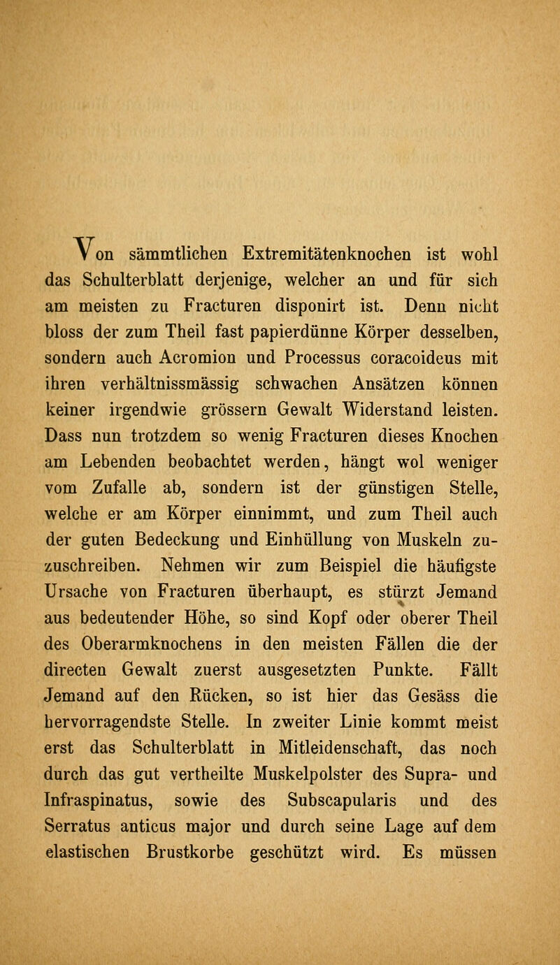das Schulterblatt derjenige, welcher an und für sich am meisten zu Fracturen disponirt ist. Denn nicht bloss der zum Theil fast papierdünne Körper desselben, sondern auch Acromion und Processus coracoideus mit ihren verhältnissmässig schwachen Ansätzen können keiner irgendwie grössern Gewalt Widerstand leisten. Dass nun trotzdem so wenig Fracturen dieses Knochen am Lebenden beobachtet werden, hängt wol weniger vom Zufalle ab, sondern ist der günstigen Stelle, welche er am Körper einnimmt, und zum Theil auch der guten Bedeckung und Einhüllung von Muskeln zu- zuschreiben. Nehmen wir zum Beispiel die häutigste Ursache von Fracturen überhaupt, es stürzt Jemand aus bedeutender Höhe, so sind Kopf oder oberer Theil des Oberarmknochens in den meisten Fällen die der directen Gewalt zuerst ausgesetzten Punkte. Fällt Jemand auf den Rücken, so ist hier das Gesäss die hervorragendste Stelle. In zweiter Linie kommt meist erst das Schulterblatt in Mitleidenschaft, das noch durch das gut vertheilte Muskelpolster des Supra- und Infraspinatus, sowie des Subscapularis und des Serratus anticus major und durch seine Lage auf dem elastischen Brustkorbe geschützt wird. Es müssen