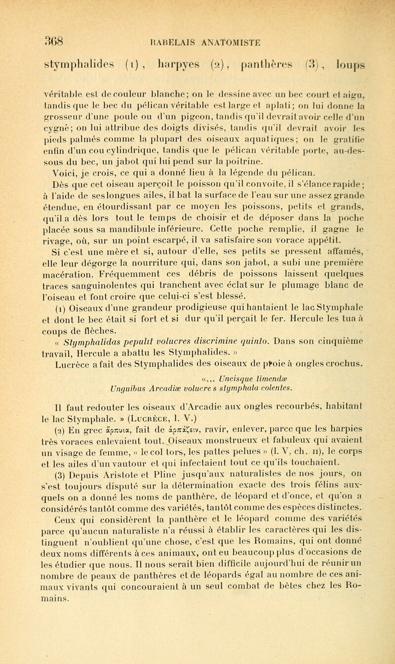 stymphalides (i) , harpyes (ti), panlh^;res (3), loups véritable est de couleur blanche; on le dessine avec un bec court et aigu, tandis que le bec du pélican véritable est large et aplati; on lui donne la grosseur d'une poule ou d'un pigeon, tandis qu'il devrait avoir celle d'un cygne; on lui attribue des doigts divisés, tandis qu'il devrait avoii* les pieds palmés comme la plupart des oiseaux aquatiques; on le gratifie enfin d'un cou cylindrique, tandis que le pélican véritable porte, au-des- sous du bec, un jabot qui lui pend sur la poitrine. Voici, je crois, ce qui a donné lieu à la légende du pélican. Dès que cet oiseau aperçoit le poisson qu'il convoite, il s'élance rapide; à l'aide de ses longues ailes, il bat la surface de l'eau sur une assez grande étendue, en étourdissant par ce moyen lés poissons, petits et grands, qu'il a dès lors tout le temps de choisir et de déposer dans la poche placée sous sa mandibule inférieure. Cette poche remplie, il gagne le rivage, où, sur un point escarpé, il va satisfaire son vorace appétit. Si c'est une mère et si, autour d'elle, ses petits se pressent affamés, elle leur dégorge la nourriture qui, dans son jabot, a subi une première macération. Fréquemment ces débris de poissons laissent quelques traces sanguinolentes qui tranchent avec éclat sur le plumage blanc de l'oiseau et font croire que celui-ci s'est blessé. (i) Oiseaux d'une grandeur prodigieuse qui hantaient le lacStymphale et dont le bec était si fort et si dur qu'il perçait le fer. Hercule les tua à coups de flèches. (( Stytnphalidas pepulil vohicres discrimine quinlo. Dans son cinquième travail. Hercule a abattu les Stymphalides. » Lucrèce a fait des Stymphalides des oiseaux déploie à ongles crochus. «... Uncisque iimendse Unguibus Arcadise volucres stymphala colenies. H faut redouter les oiseaux d'Arcadie aux ongles recourbés, habitant le lac Stymphale. » (Lucrèce, 1. V.) (2) En grec «pnuia, fait de àprcxÇs'.v, ravir, enlever, parce que les harpies très voraces enlevaient tout.JDiseaux monstrueux et fabuleux qui avaient un visage de femme, « le col tors, les pattes pelues » (1. V, ch. 11), le corps et les ailes d'un vautour et qui infectaient tout ce qu'ils touchaient. (3) Depuis Aristote et Pline jusqu'aux naturalistes de nos jours, on s'est toujours disputé sur la détermination exacte des trois félins aux- quels on a donné les noms de panthère, de léopard et d'once, et qu'on a considérés tantôt comme des variétés, tantôt comme des espèces distinctes. Ceux qui considèrent la panthère et le léopard comme des variétés parce qu'aucun naturaliste n'a réussi à établir les caractères qui les dis- tinguent n'oublient qu'une chose, c'est que les Romains, qui ont donné deux noms différents à ces animaux, ont eu beaucoup plus d'occasions de les étudier que nous. H nous serait bien difficile aujourd'hui de réunir un nombre de peaux de panthères et de léopards égal au nombre de ces ani- maux vivants qui concouraient à un seul combat de bêtes chez les Ro- mains.