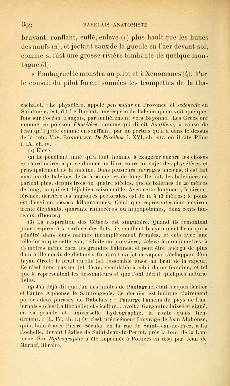 bruyant, ronflant, enflé, enlevé (i) plus hault que les hunes des naufs (2), et jectant eaux de la gueule en Taer devant soi, comme si fûst une grosse rivière tombante de quelque mon- tagne (3). « Pantagruel lemonstra au pilot et àXenomanes (4). Par le conseil du pilot furent sonnées les trompettes de la tha- cachalot. « Le physétère, appelé peis mular en Provence et sedenecle en Saintonge, est, dit Le Duchat, une espèce de baleine qu'on voit quelque- fois sur l'océan françois, particulièrement vers Bayonne. Les Grecs ont nommé ce poisson Physétère, comme qui diroit Souffleur, à cause de l'eau qu'il jette comme en soufflant, par un pertuis qu'il a dans le dessus de la tète. Voy. Rondellet, De Piscibus, 1. XVI, ch. xiv, où il cite Pline 1. IX, ch. IV. )> (1) Élevé. (2) Le penchant inné qu'a tout homme à exagérer encore les choses extraordinaires a pu se donner un libre cours au sujet des physétères et principalement de la baleine. Dans plusieurs ouvrages anciens, il est fait mention de baleines de 5o à 60 mètres de long. De fait, les baleiniers ne parlent plus, depuis trois ou quatre siècles, que de baleines de 20 mètres de long, ce qui est déjà bien raisonnable. Avec cette longueur, la circon- férence, derrière les nageoires pectorales, est de 10 à i3 mètres ; le poids est d'environ iSo.ooo kilogrammes. Celui que représenteraient environ trente éléphants, quarante rhinocéros ou hippopotames, deux cents tau- reaux. (Brehm.) (3) La respiration des Cétacés est singulière. Quand ils remontent pour respirer à la surface des flots, ils soufflent bruyamment l'eau qui a pénétré dans leurs narines incomplètement fermées, et cela avec une telle force que cette eau, réduite en poussière, s'élève à 5 ou 6 mètres, à i3 mètres même chez les grandes baleines, et peut être aperçu de plus d'un mille marin de distance. On dirait un jet de vapeur s'échappant d'un tuyau étroit ; le bruit qu'elle fait ressemble aussi au bruit de la vapeur. Ce n'est donc pas un jet d'eau, semblable à celui d'une fontaine, et tel que le représentent les dessinateurs et que l'ont décrit quelques natura- listes. (4) J'ai déjà dit que l'un des pilotes de Pantagruel était Jacques Cartier et l'autre Alphonse le Saintongeois. Ce dernier est indiqué clairement par ces deux phrases de Rabelais : « Panurge l'amena du pays de Lan- ternois» (c'estLa Rochelle) et« icelluy... avoità Gargantua laissé et signé, en sa grande et universelle hydrographie, la route qu'ils tien- droient. » (L. IV, ch. i.) Or c'est précisément l'ouvrage de Jean Alphonse, qui a habité avec Pierre Sécalar en la rue de Saint-Jean-de-Prez, à La Rochelle, devant l'église de Saint-Jean-du-Perrot, près la tour de la Lan- terne. Son Hydrographie a été imprimée à Poitiers en i559 par Jean de Marnef, libraire.