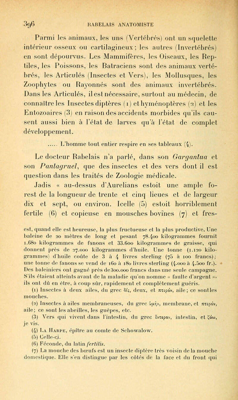 Parmi les animaux, los uns (Vertébrés) ont un squelette intérieur osseux ou cartilagineux ; les autres (Invertébrés) en sont dépourvus. Les Mammifères, les Oiseaux, les Rep- tiles, les Poissons, les Batraciens sont des animaux verté- brés, les Articulés (Insectes et Vers), les Mollusques, les Zoophytes ou Rayonnes sont des animaux invertébrés. Dans les Articulés, il est nécessaire, surtout au médecin, de connaître les Insectes diptères (1) et hyménoptères (2) et les Entozoaires (3) en raison des accidents morbides qu'ils cau- sent aussi bien à l'état de larves qu'à l'état de complet développement. L'homme tout entier respire en ses tableaux (4). Le docteur Rabelais n'a parlé, dans son Gargantua et son Pantagruel^ que des insectes et des vers dont il est question dans les traités de Zoologie médicale. Jadis (( au-dessus d'Aurelians estoit une ample fo- rest de la longueur de trente et cinq lieues et de largeur dix et sept, ou environ. Icelle (5) estoit horriblement fertile (6) et copieuse en mousches bovines (7) et fres- est, quand elle est heureuse, la plus fructueuse et la plus productive. Une baleine de 20 mètres de long et pesant 78.400 kilogrammes fournit 1.680 kilogrammes de fanons et 33.600 kilogrammes de graisse, qui donnent près de 27.000 kilogrammes d'huile. Une tonne (1.120 kilo- grammes) d'huile coûte de 3 à 4 livres sterling (75 à 100 francs); une tonne de fanons se vend de 160 à 180 livres sterling (4.000 à 4-5oo fr.). Des baleiniers ont gagné près de3oo.000 francs dans une seule campagne. S'ils étaient atteints avant de la maladie qu'on nomme « faulte d'argent ») ils ont dû en être, à coup sûr, rapidement et complètement guéris. (1) Insectes à deux ailes, du grec 8{;, deux, et ntspdv, aile; ce sontles mouches. (2) Insectes à ailes membraneuses, du grec u[xr|V, membrane, et Tïxspov, aile; ce sont les abeilles, les guêpes, etc. (3) Vers qui vivent dans l'intestin, du grec 'évtepov, intestin, et Ço'w, je vis. (4) La Harpe, épître au comte de Schovs^alow. (5) Celle-ci. (6) Féconde, du latin ferlilis. (7) La mouche des bœufs est un insecte diptère très voisin delà mouche domestique. Elle s'en distingue par les côtés de la face et du front qui