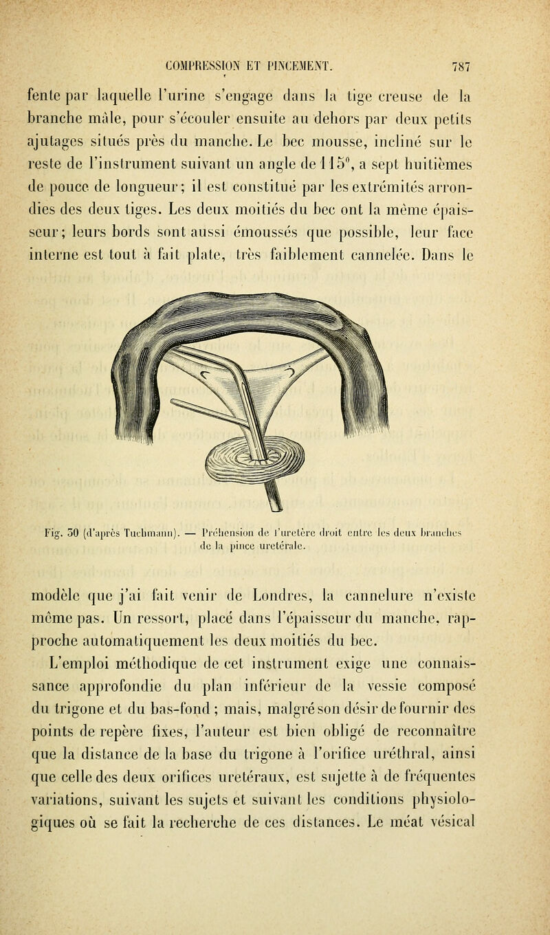 fente par laquelle l'urine s'engage clans la tige creuse de la branche mâle, pour s'écouler ensuite au dehors par deux petits ajutages situés près du manche. Le bec mousse, incliné sur le reste de l'instrument suivant un angle de 115, a sept huitièmes de pouce de longueur; il est constitué par les extrémités arron- dies des deux tiges. Les deux moitiés du bec ont la même épais- seur; leurs bords sont aussi émoussés que possible, leur face interne est tout à fuit plate, très faiblement cannelée. Dans le Fig. 30 (d'après Tuclimiimi). — Prciiensiou de l'urclèrc droit entre les deux branches de la pince uretéraie. modèle que j'ai fait venir de Londres, la cannelure n'existe même pas. Un ressoi't, placé dans l'épaisseur du manche, rap- proche automatiquement les deux moitiés du bec. L'emploi méthodique de cet instrument exige une connais- sance approfondie du plan inférieur de la vessie composé du trigone et du bas-fond ; mais, malgré son désir de fournir des points de repère fixes, l'auteur est bien obligé de reconnaître que la distance de la base du trigone h l'orifice uréthral, ainsi que celle des deux orifices uretéraux, est sujette à de fréquentes variations, suivant les sujets et suivant les conditions physiolo- giques où se fait la recherche de ces distances. Le méat vésical