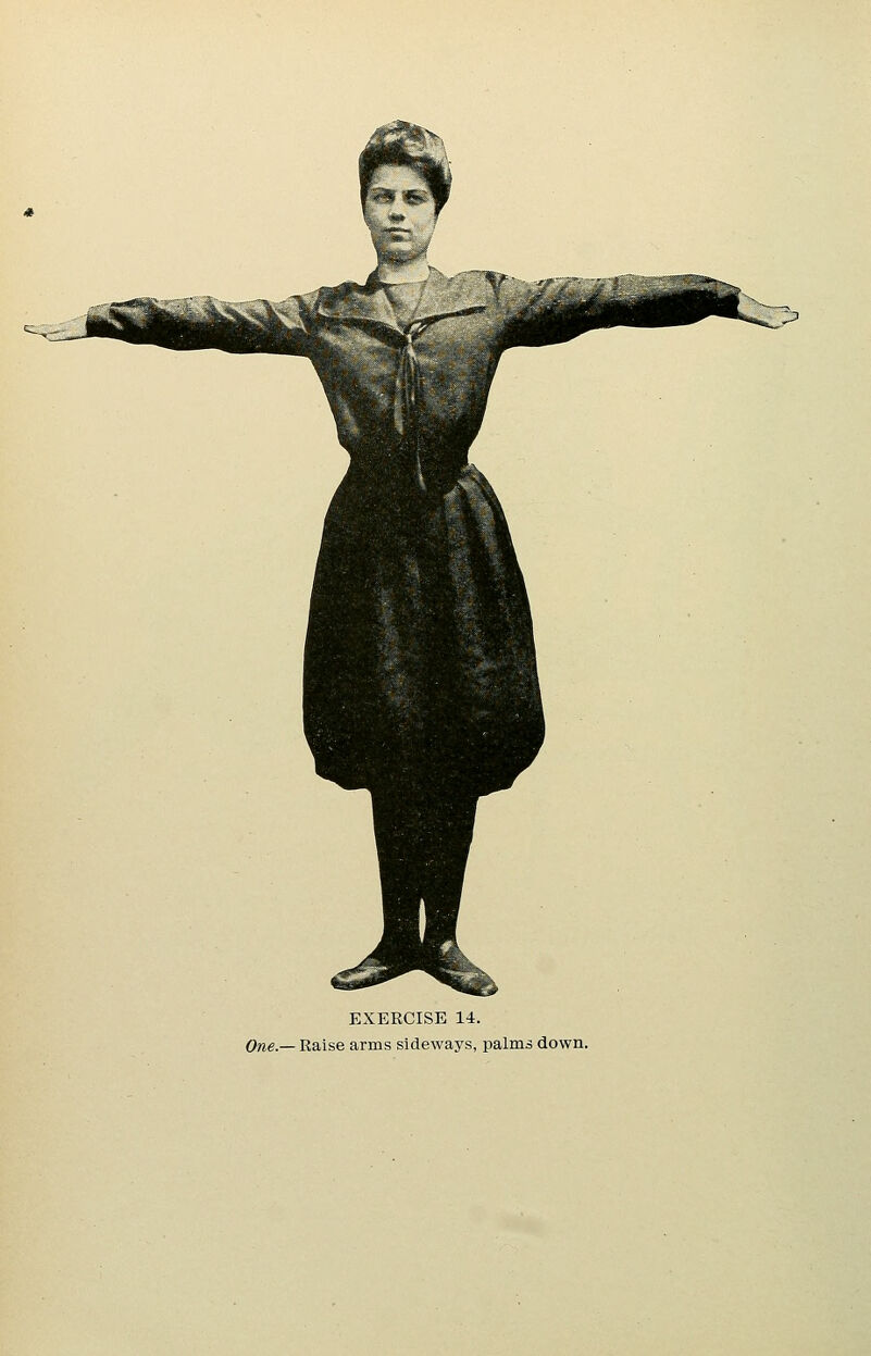 One.— Raise arms sideways, palms down.