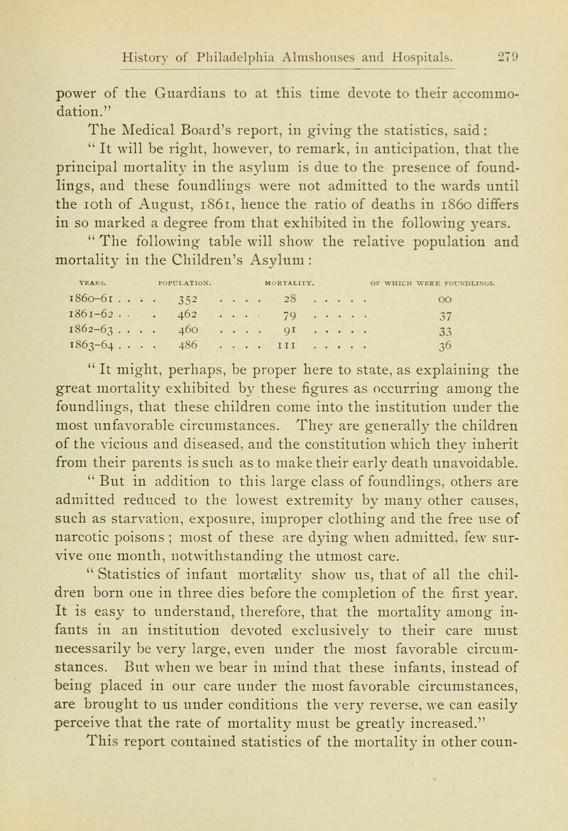 power of the Guardians to at this time devote to their accommo- dation. The Medical Board's report, in giving the statistics, said:  It will be right, however, to remark, in anticipation, that the principal mortality in the asylum is due to the presence of found- lings, and these foundlings were not admitted to the wards until the loth of August, 1861, hence the ratio of deaths in i860 differs in so marked a degree from that exhibited in the following years.  The following table will show the relative population and mortality in the Children's Asylum : YEARS. POPULATION. MORTALITY. OF WHICH WERE FOUNDLINGS. 1860-61 .... 352 .... 28 00 1861-62 . . - . 462 ..... 79 37 1862-63 ..... 460 .... 91 33 1863-64. . . . 486 .... Ill 36  It might, perhaps, be proper here to state, as explaining the great mortality exhibited by these figures as occurring among the foundlings, that these children come into the institution under the most unfavorable circumstances. They are generally the children of the vicious and diseased, and the constitution which they inherit from their parents is such as to make their early death unavoidable.  But in addition to this large class of foundlings, others are admitted reduced to the lowest extremity by many other causes, such as starvation, exposure, improper clothing and the free use of narcotic poisons ; most of these are dying when admitted, few sur- vive one month, notwithstanding the utmost care.  Statistics of infant mortality show us, that of all the chil- dren born one in three dies before the completion of the first year. It is easy to understand, therefore, that the mortality among in- fants in an institution devoted exclusively to their care must necessarily be very large, even under the most favorable circum- stances. But when we bear in mind that these infants, instead of being placed in our care under the most favorable circumstances, are brought to us under conditions the very reverse, we can easily perceive that the rate of mortality must be greatly increased. This report contained statistics of the mortality in other coun-