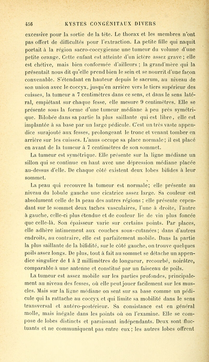 excessive pour la sortie de la tête. Le thorax et les membres n'ont pas ofTert de difficultés pour l'extraction. La petite fille qui naquit portait à la région sacro-coccygienne une tumeur du volume d'une petite orange. Cette enfant est atteinte d'un ictère assez grave ; elle est chétive, mais bien conformée d'ailleurs ; la grand'mère qui la présentait nous dit qu'elle prend bien le sein et se nourrit d'une façon convenable. S'étendant en hauteur depuis le sacrum, au niveau de son union avec le coccyx, jusqu'en arrière vers le tiers supérieur des cuisses, la tumeur a 7 centimètres dans ce sens, et dans le sens laté- ral, empiétant sur chaque fesse, elle mesure 9 centimètres. Elle se présente sous la forme d'une tumeur médiane à peu près symétri- que. Bilobée dans sa partie la plus saillante qui est libre, elle est implantée à sa base par un large pédicule. C'est un très vaste appen- dice surajouté aux fesses, prolongeant le tronc et venant tomber en arrière sur les cuisses. L'anus occupe sa place normale; il est placé en avant de la tumeur à 7 centimètres de son sommet. La tumeur est symétrique. Elle présente sur la ligne médiane un sillon qui se continue en haut avec une dépression médiane placée au-dessus d'elle. De chaque côté existent deux lobes bifides à leur sommet. La peau qui recouvre la tumeur est normale; elle présente au niveau du lobule gauche une cicatrice assez large. Sa couleur est absolument celle de la peau des autres régions ; elle présente cepen- dant sur le sommet deux taches vasculaires, l'une à droite, l'autre à gauche, celle-ci plus étendue et de couleur lie de vin plus foncée que celle-lcà. Son épaisseur varie sur certains points. Par places, elle adhère intimement aux couches sous-cutanées; dans d'autres endroits, au contraire, elle est parfaitement mobile. Dans la partie la plus saillante de la bifîdité, sur le côté gauche, on trouve quelques poils assez longs. De plus, tout à fait au sommet se détache un appen- dice singulier de 1 à 2 millimètres de longueur, recourbé, noirâtre, comparable à une antenne et constitué par un faisceau de poils. La tumeur est assez mobile sur les parties profondes, principale- ment au niveau des fesses, où elle peut jouer facilement sur les mus- cles. Mais sur la ligne médiane on sent sur sa base comme un pédi- cule qui la rattache au coccyx et qui limite sa mobilité dans le sens transversal et antéro-postérieur. Sa consistance est en général molle, mais inégale dans les points où on l'examine. Elle se com- pose de lobes distincts et paraissant indépendants. Deux sont fluc- tuants et ne communiquent pas entre eux ; les autres lobes offrent