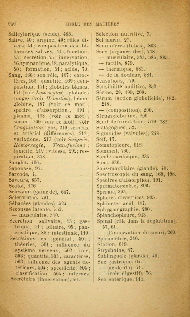 Salicvlurique (acide), 483. Salive, 40; origine. 40; rôles di- vers, 41: composition des dif- férentes salives. 44 ; fonction 43; sécrétion, 45 : innervation 46:tympanique,48: paralytique 50: formation, 51; acide. 70. Sang, 166: son rôle, 167; carac- tères, 168: quantité, 169; com- position, 171: globules blancs. 171 i\o\v Leucocytes : globules rouges (voir Hématies): hémo- globine, 187 (voir ce mot) : spectre d'absorption , 191 ; plasma, 198 (voir ce mot) : sérum. *200 voir ce mot); voir Coagulation ; gaz, 210; veineux et artériel (différences), 212; variations. 213 (voir Saignée, Hémorragie, Transfusion) ; toxicité, 219 ; vitesse, 292; res- piration, 373. Sanglot, 406. Saponasé, 04. Sarcode, 4. Saveurs. 857. Scatol, 176. Schwann (graine de), 647. Sclérotique, 791. Sébacées (glandes), 524. Secousse latente, 552. — musculaire, 540. Sécrétion salivaire, 45 ; gas- trique, 71 : biliaire, 95; pan- créatique, 88 ; intestinale, 110. Sécrétions en général , 501 ; théories, 501 : influence du système nerveux, 502 ; rôle, 503: quantité, 503 : caractères, 503 : influence des agents ex- térieurs, 504 ; spécificité, .504 ; classification. 504 ; internes. Sécrétoire (innervation'. 4<>. Sélection nutritive, 7. Sel marin, 27. Séminiféres (tubes), 883. Sens (organes des), 778. — musculaire, 583, 585, 885. — tactile, 879. — thermique, 883. — de la douleur, 881. Sensations, 779. Sensibilité auditive, 852. Serine, 29, 199, 200. Sérum 'action globulicide), 182. 218. — (composition), 200. Séruiiigiobuline, 2iJ0. Seuil delexcitation, 579, 782. Sialagogues, 52. Sigmoïdes (valvules), 248. So^f, 17. Somatopleure, 912. Sommeil, 760. Sonde cardiaque, 234. Sons, 636. Sous-maxillaire (glandej. iO. Spectroscopie du sang, 169, 198. Spectres d'absorption, 191. Spermatogénèse, 896. Sperme, 893. Sphères directrices, 905. Sphincter anal, 117. Sphygmographie. 280. Splanchopleure, 913. Spinal rôle dans la déglutition), 57, 61. — l'innervation du cœur), 269. Spirométrie, 346. Station, 619. Strychnine, 87. Sublinguale (glande), 40. Suc gastrique, 64. — (acide du), 71. — (rôle digestif), 76. Suc entérique. lit.