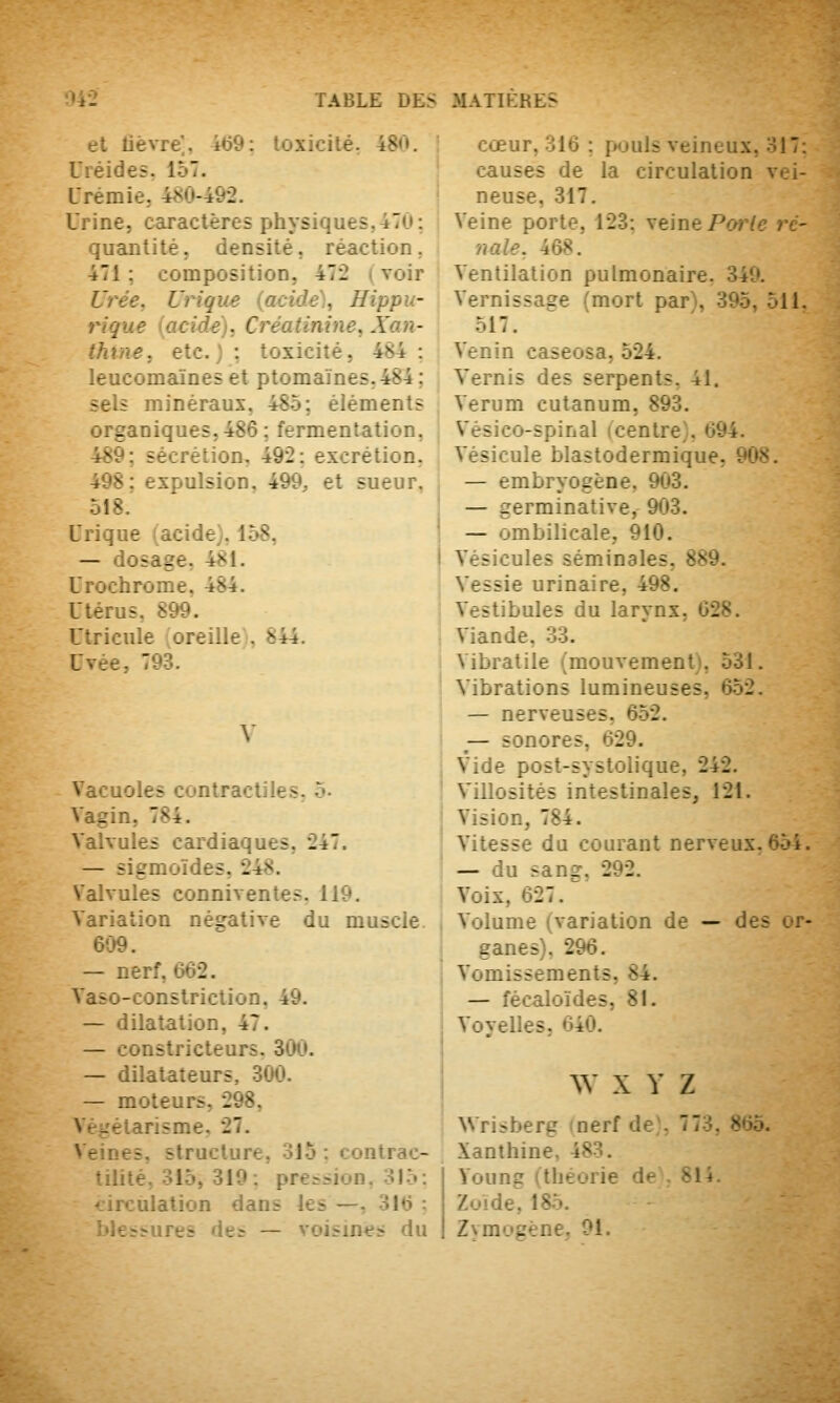 et lièvre, 4(59: toxicité, 480. Uiéides. 157. Lrémie, 480-492. Urine, caractères physiques,47u: quantité, densité, réaction. 471; composition, 472 (voir Urée, Urique {acide). Hippu- rique {acide). Créatinine, Xan- thme, etc.) : toxicité, 484 : leucomaïnes et ptomaïnes.484 ; sels minéraux, 485: éléments organiques, 486; fermentation, 489: sécrétion. 492: excrétion. 498: expulsion. 499, et sueur, 518. Urique (acide). 158, — dosage, 481. Urochrome, 484. Utérus. 899. Utricule oreille . 844. Uvée, 793. V Vacuoles contractiles, o- Vagin, 784. Valvules cardiaques, 247. — sigmoïdes, 248. Valvules conniventes. 119. Variation négative du muscle. 609. — nerf, 662. Vaso-constriction, 49. — dilatation, 47. — constricteurs. 30(>. — dilatateurs, 300. — moteurs, 298, Végétarisme, 27. Veines, structure, oJ5 : contrac- tilité, 315, 319: pression. 315: <.irculation dans les —, 316 : !>lt?Mirf? de? — voisines du cœur, 316 ; pouls veineux, 317; causes de la circulation vei- neuse, 317. Veine porte, 123: veine Po/c- /.- nale. 468. Ventilation pulmonaire. 349. Vernissage (mort par\ 395, 511. 517. Venin caseosa, 524. Vernis des serpents, 41. Verum cutanum, 893. Vésico-spinal icentre). 694. Vésicule blastodermique, 908. — embryogène, 903. — germinative, 903. — ombilicale, 910. Vésicules séminales, 889. Vessie urinaire, 498. Vestibules du larynx, 628. Viande, 33. Vibratile (mouvementi, 5ôl. Vibrations lumineuses, 652. — nerveuses, 652. ^— sonores, 629. Vide post-systolique, 242. Villosités intestinales, 121. Vision, 784. Vitesse du courant nerveux, 65i. — du sang, 292. Voix, 627. Volume (variation de — des or- ganes), 296. Vomissements, 84. — fécaloïdes, 81. Voyelles, 640. \^' X Y Z Wrisberg (nerf de), 773, 865. Xanthine, 483. Voung (théorie de', 814. Zuide, 185. Zvmogéne. 91.