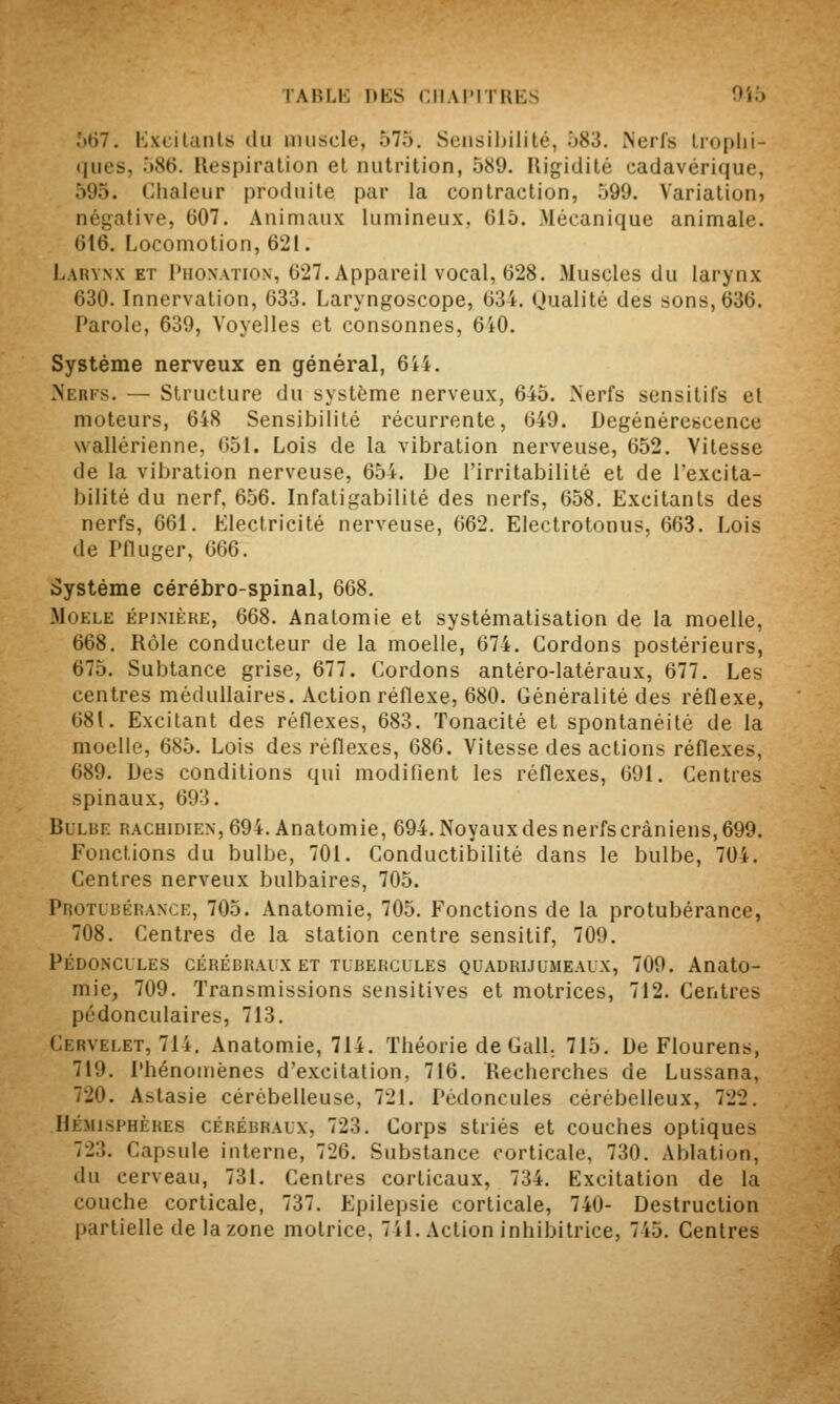 ')67. Kxcitaiils du imiscle, 575. Seiisiijilité, 583. Nerfs Iroplii- (|iies, 586. Uespiration et nutrition, 589. Rigidité cadavérique, 595. Chaleur produite par la contraction, 599. Varialiouj négative, 607. Animaux lumineux, 615. Mécanique animale. 616. Locomotion, 621. Larynx ET IMioxation, 627, Appareil vocal, 628. Muscles du larynx 630. Innervation, 633. Laryngoscope, 634. Qualité des sons, 636. Parole, 639, Voyelles et consonnes, 640. Système nerveux en général, 6i4. >'erfs. — Structure du système nerveux, 645. Nerfs sensitifs et moteurs, 648 Sensibilité récurrente, 649. Dégénérescence wallérienne, 651. Lois de la vibration nerveuse, 652. Vitesse de la vibration nerveuse, 654. De l'irritabilité et de l'excita- bilité du nerf, 6.56. Infatigabilité des nerfs, 658, Excitants des nerfs, 661. Electricité nerveuse, 662. Electrotonus, 663. Lois de PHuger, 666. Système cérébro-spinal, 668. MoELE ÉPiMÈRE, 668. Analomic et systématisation de la moelle, 668. Rôle conducteur de la moelle, 674. Cordons postérieurs, 675, Subtance grise, 677. Cordons antéro-Iatéraux, 677. Les centres médullaires. Action réflexe, 680. Généralité des réflexe, 681. Excitant des réflexes, 683. ïonacité et spontanéité de la moelle, 685. Lois des réflexes, 686. Vitesse des actions réflexes, 689. Des conditions qui modifient les réflexes, 691. Centres spinaux, 693. Bulbe rachidien, 694. Anatomie, 694. Noyaux des nerfs crâniens, 699. Fonctions du bulbe, 701. Conductibilité dans le bulbe, 704. Centres nerveux bulbaires, 705. Protubérance, 705. Anatomie, 705. Fonctions de la protubérance, 708. Centres de la station centre sensitif, 709. PÉDONCULES CÉRÉBRAUX ET TUBERCULES QUADRIJUMEAUX, 709. Anato- mie, 709. Transmissions sensitives et motrices, 712. Centres pédonculaires, 713. Cervelet, 714. AnatomJe, 714. Théorie de Gall.. 715. De Flourens, 719. Phénomènes d'excitation, 716. Recherches de Lussana, 720. Aslasie cérébelleuse, 721. Pédoncules cérébelleux, 722. HÉMISPHÈRES CÉRÉBRAUX, 723. Corps striés et couches optiques 723. Capsule interne, 726. Substance corticale, 730. Ablation, du cerveau, 731. Centres corticaux, 734. Excitation de la couche corticale, 737. Epilepsie corticale, 740- Destruction partielle de la zone motrice, 741. Action inhibitrice, 745. Centres