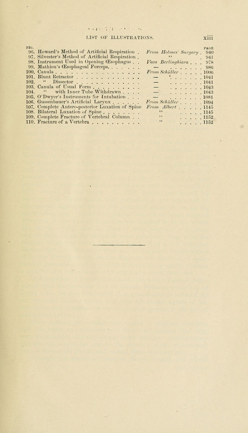 FIG. 96. Howard's Method of Artificial Kespiration 97. Silvester's Method of Artificial Eespiration 98. Instrument Used in Opening (Esophagus . 99. Mathieu's (Esophageal Forceps 100. Canula . 101. Blunt Retractor — 102.  Dissector — 103. Canula of Usual Form — 104.  with Inner Tube Withdrawn . ... — 105. O'Dwyer's Instruments for Intubation ... — 106. Gussenbauer's Artificial Larynx From Schuller 1094 107. Complete Antero-posterior Luxation of Spine From Albey^t 1145 108. Bilateral Luxation of Spine . '' 1145 109. Complete Fracture of Vertebral Column . .  1152 110. Fracture of a Vertebra  . . ' . 1152 PAGE From Holmes' Surgery 940  .941 Vaca Berlinghiera . . . 978 — 986 From Schuller 1006 — • 1041 — 1041 — 1043 — 1043 — 1081