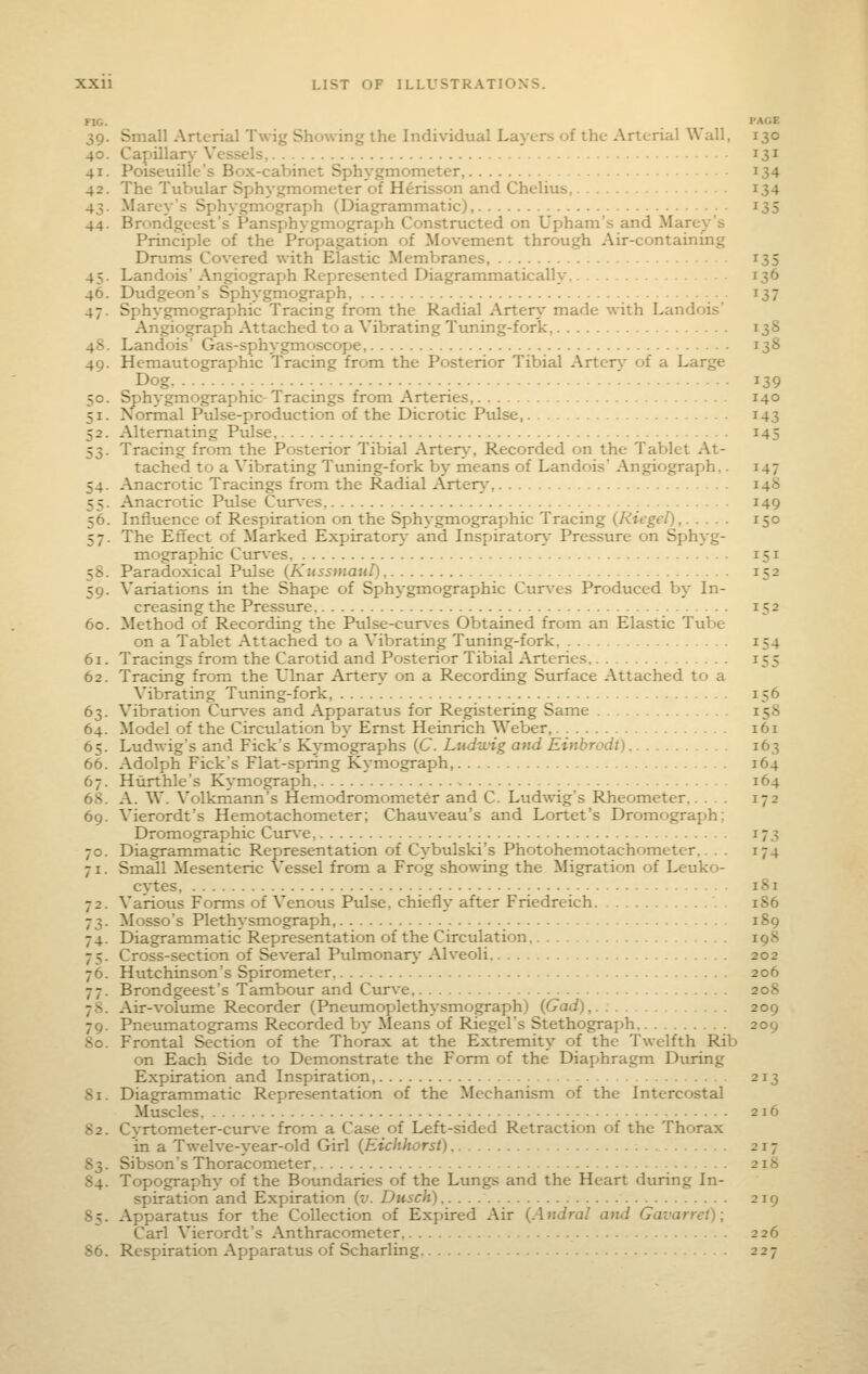 FIG. ^ PAGE 39. Small Arterial Twig Showing the Individual Layers of the Arterial Wall, 130 40. Capillar}' Vessels, 131 41. Poiseuilie's Box-cabinet Sphygmometer, 134 42. The Tubular Sphygmometer of Herisson and Chelius, 134 43. Marey's Sphygmograph (Diagrammatic), 135 44. Brondgeest's Pansphygmograph Constructed on Upham's and Marey's Principle of the Propagation of Movement through Air-containing Drums Covered with Elastic Membranes, 135 45. Landois' Angiograph Represented Diagrammatically 136 46. Dudgeon's Sphygmograph, 137 47. Sphygmographic Tracing from the Radial Artery made with Landois' Angiograph Attached to a Vibrating Tuning-fork, 138 48. Landois' Gas-sphygmoscope, 138 49. Hemautographic Tracing from the Posterior Tibial Arter\- of a Large Dog ' 139 50. Sphygmographic Tracings from Arteries, 140 51. Normal Pulse-production of the Dicrotic Pvilse, 143 52. Alternating Pulse, 145 53. Tracing from the Posterior Tibial Arter}', Recorded on the Tablet At- tached to a Vibrating Tuning-fork by means of Landois' Angiograph.. 147 54. Anacrotic Tracings from the Radial Artery, 148 55. Anacrotic Pulse Cur\-es 149 56. Influence of Respiration on the Sphygmographic Tracing (Riegel) 150 57. The Effect of Marked Expiratory and Inspiraton,- Pressure on Sphyg- mographic Curves 151 58. Paradoxical Pulse (Kussmaul), 152 59. Variations in the Shape of Sphygmographic Curves Produced by In- creasing the Pressure 152 60. Method of Recording the Pulse-cur\-es Obtained from an Elastic Tube on a Tablet Attached to a Vibrating Tuning-fork, 154 61. Tracings from the Carotid and Posterior Tibial Arteries 155 62. Tracing from the Ulnar Artery on a Recording Surface Attached to a Vibrating Timing-fork, 156 63. Vibration Cur^-es and Apparatus for Registering Same 158 64. Model of the Circulation by Ernst Heinrich Weber, 161 65. Ludwig's and Pick's Kymographs (C Lududg and Einbrodt), 163 66. Adolph Pick's Flat-spring Kymograph, 164 67. Hurthle's Kymograph, 164 68. A. W. Volkmann's Hemodromometer and C. Ludwig's Rheometer,. . . . 172 69. Vierordt's Hemotachometer; Chauveau's and Lortet's Dromograph; Dromographic Cur\e, 173 70. Diagrammatic Representation of Cybulski's Photohemotachometer.. . . 174 71. Small Mesenteric Vessel from a Frog showing the Migration of Leuko- cytes, :••••. i^i 72. Various Forms of Venous Pvdse, chiefly after Friedreich 186 73. Mosso's Plethysmograph, 189 74. Diagrammatic Representation of the Circulation 198 75. Cross-section of Several Pulmonar}- Alveoli 202 76. Hutchinson's Spirometer 206 77. Brondgeest's Tambour and Curve 208 78. Air-volume Recorder (Pneumoplethysmograph) (Gad), 209 79. Pneumatograms Recorded by Means of Riegel's Stethograph 209 So. Frontal Section of the Thorax at the Extremity of the Twelfth Rib on Each Side to Demonstrate the Form of the Diaphragm During Expiration and Inspiration, 213 81. Diagrammatic Representation of the Mechanism of the Intercostal Muscles 216 82. Cvrtometer-curve from a Case of Left-sided Retraction of the Thorax in a Twelve-year-old Girl {Eichhorst) 217 83. Sibsons Thoracometer 218 84. Topography of the Boundaries of the Lungs and the Heart during In- spiration and Expiration {v. Dusch) 219 85. Apparatus for the Collection of Expired Air (Andral ajid Gavarret); Carl Vierordt's Anthracometer 226 86. Respiration Apparatus of Scharling 227