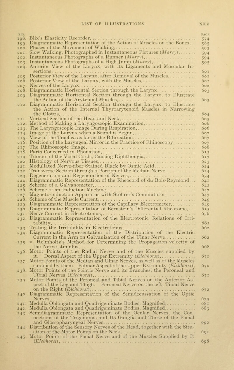 FlO. PAOK 198. Blix's Elasticity Recorder 574 199. Diagrammatic Representation of the Action of Muscles on the Bones,. . 585 200. Phases of the Movement of Walking, 593 201. Slow Walking, Pliotographed in Instantaneous Pictures (Marey) 594 202. Instantaneous Photograj^hs of a Runner (^Marey) 594 203. Instantaneous Photographs of a High Jump (Marey), 595 204. Anterior View of the Larynx, with its Ligaments and Muscular In- sertions, 601 205. Posterior View of the Larynx, after Removal of the Muscles 601 206. Posterior View of the Larjmx, with the Muscles 602 207. Nerves of the Larynx 602 208. Diagrammatic Horizontal Section through the Larynx 603 209. Diagrammatic Horizontal Section through the Larynx, to Illustrate the Action of the Arytenoid Muscles, 603 210. Diagrammatic Horizontal Section through the Larynx, to Illustrate the Action of the Internal Thyroarytenoid Muscles in Narrowing the Glottis, 604 211. Vertical Section of the Head and Neck, 605 212. Method of Making a Laryngoscopic Examination ; 606 213. The Laryngoscopic Image During Respiration, ; . . . . 606 2 14. Image of the Larynx when a Sound is Begun, 607 215. View of the Trachea as far as the Bifurcation 607 216. Position of the Laryngeal Mirror in the Practice of Rhinoscopy 607 217. The Rhinoscopic Image 608 218. Parts Concerned in Phonation, 613 219. Tumors of the Vocal Cords, Causing Diphthongia, 617 220. Histology of Nervous Tissues, 623 221. MeduUated Nerve-fiber Stained Black by Osmic Acid 624 222. Transverse Section through a Portion of the Median Nerve 624 223. Degeneration and Regeneration of Nerves, 634 224. Diagrammatic Representation of the Rheocord of du Bois-Reymond,. . 641 225. Scheme of a Galvanometer, 642 226. Scheme of an Induction Machine, 647 227. Magneto-induction Apparatus with Stohrer's Commutator, 647 228. Scheme of the Muscle Current 649 229. Diagrammatic Representation of the Capillary Electrometer, 649 230. Diagrammatic Representation of Bernstein's Differential Rheotome,. . . 655 231. Nerve Current in Electrotonus, 656 232. Diagrammatic Representation of the Electrotonic Relations of Irri- tability 661 233. Testing the Irritability in Electrotonus, 662 234. Diagrammatic Representation of the Distribution of the Electric Current in the Arm on Galvanization of the Ulnar Nerve 662 235. v. Helmholtz's Method for Determining the Propagation-velocity of the Nerve-stimulus, 668 236. Motor Points of the Radial Nerve and of the Muscles supplied by it. Dorsal Aspect of the Upper Extremity {Eichhorst), 670 237. Motor Points of the Median and Ulnar Nerves, as well as of the Muscles supplied by them. Palmar Aspect of the Upper Extremity (Eichhorst), 670 238. Motor Points of the Sciatic Nerve and its Branches, the Peroneal and Tibial Nerves (Eicliliorst), 671 239. Motor Points of the Peroneal and Tibial Nerves on the Anterior As- pect of the Leg and Thigh. Peroneal Nerve on the left, Tibial Nerve on the Right {Eiclihorst), 672 240. Diagrammatic Representation of the Semidecussation of the Optic Nerves, 679 241. Medulla Oblongata and Quadrigeminate Bodies, Magnified, 681 242. MediiUa Oblongata and Quadrigeminate Bodies, Magnified, 683 243. Semidiagrammatic Representation of the Ocular Nerves, the Con- nections of the Trigeminus and Its Ganglia and Those of the Facial and Glossophar\-ngeal Nerves, 690 244. Distribution of the Sensory Nerves of the Head, together with the Situ- ation of the Motor Points on the Neck 691 245. Motor Points of the Facial Nerve and of the Muscles Supplied by It (Eicliliorst), 696