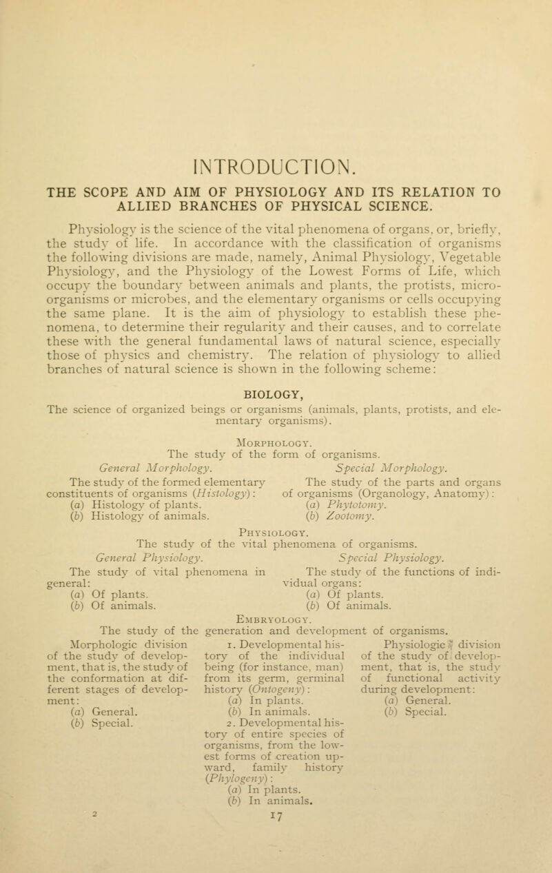 NTRODUCTION. THE SCOPE AND AIM OF PHYSIOLOGY AND ITS RELATION TO ALLIED BRANCHES OF PHYSICAL SCIENCE. Physiology is the science of the vital phenomena of organs, or, briefly, the study of life. In accordance with the classification of organisms the following divisions are made, namely, Animal Physiology, Vegetable Physiology, and the Physiology of the Lowest Forms of Life, which occupy the boundary between animals and plants, the protists, micro- organisms or microbes, and the elementar}^ organisms or cells occupying the same plane. It is the aim of physiology to establish these phe- nomena, to determine their regularity and their causes, and to correlate these with the general fundamental laws of natural science, especially those of physics and chemistry. The relation of physiology' to allied branches of natural science is shown in the following scheme: BIOLOGY, The science of organized beings or organisms (animals, plants, protists, and ele- mentar>- organisms). Morphology. The stud}^ of the form of organisms. General Morphology. Special Morphology. The study of the formed elementary The study of the parts and organs constituents of organisms (Histology): of organisms (Organology, Anatom)-): (a) Histology of plants. (a) Phytotoniy. {b) HistologA^ of animals. (6) Zootomy. Physiology. The study of the vital phenomena of organisms. General Physiology. Special Physiology. The study of vital phenomena in The study of the functions of indi- general: vidual organs: (a) Of plants. (a) Of plants. {b) Of animals. (6) Of animals. Embryology. The study of the generation and development of organisms. Morphologic division i. Developmental his- Physiologic S? division of the study of develop- tory of the individual of the study of develop being (for instance, man) from its germ, germinal history {Ontogeny): (a) In plants. (6) In animals. 2. Developmental his- tory of entire species of organisms, from the low- est forms of creation up- ward, familj' history {Phytogeny'): (a) In plants, (fc) In animals. 17 ment, that is, the study of the conformation at dif- ferent stages of develop- ment: (o) General. {b) Special. inent, that is, the study of functional activity during development: (a) General. (6) Special.