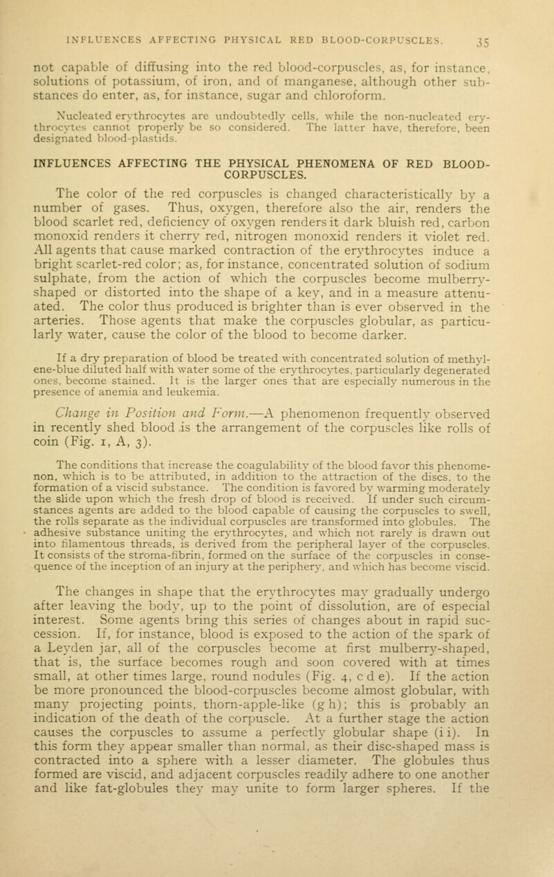 not capable of diffusing into the red blood-corpuscles, as, for instance, solutions of potassium, of iron, and of manganese, although other sub- stances do enter, as, for instance, sugar and chloroform. Nucleated erythrocytes are undoubtedly cells, while the non-nucleated ery- throcytes cannot properly be so considered. The latter have, therefore, been designated blood-plastids. INFLUENCES AFFECTING THE PHYSICAL PHENOMENA OF RED BLOOD- CORPUSCLES. The color of the red corpuscles is changed characteristically by a number of gases. Thus, oxygen, therefore also the air, renders the blood scarlet red, deficiency of oxygen renders it dark bluish red, carbon monoxid renders it cherry red, nitrogen monoxid renders it violet red. All agents that cause marked contraction of the erythrocytes induce a bright scarlet-red color; as, for instance, concentrated solution of sodium sulphate, from the action of which the corpuscles become mulberrv- shaped or distorted into the shape of a key, and in a measure attenu- ated. The color thus produced is brighter than is ever observed in the arteries. Those agents that make the corpuscles globular, as particu- larly water, cause the color of the blood to become darker. If a dry preparation of blood be treated with concentrated solution of methyl- ene-blue diluted half with water some of the erythrocytes, particularly degenerated ones, become stained. It is the larger ones that are especially numerous in the presence of anemia and leukemia. Change in Position and Form.—A phenomenon frequently observed in recently shed blood ,is the arrangement of the corpuscles like rolls of coin (Fig. i, A, 3). The conditions that increase the coagulability of the blood favor this phenome- non, which is to be attributed, in addition to the attraction of the discs, to the formation of a viscid substance. The condition is favored by warming moderately the slide upon which the fresh drop of blood is received. If under such circum- stances agents are added to the blood capable of causing the corpuscles to swell, the rolls separate as the individual corpuscles are transformed into globules. The adhesive substance uniting the erv'throc^'tes, and which not rarely is drawn out into hlamentous threads, is derived from the peripheral layer of the corpuscles. It consists of the stroma-fibrin, formed on the surface of the corpuscles in conse- quence of the inception of an injury at the periphery, and which has become viscid. The changes in shape that the erythrocytes may gradually undergo after leaving the body, up to the point of dissolution, are of especial interest. Some agents bring this series of changes about in rapid suc- cession. If, for instance, blood is exposed to the action of the spark of a Leyden jar, all of the corpuscles become at first mulberry-shaped, that is, the surface becomes rough and soon covered with at times small, at other times large, round nodules (Fig. 4, c d e). If the action be more pronounced the blood-corpuscles become almost globular, with many projecting points, thorn-apple-like (gh); this is probably an indication of the death of the corpuscle. At a further stage the action causes the corpuscles to assume a perfectly globular shape (i i). In this form they appear smaller than normal, as their disc-shaped mass is contracted into a sphere with a lesser diameter. The globules thus formed are viscid, and adjacent corpuscles readily adhere to one another and like fat-globules they may unite to form larger spheres. If the