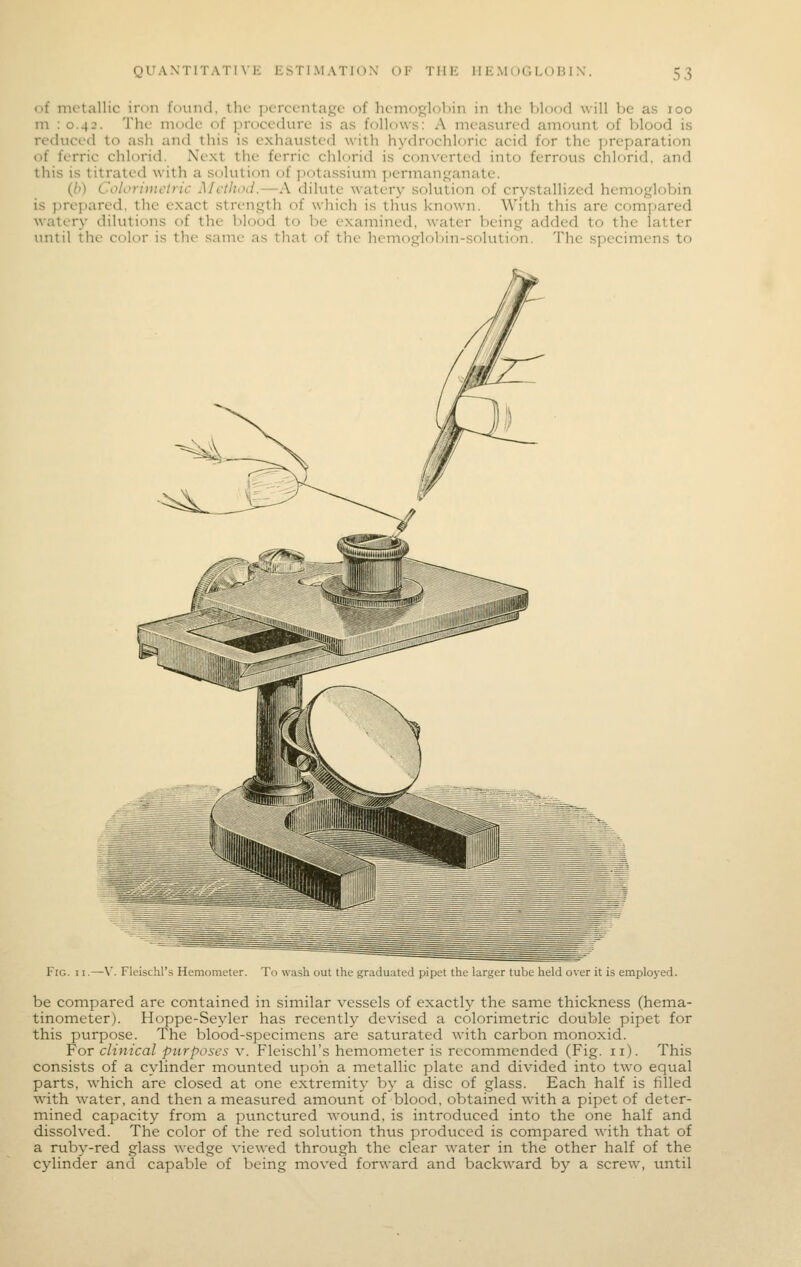 of metallic iron found, the juTccntagc of hcmoRl(jl)in in the blood will be as loo in : 0.42. The mode of procedure is as follows: A measured amount of blood is reduced to ash and this is exhausted with hydrochloric acid for the jjreparation of ferric chlorid. Next the ferric chlorid is converted into ferrous chlorid, and this is titrated with a solution of potassium permanganate. (/>) Colon'iitciric Method.—A dilute watery solution of crystallized hemoglobin is prepared, the exact strength of which is thus known. With this are compared watery dilutions of the blood to be examined, water being added to the latter until the color is the same as that of the hemogloljin-solution. The specimens to Fig. 11.—V. Fleischl's Hemometer. To wash out the graduated pipct the larger tube held over it is employed. be compared are contained in similar vessels of exactly the same thickness (hema- tinometer). Hoppe-Seyler has recently devised a colorimetric double pipet for this purpose. The blood-specimens are saturated with carbon monoxid. For clinical purposes v. Fleischl's hemometer is recommended (Fig. 11). This consists of a cylinder moimted upon a metallic plate and divided into two equal parts, which are closed at one extremity by a disc of glass. Each half is filled with water, and then a measured amount of blood, obtained with a pipet of deter- mined capacity from a punctured wound, is introduced into the one half and dissolved. The color of the red solution thus produced is compared with that of a ruby-red glass wedge viewed through the clear water in the other half of the cylinder and capable of being moved forward and backward by a screwy until