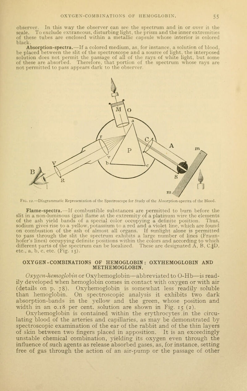 observer. In this way the observer can sec the spectrum and in or over it the scale. To exclude extraneous, disturbing light, the prism and the inner extremities of these tubes are enclosed within a metallic capsule whose interior is colored black. Absorption-spectra.—If a colored medium, as, for instance, a solution of blood, be placed between tlie slit of the spectroscope and a source of light, the interposed solution does not permit the passage of all of the rays of white light, but some of these are absorlied. Therefore, that portion of the spectrum whose rays are not permitted to pass appears dark to the observer. Fig. 12.—Diagrammatic Representation of the Spectroscope for Study of the .\bsorption-spectra of the Blood. Flame-spectra.—If combustible substances are permitted to bum before the slit in a non-luminous (gas) flame at the extremity of a platinum wire the elements of the ash yield bands of a special color occupying a definite position. Thus, sodium gives rise to a yellow, potassium to a red and a violet line, which are found on combustion of the ash of almost all organs. If sunlight alone is permitted to pass through the slit the spectrum exhibits a large number of lines (Fraun- hofer's lines) occupying definite positions within the colors and according to which different parts of the spectrum can be localized. These are designated A, B, C,|D, etc., a, b, c, etc. (Fig. 15). OXYGEN-COMBINATIONS OF HEMOGLOBIN METHEMOGLOBIN. OXYHEMOGLOBIN AND Oxygen-hemoglobin or Oxyhemoglobin—abbreviated to 0-Hb—is read- ily developed when hemoglobin comes in contact with oxygen or with air (details on p. 78). Oxyhemoglobin is somewhat less readily soluble than hemoglobin. On spectroscopic analysis it exhibits two dark absorption-bands in the yellow and the green, whose position and v/idth in an 0.18 per cent, solution are shown in Fig. 15 (2). Oxyhemoglobin is contained within the er^'throcytes in the circu- lating blood of the arteries and capillaries, as may be demonstrated by spectroscopic examination of the ear of the rabbit and of the thin layers of skin between two fingers placed in apposition. It is an exceedingly unstable chemical combination, yielding its oxygen even through the influence of such agents as release absorbed gases, as, for instance, setting free of gas through the action of an air-pump or the passage of other