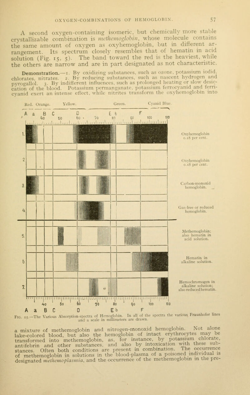 A second oxvgen-containing isomerif, but chemically more stable crystallizable coml)ination is methcmoglobiu, whose molecule contains the same amount of oxygen as oxyhemoglobin, but in different ar- rangement. Its spectrum closely reseml:)les that of hematin in acid solution (Fig. 15, 5). The band toward the red is the heaviest, while the others are narrow and are in part designated as not characteristic. Demonstration.—i. By oxidizing substances, such as ozone, potassium iodid, chk>ratcs, nitrates. 2. By reducing substances, such as nascent hydrogen and pvrogallol. 3. By indifferent influences, such as prolonged heating or slow desic- cation of the blood. Potassium ]5crmanganate, potassium ferrocyanid and ferri- cvanid exert an intense effect, wiiile nitrites transform the oxyhemoglobin into Cviini'l Blue. O.xyhcmoglobin 0.18 per cent. O.xyhemogloliin 0.18 per cent. Carbon-mono.xid hemoglobin. Gas-free or reduced hemoglobin. Methemoglobin; also hematin in acid solution. Hematin in alkaline solution. Hemochromogen in alkaline solution; also reducedhematin. 'iiMj I n I 11 iiiiii III 1111 iLi iiiLi.im Liii 11! 11 i 1.111111 iin iiii I 111 I'. r\Ti\ 11 40 5o 60 70 80 qo 100 110 A a B C D Eb F Fig 15 -The Various .\bsorption-spectra of Hemoglobin. In all of the spectra the various Fraunhofer hnes and a scale in millimeters are drawn. a mixture of methemoglobin and nitrogen-monoxid hemoglobin. Not alone lake-colored blood, but also the hemoglobin of intact erythrocytes may be transformed into methemoglobin, as, for instance, by potassium chlorate, antifebrin and other substances, and also by mtoxication Avith these sub- stances. Often both conditions are present in combmation. The occurrence of methemoglobin in solutions in the blood-plasma of a poisoned mdividual is designated methcmoplasm ia, and the occurrence of the methemoglobin m the pre-