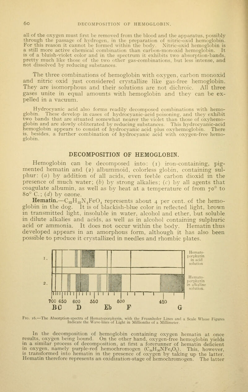 all of the oxygen must first be removed from the blood and the apparatus, possibly- through the passage of hydrogen, in the preparation of nitric-oxid hemoglobin. For this reason it cannot be formed within the body. Nitric-oxid hemoglobin is a still more active chemical combination than carbon-monoxid hemoglobin. It is of a bluish-violet color and in the spectrum it exhibits two absorption-bands, pretty much like those of the two other gas-combinations, biit less intense, and not dissolved by reducing substances. The three combinations of hemoglobin with ox3^gen, carbon monoxid and nitric oxid just considered crystalHze like gas-free hemoglobin. They are isomorphous and their solutions are not dichroic. All three gases unite in equal amounts with hemoglobin and they can be ex- pelled in a vacuum. Hydrocyanic acid also forms readily decomposed combinations with hemo- globin. These develop in cases of hydrocyanic-acid poisoning, and they exhibit two bands that are situated somewhat nearer the violet than those of oxyhemo- globin and are slowly obliterated by reducing substances. This hj'drocyanic-acid hemoglobin appears to consist of hydrocyanic acid plus oxyhemoglobin. There is, besides, a further combination of hydrocyanic acid with oxygen-free hemo- globin. DECOMPOSITION OF HEMOGLOBIN. Hemoglobin can be decomposed into: (i) iron-containing, pig- mented hematin and (2) albuminoid, colorless globin, containing sul- phur: (a) by addition of all acids, even feeble carbon dioxid in the presence of much water; (b) by strong alkalies; (c) by all agents that coagulate albumin, as well as bv heat at a temperature of from 70° to 80° C.; ((i) by ozone. Hematin.—C32H32N4Fe04 represents about 4 per cent, of the hemo- globin in the dog. It is of blackish-blue color in reflected light, brown in transmitted light, insoluble in water, alcohol and ether, but soluble in dilute alkalies and acids, as well as in alcohol containing sulphuric acid or ammonia. It does not occur within the body. Hematin thus developed appears in an amorphous form, although it has also been possible to produce it crystallized in needles and rhombic plates. Hemato- porphyrin in acid solution Hemato- ! orphyrin in alkaline solution. i! |i I, : i ■ '• 1 II 1 1 1 1 1 V 1 1 M 1 1 ' 1 ' 1 1 1 1 1 ^ 700 650 BO 600 D 560 600 Eb F 450 G Fig. 16.—The Absorption-spectra of Hematoporphyrin, with the Fraunhofer Lines and a Scale Whose Figures Indicate the Wave-lines of Light in Millionths of a Millimeter. In the decomposition of hemoglobin containing oxygen hematin at once results, oxygen being bound. On the other hand, oxygen-free hemoglobin yields in a similar process of decomposition, at first a forerunner of hematin deficient in oxygen, namely purple-red hemochromogen (C34H38NFe405). This, however, is transformed into hematin in the presence of oxygen by taking up the latter. Hematin therefore represents an oxidization-stage of hemochromogen. The latter