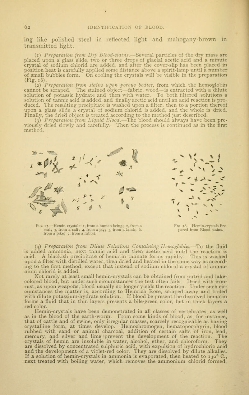 ing like polished steel in reflected light and mahogany-brown in transmitted light. (i) Preparation from Dry Blood-stains.—Several particles of the dry mass are placed upon a glass slide, two or three drops of glacial acetic acid and a minute crystal of sodium chlorid are added, and after the cover-slip has been placed in position heat is carefull}'' axjplied some distance above a spirit-lamp until a number of small bubbles form. On cooling the crystals will be visible in the preparation (Fig. iS). (2) Preparation from stains upon porous bodies, from which the hemoglobin cannot be scraped. The stained object—fabric, wood—is extracted with a dilute solution of potassic hydrate and then with water. To both filtered solutions a solution of tannic acid is added, and finally acetic acid until an acid reaction is pro- duced. The resulting precipitate is washed upon a filter, then to a portion thereof upon a glass slide a cr>'stal of sodium chlorid is added, and the whole is dried. Finally, the dried object is treated according to the method just described. (3) Preparation from Liquid Blood.—The blood should always have been pre- viously dried slowly and carefully. Then the process is contintied as in the first method. V \' \ < ^ ^ V ^^ • \ ^ ^ /^rv.v ^ ^ 4 ^^^ ^ t ^ ^ ^ V ^ f ^> ^ ' ^K • / N^- '^ \ - ' S - ^ Fig. 17.—Hemin-crystals: i, from a human being; 2, from a Fig. 18.—Hemin-crystals Pre- seal; 3, from a calf; 4, from a pig; 5, from a lamb; 6, pared from Blood-stains, from a pike; 7, from a rabbit. (4) Preparation from Dilute Solutions Containing Hemoglobin.—To the fluid is added ammonia, next tannic acid and then acetic acid until the reaction is acid. A blackish precipitate of hematin tannate forms rapidly. This is washed upon a filter with distilled water, then dried and heated in the same way as accord- ing to the first method, except that instead of sodium chlorid a crystal of ammo- nium chlorid is added. Not rarely at least small hemin-crystals can be obtained from putrid and lake- colored blood, but under such circumstances the test often fails. Dried with iron- rust, as upon weapons, blood usually no longer yields the reaction. Under such cir- cumstances the matter is, according to Heinrich Rose, scraped away and boiled with dilute potassitim-hydrate solution. If blood be present the dissolved hematin forms a fluid that in thin layers presents a bile-green color, but in thick layers a red color. Hemin-crystals have been demonstrated in all classes of vertebrates, as well as in the blood of the earth-worm. From some kinds of blood, as, for instance, that of cattle and of swine, only irregular masses, scarcely recognizable as having crystalline form, at times develop. Hemochromogen, hematoporphyrin, blood rubbed with sand or animal charcoal, addition of certain salts of iron, lead, mercur3^ and silver and lime prevent the development of the reaction. The crystals of hemin are insoluble in water, alcohol, ether, and chlorofomi. They are dissolved by concentrated svilphuric acid, with expulsion of hydrochloric acid and the development of a violet-red color. They are dissolved by dilute alkalies. If a solution of hemin-crystals in ammonia is evaporated, then heated to 130° C, next treated with boiling water, which removes the ammonium chlorid formed.