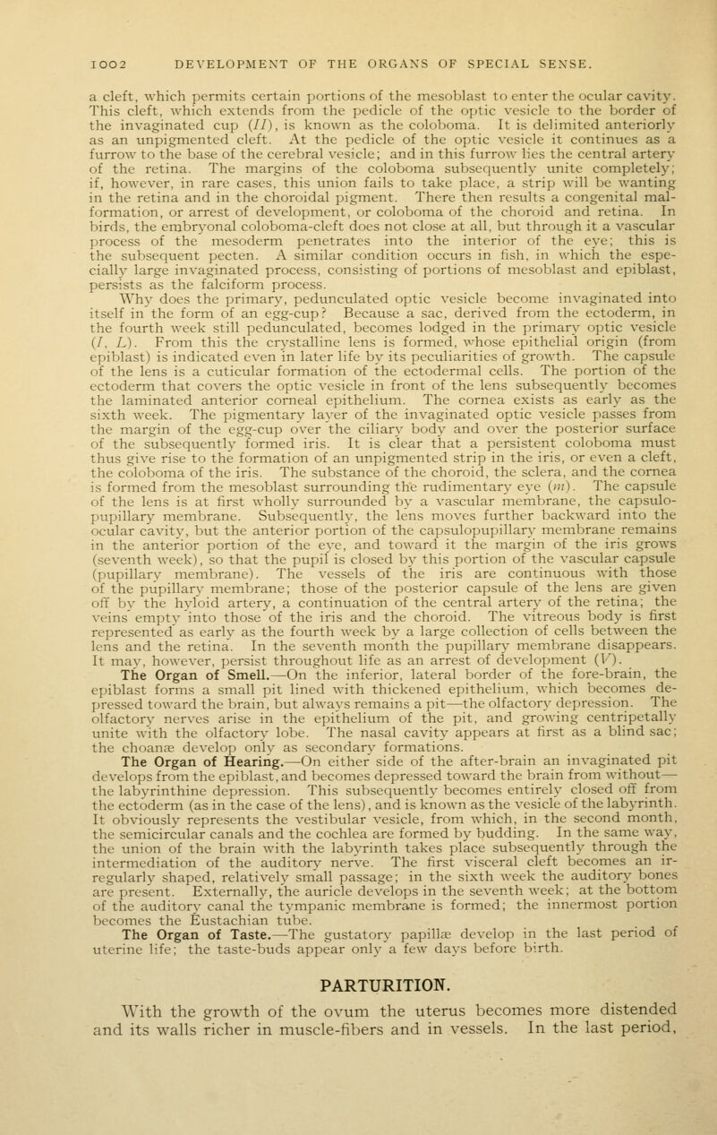 a cleft, which permits certain portions of the mesoblast to enter the ocular cavity. This cleft, which extends from the pedicle of the optic vesicle to the border of the invaginated cup (//), is known as the coloboma. It is delimited anteriorly as an unpigmented cleft. At the pedicle of the optic vesicle it continues as a furrow to the base of the cerebral vesicle; and in this furrow lies the central artery of the retina. The margins of the coloboma subsequently unite completely; if, however, in rare cases, this union fails to take place, a strip will be wanting in the retina and in the choroidal pigment. There then results a congenital mal- formation, or arrest of development, or coloboma of the choroid and retina. In birds, the embryonal coloboma-cleft does not close at all, but through it a vascular process of the mesoderm penetrates into the interior of the eye; this is the subsequent pecten. A similar condition occurs in fish, in which the espe- cially large invaginated process, consisting of portions of mesoblast and epiblast, persists as the falciform process. Wh}^ does the primary, pedunculated optic vesicle become invaginated into itself in the form of an egg-cup r Because a sac, derived from the ectoderm, in the fourth week still pedtmculated, becomes lodged in the primary optic vesicle (/, L). From this the crystalline lens is formed, whose epithelial origin (from epiblast) is indicated even in later life by its peculiarities of growth. The capsule of the lens is a cuticular formation of the ectodermal cells. The portion of the ectoderm that covers the optic vesicle in front of the lens subsequently becomes the laminated anterior corneal epithelium. The cornea exists as early as the sixth week. The pigmentary layer of the invaginated optic vesicle passes from the margin of the egg-cup over the ciliary body and over the posterior surface of the subsequenth' formed iris. It is clear that a persistent coloboma must thus give rise to the formation of an unpigmented strip in the iris, or even a cleft, the coloboma of the iris. The substance of the choroid, the sclera, and the cornea is formed from the mesoblast surrounding the rudimentary eye (»;)■ The capsule of the lens is at first wholly surrounded by a vascular membrane, the capsulo- pupillary membrane. Subsequently, the lens moves further backward into the ocular cavity, but the anterior portion of the capsulopupillary membrane remains in the anterior portion of the eye, and toward it the margin of the iris grows (seventh week), so that the pupil is closed by this portion of the vascular capsule (pupillary membrane). The vessels of the iris are continuous with those of the pupillary membrane; those of the posterior capsule of the lens are given off bv the hyloid artery, a continuation of the central artery of the retina; the veins empty into those of the iris and the choroid. The vitreous body is first represented as early as the fourth Aveek bj^ a large collection of cells between the lens and the retina. In the seventh month the pupillary membrane disappears. It mav, however, persist throughout life as an arrest of development (V). The Organ of Smell.—On the inferior, lateral border of the fore-brain, the epiblast forms a small pit lined with thickened epithelium, which becomes de- pressed toward the brain, but always remains a pit—the olfactory depression. The olfactory nerves arise in the epithelium of the pit, and growing centripetally unite with the olfactory lobe. The nasal cavity appears at first as a blind sac; the choanae develop only as secondary formations. The Organ of Hearing.—On either side of the after-brain an invaginated pit develops from the epiblast, and becomes depressed toward the brain from without— the labyrinthine depression. This subsequenth' becomes entirely closed off from the ectoderm (as in the case of the lens), and is known as the vesicle of the labyrinth. It obviously represents the vestibular vesicle, from which, in the second month, the semicircular canals and the cochlea are formed by budding. In the same way, the tmion of the brain with the labyrinth takes place subsequently through the intermediation of the auditory nerve. The first visceral cleft becomes an ir- regularly shaped, relativel}^ small passage; in the sixth week the auditory bones are present. Externally, the auricle develops in the seventh week; at the bottom of the auditory canal the tympanic membrane is formed; the innermost portion becomes the Eustachian tube. The Organ of Taste.—The gustatory papillae develop in the last period of uterine life; the taste-buds appear only a few days before birth. PARTURITION. With the growth of the ovum the uterus becomes more distended and its walls richer in muscle-fibers and in vessels. In the last period,