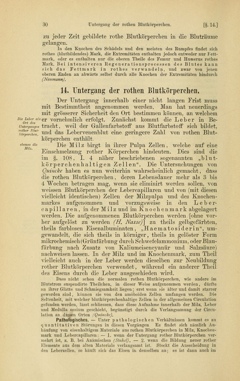 ebenso die Milz. zu jeder Zeit gebildete rotlie Blutkörperchen in die Bluträume gelangen. In den Knochen des Schädels und den meisten des Rumpfes findet sich rothes (blutbildendes) Mark, die Extremitäten enthalten jedoch entweder nur Fett- mark, oder es enthalten nur die oberen Theile des Femur und Humerus rothes Mark. Bei intensiveren Regenera tionsprocessen des Blutes kann sich das Fettmark in rothes verwandeln, und zwar von jenen oberen Enden an abwärts selbst durch alle Knochen der Extremitäten hindurch (NeumannJ. 14. Untergang der rothen Blutkörperchen. Der Untergang innerhalb einer nicht langen Frist muss mit Bestimmtheit angenommen werden. Man hat neuerdings mit grösserer Sicherheit den Ort bestimmen können, an welchem meofä als er vorneümlicü erfolgt. Zunächst kommt die Leber in Be- unterganges tracht, weil der G-allenfarbstoff aus Blutfarbstoff sich bildet, rnrplrcten, un^ das Lebervenenblut eine geringere Zahl von rothen Blut- körperchen enthält. Die Milz birgt in ihrer Pulpa Zellen, welche auf eine Einschmelzung rother Körperchen hindeuten. Dies sind die im §. 108, I. 4 näher beschriebenen sogenannten „blut- körperchenhaltigen Zellen. Die Untersuchungen von Quincke haben es nun weiterhin wahrscheinlich gemacht, dass die rothen Blutkörperchen, deren Lebensdauer mehr als 3 bis 4 Wochen betragen mag, wenn sie eliminirt werden sollen, von weissen Blutkörperchen der Lebercapillaren und von (mit diesen vielleicht identischen) Zellen der Milzpulpa und des Knochen- markes aufgenommen und vorzugsweise in den Lebe r- capillaren, in der Milz und im Knochenmark abgelagert werden. Die aufgenommenen Blutkörperchen werden [ohne vor- her aufgelöst zu werden (H. Nasse)'] zu theils gelbgefärbten, theils farblosen Eisenalbuminaten, „Haematosiderin, um- gewandelt, die sich theils in körniger, theils in gelöster Form mikrochemisch (Grünfärbung durch Schwefelammonium, oder Blau- färbung nach Zusatz von Kaliumeisencyanür und Salzsäure) nachweisen lassen. In der Milz und im Knochenmark, zum Theil vielleicht auch in der Leber werden dieselben zur Neubildung rother Blutkörperchen verwendet, während ein anderer Theil des Eisens durch die Leber ausgeschieden wird. Dass nicht schon die normalen rothen Blutkörperchen, wie andere im Blutstrom suspendirte Theilchen, in dieser Weise aufgenommen werden, dürfte an ihrer Glätte und Schmiegsamkeit liegen; erst wenn sie älter und damit starrer geworden sind, können sie von den amöboiden Zellen umfangen werden. Die Seltenheit, mit welcher blutkörperchenhaltige Zellen in der allgemeinen Circulation gefunden werden, lässt schliessen, dass diese Aufnahme innerhalb der Milz, Leber und Medulla ossium geschieht, begünstigt durch die Verlangsamung der Circu- lation an di-asen Orten (Quincke). Pathologisches. — Unter pathologischen Verhältnissen kommt es zu quantitativen Störungen in diesen Vorgängen. Es findet sich nämlich An- häufung von eisenhaltigem Materiale aus rothen Blutkörperchen in Milz, Knochen- mark und Lebercapillaren: — 1. wenn der Untergang rother Blutkörperchen ver- mehrt ist, z. B. bei Anämischen (Stahel), — 2. wenn die Bildung neuer rother Elemente aus dem alten Materiale verlangsamt ist. Stockt die Ausscheidung in den Leberzellen, so häuft sich das Eisen in denselben an; es ist dann auch im