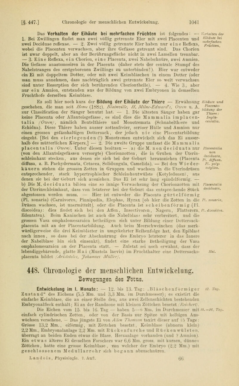 Das Verhalten der Eihäute bei mehrfachen Früchten ist folgendes: — Verhaltender 1. Bei Zwillingen findet man zwei völlig getrennte Eier mit zwei Placenten und t-ihäutebei zwei Deciduae refiexae. — 2. Zwei völlig getrennte Eier haben nur eine Refiexa, ^y^Aren wobei die Placenten verwachsen, aber ihre Gefässe getrennt sind. Das Chorion ist zwar doppelt, aber an der Berührungsfläche nicht in zwei Lamellen trennbar. — 3- Eine Reflexa, ein Chorion, eine Placenta, zwei Nabelschnüre, zwei Amnien. Die Gefässe anastomosiren in der Placenta (daher stets der centrale Stumpf des Nabelstranges des erstgeborenen Zwillings zu unterbinden!). Hier war entweder ein Ei mit doppeltem Dotter, oder mit zwei Keimbläschen in einem Dotter (oder man muss annehmen, dass nachträglich zwei getrennte Eier so weit verwachsen sind unter Resorption der sich berührenden Choriontheile). — 4. Wie 3, aber nur ein Amnion, entstanden aus der Bildung von zwei Embryonen in demselben Fruchthofe derselben Keimblase. Es soll hier noch kurz der Bildung der Eihäute der Thiere — Erwähnung Eihäute und geschehen, die man seit Home (1882), BlainvilU, H. Müne-Edward's, Owen u. A. ,f}?eenta: zur Classification der Säuger benutzt hat. — 1. Die ältesten Säuger haben gar l ThiereT keine Placenta oder Allantoisgefässe, es sind dies die Mammalia implacen- Impia- talia (Owen), nämlich Beutelthiere und Monotremata (Schnabelthiere und centalia. Echidna). Diese Thiere haben ausser zottenfreier, seröser Hülle und Amnion nur einen grossen gefässhaltigen Dottersack, der jedoch nie eine Placentarbildung eingeht. [Bei den eierlegenden (!) Monotremen entwickelt sich das Ei ausser- halb des mütterlichen Körpers.] — 2. Die zweite Gruppe umfasst die Mammalia placentalia Owenj. Unter diesen besitzen— a) die M. non deeiduat a nur Placentalia (von den Allantoisgefässen versorgte) Chorionzotten, die in Gruben der Uterin- ™on f Schleimhaut stecken, aus denen sie sich bei der Geburt herausziehen (Placenta pL diffusa. diffusa, z. B. Packydermata, Cetacea, Solidungula, Camelida). — Bei den Wieder- PI. poiy- käuern stehen die grossen Zotten in Gruppen und wachsen in die Uterindrüsen «»ty'ka- entsprechender, stark hypertrophischer Schleimhautwülste (Kotyledonen!, aus denen sie bei der Geburt sich ausziehen. Das Ei ist sehr lang spindelförmig. — b) Die M. deeiduata bilden eine so innige Verwachsung der Chorionzolten mit Placentalia der Uterinschleimhaut, dass von letzterer bei der Geburt das entsprechende Stück deeiduata. abgestossen werden muss. — Hier ist entweder die Placenta gürtelförmig (PI. zonaria) (Carnivoren, Pinnipedia, Elephas, Hyrax [ob hier die Zotten in die PI. zonaria. Drüsen wachsen, ist unermitteltj. oder die Placenta ist scheibenförmig (PI. diseoideaj: dies findet sich bei den Affen, Insectivoren, Nagern, Flatterern. PI.diseoidea. Edentaten). Beim Kaninchen ist auch die Nabelblas ■ sehr verbreitert, und die grossen Vasa omphalomesaraica betheiligen sich unter Bildung einer Dottersack- placenta mit an der Placentarbildung. Auch beim Meerschweinchen (das merk- würdigerweise die drei Keimblätter in umgekehrter Reihenfolge hat, den Epiblast nach innen, so dass bei der Abschnürung des Embryo letzterer in das Innere der Nabelblase hin sich einsenkt), findet eine starke Bitheiligung der Vasa omphalomesaraica an der Placenta statt. — Zuletzt sei noch erwähnt, dass der lebendiggebärende, glatte Hai (Mustela laevis) im Fruchthalter eine Dottersacks- ST«*. placenta bildet Aristoteles, Johannes Müller . 448. Chronologie der menschlichen Entwickelnng. Bewegungen des Fötus. Entwicklung im I. Monate: — L2. bis 13. Tag: ..Bläschenförmiger /- Tag. Zustand des Eichens (5,5 Mm. und 3,3 lim. im Durchmesser); es existirt die einfache Keimblase, die an einer Slelle den, aus zwei Zellenschichten bestehenden Embryonalneck enthält; Ei an der Randzone mit kleinen Zöttchen besetzt Reichert . Die Eichen vom 15- bis 16. Tag — haben 5—ri Mm. im Durchmesser mit/s.—16. einfach cylindrischen Zotten, oder von der Basis zur Spitze mit kolbigen Aus- wüchsen versehene. — Das jüngste Ei von Allen Thomson taxirt dieser auf 15 Tage: Grösse 13,2 Mm., eiförmig, mit Zöttchen besetzt. Keimblase (abnorm klein) 2,2 Mm., Embryonalanlage 2,2 Mm. mit Rück e n fu rc h e und ß ü c k e a w ü 1 s i überragt an beiden Enden etwas die Blase. Eerzanlage vorhanden (und ? Amnion). Ein etwas älteres Ei desselben Forschers war 6,tJ Mm. gross, mit kurzen, dünnen Zöttchen, hatte eine grosse Keimblase, von welcher der Embryo (2,2 Mm.) mit geschlossenem Medullärroh r sich begann abzuschnüren. Lando is , Physiologie. 7. Aufl. ijii