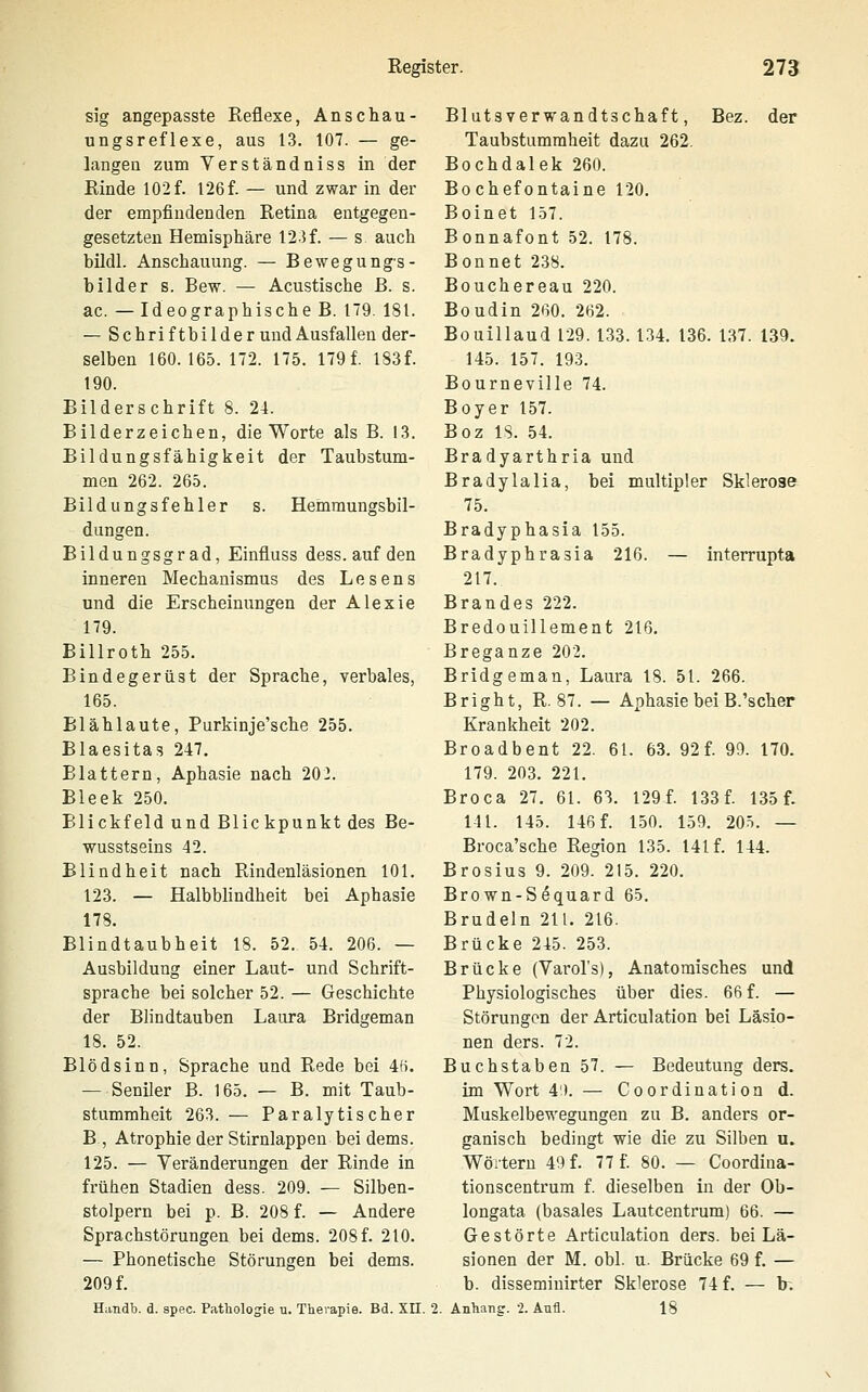 sig angepasste Reflexe, Anschau- ungsreflexe, aus 13. 107. — ge- langen zum Verständniss in der Rinde 102f. 126f. — und zwar in der der empfindenden Retina entgegen- gesetzten Hemisphäre 12-}f. — s auch bildl. Anschauung. — Bewegungs- bilder s. Bew. — Acustische ß. s. ac. — Ideographische B. 179. 181. — Schriftbilde rund Ausfallen der- selben 160.165.172. 175. 179 f. 183f. 190. Bilderschrift 8. 24. Bilderzeichen, die Worte als B. 13. Bildungsfähigkeit der Taubstum- men 262. 265. Bildungsfehler s. Hetnmungsbil- dungen. Bildungsgrad, Einfluss dess. auf den inneren Mechanismus des Lesens und die Erscheinungen der Alexie 179. Billroth 255. Bindegerüst der Sprache, verbales, 165. Blählaute, Purkinje'sche 255. Blaesitas 247. Blattern, Aphasie nach 202. Bleek 250. Blickfeld und Blic kpunkt des Be- wusstseins 42. Blindheit nach Rindenläsionen 101. 123. — Halbblindheit bei Aphasie 178. Blindtaubheit 18. 52. 54. 206. — Ausbildung einer Laut- und Schrift- sprache bei solcher 52. — Geschichte der Blindtauben Laura Bridgeman 18. 52. Blödsinn, Sprache und Rede bei 4!i. — Seniler B. 165. — B. mit Taub- stummheit 263. — Paralytischer B , Atrophie der Stirnlappen bei dems. 125. — Veränderungen der Rinde in frühen Stadien dess. 209. ^ Silben- stolpern bei p. B. 208 f. — Andere Sprachstörungen bei dems. 208 f. 210. — Phonetische Störungen bei dems. 209 f. Handb. d. spec. Pathologie u. Therapie. Bd. Xu. Blutsverwandtschaft, Bez. der Taubstummheit dazu 262. Bochdalek 260. Bo chefontaine 120. Boinet 157. Bonnafont 52. 178. Bonnet 238. Bouchereau 220. Boudin 260. 262. Bouillaud 129. 133. 134. 136. 137. 139. 145. 157. 193. Bourneville 74. Boyer 157. Boz IS. 54. Bradyarthria und Bradylalia, bei multipler Sklerose 75. Bradyphasia 155. Bradyphrasia 216. — interrupta 217. Brandes 222. Bredouillement 216. Breganze 202. Bridgeman, Laura 18. 51. 266. Bright, R. 87. — Aphasie bei B.'scher Krankheit 202. Broadbent 22. 61. 63. 92 f. 99. 170. 179. 203. 221. Broca 27. 61. 63. 129 f. 133 f. 135 f. 141. 145. 146 f. 150. 159. 205. — Broca'sche Region 135. Ulf. 144. Brosius 9. 209. 215. 220. Brown-Söquard 65. Brudeln 211. 216. Brücke 245. 253. Brücke (Varol's), Anatomisches und Physiologisches über dies. 66 f. — Störungen der Articulation bei Läsio- nen ders. 72. Buchstaben 57. — Bedeutung ders. im Wort 4'). — Coordination d. Muskelbewegungen zu B. anders or- ganisch bedingt wie die zu Silben u. Wörtern 49 f. 77 f. 80. — Coordiua- tionscentrum f. dieselben in der Ob- longata (basales Lautcentrum) 66. — Gestörte Articulation ders. bei Lä- sionen der M. obl. u. Brücke 69 f. — b. disseminirter Sklerose 74 f. — b. 2. Anhang. 2. Anfl. 18