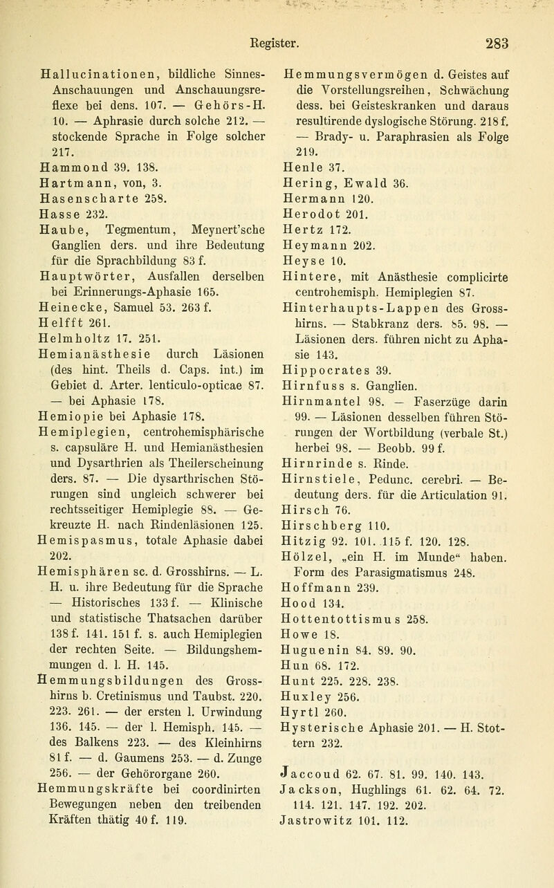 Hallucinationen, bildliche Sinnes- Anschauungen und Anschauungsre- flexe bei dens. 107. — Gehörs-H. 10. — Aphrasie durch solche 212. — stockende Sprache in Folge solcher 217. Hammond 39. 138. Hartmann, von, 3. Hasenscharte 258. Hasse 232. Haube, Tegmentum, Meynert'sche Ganglien ders. und ihre Bedeutung für die Sprachbildung 83 f. Hauptwörter, Ausfallen derselben bei Erinnerungs-Aphasie 165. Heinecke, Samuel 53. 263 f. Helfft 261. Helmholtz 17. 251. Hemianästhesie durch Läsionen (des hint. Theils d. Caps, int.) im Gebiet d. Arter. lenticulo-opticae 87. — bei Aphasie 178. Hemiopie bei Aphasie 178. Hemiplegien, centrohemisphärische s. capsuläre H. und Hemianästhesien und Dysarthrien als Theilerscheinung ders. 87. — Die dysarthrischen Stö- rungen sind ungleich schwerer bei rechtsseitiger Hemiplegie 88. — Ge- kreuzte H. nach Rindenläsionen 125. Hemispasmus, totale Aphasie dabei 202. Hemisphären sc. d. Grosshirns. — L. H. u. ihre Bedeutung für die Sprache — Historisches 133 f. — Klinische und statistische Thatsachen darüber 138 f. 141. 151 f. s. auch Hemiplegien der rechten Seite. — Bildungshem- mungen d. 1. H. 145. Hemmungsbildungen des Gross- hirns b. Cretinismus und Taubst. 220. 223. 261. — der ersten 1. ürwindung 136. 145. — der 1. Hemisph. 145. — des Balkens 223. — des Kleinhirns 81f. — d. Gaumens 253. — d. Zunge 256. — der Gehörorgane 260. Hemmungskräfte bei coordinirten Bewegungen neben den treibenden Kräften thätig 40 f. 119. Hemmungsvermögen d. Geistes auf die Vorstellungsreihen, Schwächung dess. bei Geisteskranken und daraus resultirende dyslogische Störung. 218 f. — Brady- u. Paraphrasien als Folge 219. Henle 37. Hering, Ewald 36. Hermann 120. Herodot 201. Hertz 172. Heymann 202. Heyse 10. Hintere, mit Anästhesie complicirte centrohemisph. Hemiplegien 87. Hinterhaupts-Lappen des Gross- hirns. — Stabkranz ders. 85. 98. — Läsionen ders. führen nicht zu Apha- sie 143. Hippocrates 39. Hirnfuss s. Ganglien. Hirnmantel 98. — Faserzüge darin 99. — Läsionen desselben führen Stö- rungen der Wortbildung (verbale St.) herbei 98. — Beobb. 99 f. Hirnrinde s. Rinde. Hirnstiele, Pedunc. cerebri. — Be- deutung ders. für die Articulation 91. Hirsch 76. Hirschberg HO. Hitzig 92. 101. .115 f. 120. 128. Hölzel, „ein H. im Munde haben. Form des Parasigmatismus 248. Hoffmann 239. Hood 134. Hottentottismus 258. Howe 18. Huguenin 84. 89. 90. Hun 68. 172. Hunt 225. 228. 238. Huxley 256. Hyrtl 260. Hysterische Aphasie 201. — H. Stot- tern 232. Jaccoud 62. 67. 81. 99. 140. 143. Jackson, Hughlings 61. 62. 64. 72. 114. 121. 147. 192. 202. Jastrowitz 101. 112.