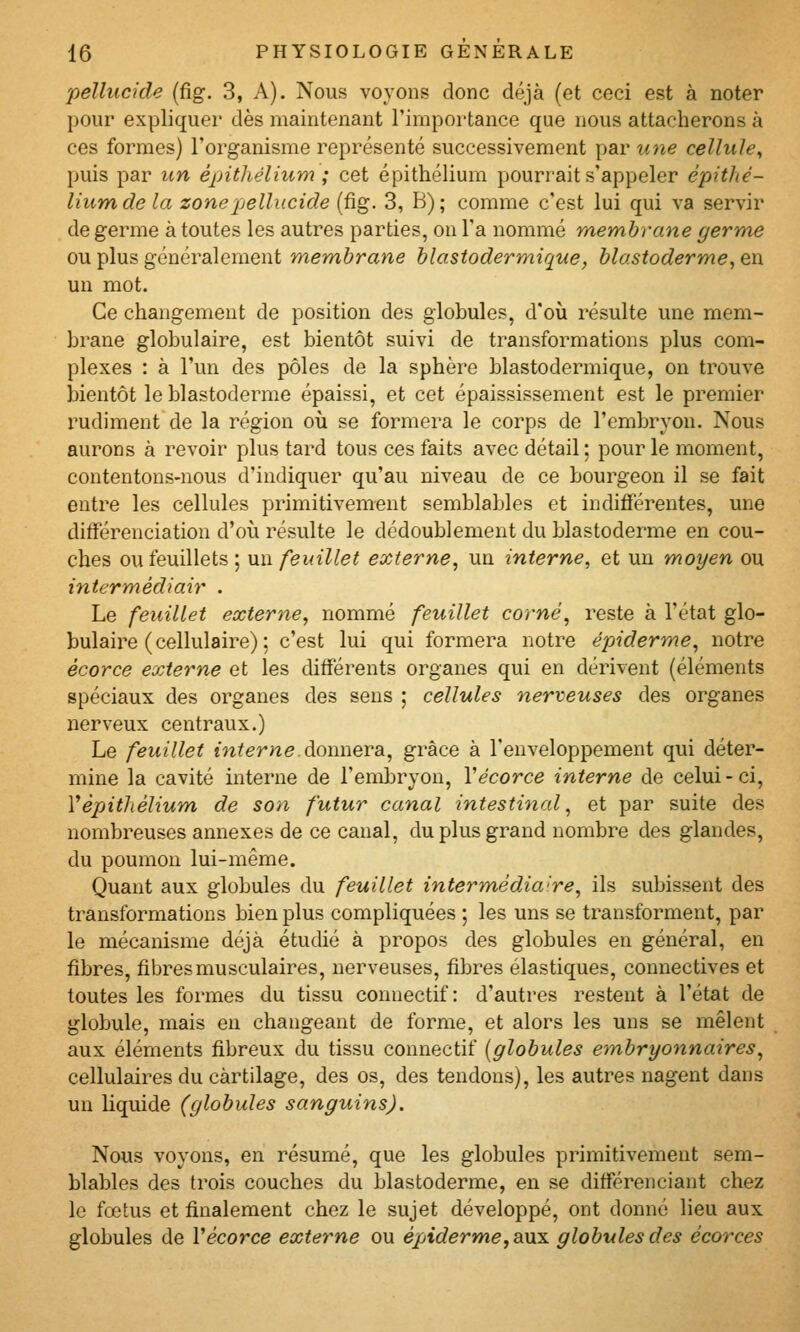 pellucide {ûg. 3, A). Nous voyons donc déjà (et ceci est à noter pour expliquer dès maintenant l'importance que nous attacherons à ces formes) l'organisme représenté successivement par une cellule, puis par un épithélium ; cet épithélium pourrait s'appeler épithé- lium de la zone pellucide (fig. 3, B) ; comme c'est lui qui va servir de germe à toutes les autres parties, on l'a nommé membrane germe ou plus généralement mem,brane blastodermique, blastoderme, en un mot. Ce changement de position des globules, d'où résulte une mem- brane globulaire, est bientôt suivi de transformations plus com- plexes : à l'un des pôles de la sphère blastodermique, on trouve bientôt le blastoderme épaissi, et cet épaississement est le premier rudiment de la région où se formera le corps de l'embryon. Nous aurons à revoir plus tard tous ces faits avec détail ; pour le moment, contentons-nous d'indiquer qu'au niveau de ce bourgeon il se fait entre les cellules primitivement semblables et indifférentes, une différenciation d'où résulte le dédoublement du blastoderme en cou- ches ou feuillets ; un feuillet externe, un interne, et un moyen ou intermédiair . Le feuillet externe, nommé feuillet corné, reste à l'état glo- bulaire (cellulaire) ; c'est lui qui formera notre épiderme, notre écorce externe et les différents organes qui en dérivent (éléments spéciaux des organes des sens ; cellules nerveuses des organes nerveux centraux.) Le feuillet interne.ào\\i\ev3i, grâce à l'enveloppement qui déter- mine la cavité interne de l'eml^ryou, Vécorce interne de celui-ci, Vèpjithêlium. de son futur canal intestinal, et par suite des nombreuses annexes de ce canal, du plus grand nombre des glandes, du poumon lui-même. Quant aux globules du feuillet intermédia're, ils subissent des transformations bien plus compliquées ; les uns se transforment, par le mécanisme déjà étudié à propos des globules en général, en fibres, fibres musculaires, nerveuses, fibres élastiques, connectives et toutes les formes du tissu connectif : d'autres restent à l'état de globule, mais en changeant de forme, et alors les uns se mêlent aux éléments fibreux du tissu connectif [globules em,bryonnaires, cellulaires du cartilage, des os, des tendons), les autres nagent dans un liquide (globules sanguins). Nous voyous, en résumé, que les globules primitivement sem- blables des trois couches du blastoderme, en se différenciant chez le fœtus et finalement chez le sujet développé, ont donné lieu aux globules de Vécorce externe ou é/>tc?erme,aux globules des écorces