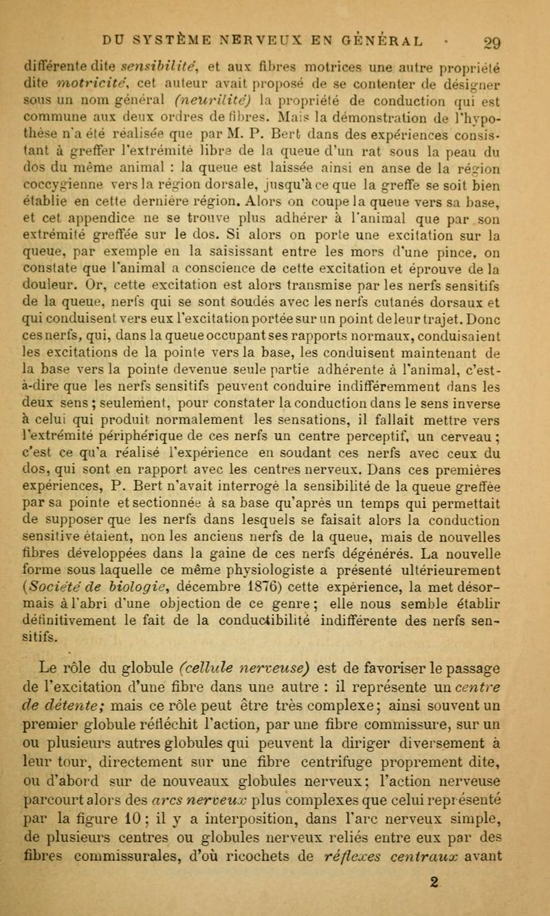 différenie dite sensibilité, et aux fibres motrices une autre propriélé dite tnotricitè, cet auteur avait proposé de se contenter de désigner sous un nom général (neurilité) la propriété de conduction qui est commune aux deux ordres dedhres. Mais la démonstration de l'hypo- thèse n'a été réalisée que par M. P. Bert dans des expériences consis- tant à greffer Textréniite libre de la queue d'un rat sous la peau du dos du même animal : la queue est laissée ainsi en anse de la région coccygienne vers la région dorsale, jusqu'à ce que la greffe se soit bien établie en cette dernière région. Alors on coupe la queue vers sa base, et cet appendice ne se trouve plus adhérer à l'animal que par son extrémité greffée sur le dos. Si alors on porte une excitation sur la queue, par exemple en la saisissant entre les mors d'une pince, on constate que l'animal a conscience de cette excitation et éprouve de la douleur. Or, cette excitation est alors transmise par les nerfs sensitifs de la queue, nerts qui se sont soudés avec les nerfs cutanés dorsaux et qui conduisent vers eux l'excitation portée sur un point de leur trajet. Donc ces nerfs, qui, dans la queue occupant ses rapports normaux, conduisaient les excitations de la pointe vers la base, les conduisent maintenant de la base vers la pointe devenue seule partie adhérente à l'animal, c'est- à-dire que les nerfs sensitifs peuvent conduire indifféremment dans les deux sens ; seulement, pour constater la conduction dans le sens inverse à celui qui produit normalement les sensations, il fallait mettre vers l'extrémité périphérique de ces nerfs un centre perceptif, un cerveau ; c'est ce qu'a réalisé l'expérience en soudant ces nerfs avec ceux du dos, qui sont en rapport avec les centres nerveux. Dans ces premières expériences, P. Bert n'avait interrogé la sensibilité de la queue greffée par sa pointe et sectionnée à sa base qu'après un temps qui permettait de supposer que les nerfs dans lesquels se faisait alors la conduction sensitive étaient, non les anciens nerfs de la queue, mais de nouvelles fibres développées dans la gaine de ces nerfs dégénérés. La nouvelle forme sous laquelle ce même physiologiste a présenté ultérieurement {Société de biologie^ décembre 1876) cette expérience, la met désor- mais àTabri d'une objection de ce genre; elle nous semble établir détinitivement le fait de la conductibilité indifférente des nerfs sen- sitifs. Le rôle du globule (cellule nerveuse) est de favoriser le passage de l'excitation d'une fibre dans une autre : il représente un centre de détente; mais ce rôle peut être très complexe; ainsi souvent un premier globule réfléchit l'action, par une fibre commissure, sur un ou plusieurs autres globules qui peuvent la diriger diversement à leur tour, directement sur une fibre centrifuge proprement dite, ou d'abord sur de nouveaux globules nerveux; l'action nerveuse parcourt alors des arcs nerveux plus complexes que celui repr ésenté par la figure 10 ; il y a interposition, dans l'arc nerveux simple, de plusieurs centres ou globules nerveux reliés entre eux par des fibres cornmissurales, d'où ricochets de réflexes centraux avant 2