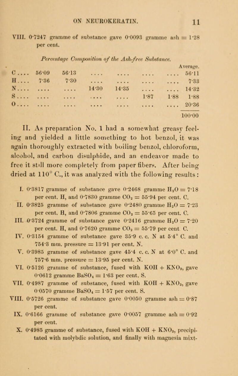 VIII. 0*7247 grainn f sill>stati<<- gave ihiil'.i:! gramme ash = L'28 per (rut. Ptrcentagt Composition <>/ tin- Ash-free Substance, \ range, (' 50 09 5613 56-I I II 7'88 7-30 N 14:50 14-35 S 1ST 1 O .. 733 . . 14-32 88 1-H8 . . 20-36 ioo-oo II. As preparation No. 1 had a somewhat greasv feel- ing and yielded a little something to hot benzol, it was again thoroughly extracted with boiling benzol, chloroform, alcohol, and carbon disulphide, and an endeavor made to free it still more completely from paper fibers. After being dried at 110° C.,it was analyzed with the following results: I. 0*3817 gramme of substance gave 0-2468 gramme HaO = 7'18 per cent. H, and 0-7830 gramme C0a = 5594 per cent. C. II. 03825 gramme of substance gave 0*2480 gramme H3() = 7*28 per cent. H, and 0-7806 gramme COa = 5565 per cent. C. III. 03724 gramme of substance gave 0-2416 gramme H20 — 7*20 per cent. H, and 0*7620 gramme C02 = 55-79 per cent C. IV. 0-3154 gramme of substance gave 35-9 c. c. N at 5 4° C. and 7543 mm. pressure = 1391 per cent. N. V. 0-398.) gramme of substance gave 45*4 c. c. N at 6-0° C. and 757'6 mm. pressure = 13-95 per cent. N. VI. 05126 gramme of substance, fused with KOII + KX0S, gave 00612 gramme BaS0« = 1-63 per cent. S. VII. 0-4987 gramme of substance, fused with KOII + K\03, gave 00570 gramme BaS0« = 1'57 per cent. S. VIII. 0'5726 gramme of substance gave 0-0050 gramme ash = 0-87 per cent. IX. 0-6166 gramme of substance gave 0-0057 gramme ash = o-92 per cent. X. 0-4985 gramme of substance, fused with KOII 4- KN'O,, precipi- tated with molybdio solution, and finally with magnesia mixt-