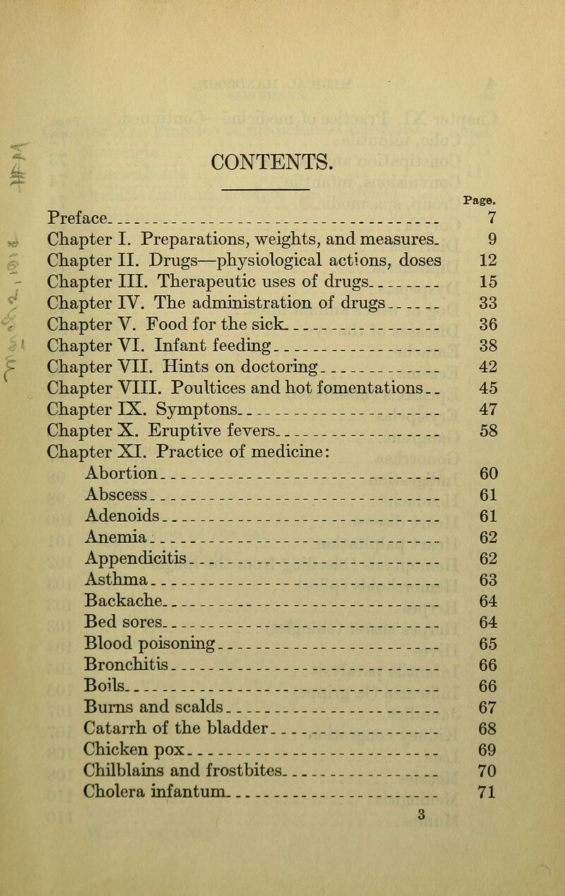 CONTENTS. Page. Preface 7 Chapter I. Preparations, weights, and measures. 9 Chapter II. Drugs—physiological actions, doses 12 Chapter III. Therapeutic uses of drugs 15 Chapter IV. The administration of drugs 33 Chapter V. Food for the sick 36 Chapter VI. Infant feeding 38 Chapter VII. Hints on doctoring 42 Chapter VIII. Poultices and hot fomentations. _ 45 Chapter IX. Symptons 47 Chapter X. Eruptive fevers 58 Chapter XI. Practice of medicine: Abortion 60 Abscess 61 Adenoids 61 Anemia 62 Appendicitis 62 Asthma 63 Backache 64 Bed sores 64 Blood poisoning 65 Bronchitis 66 Boils 66 Bums and scalds 67 Catarrh of the bladder 68 Chicken pox 69 Chilblains and frostbites 70 Cholera infantum 71