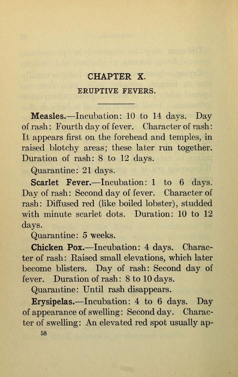 ERUPTIVE FEVERS. Measles.—Incubation: 10 to 14 days. Day of rash: Fourth day of fever. Character of rash: It appears first on the forehead and temples, in raised blotchy areas; these later run together. Duration of rash: 8 to 12 days. Quarantine: 21 days. Scarlet Fever.—Incubation: 1 to 6 days. Day of rash: Second day of fever. Character of rash: Diffused red (like boiled lobster), studded with minute scarlet dots. Duration: 10 to 12 days. Quarantine: 5 weeks. Chicken Pox.—Incubation: 4 days. Charac- ter of rash: Raised small elevations, which later become blisters. Day of rash: Second day of fever. Duration of rash: 8 to 10 days. Quarantine: Until rash disappears. Erysipelas.—Incubation: 4 to 6 days. Day of appearance of swelling: Second day. Charac- ter of swelling: An elevated red spot usually ap-
