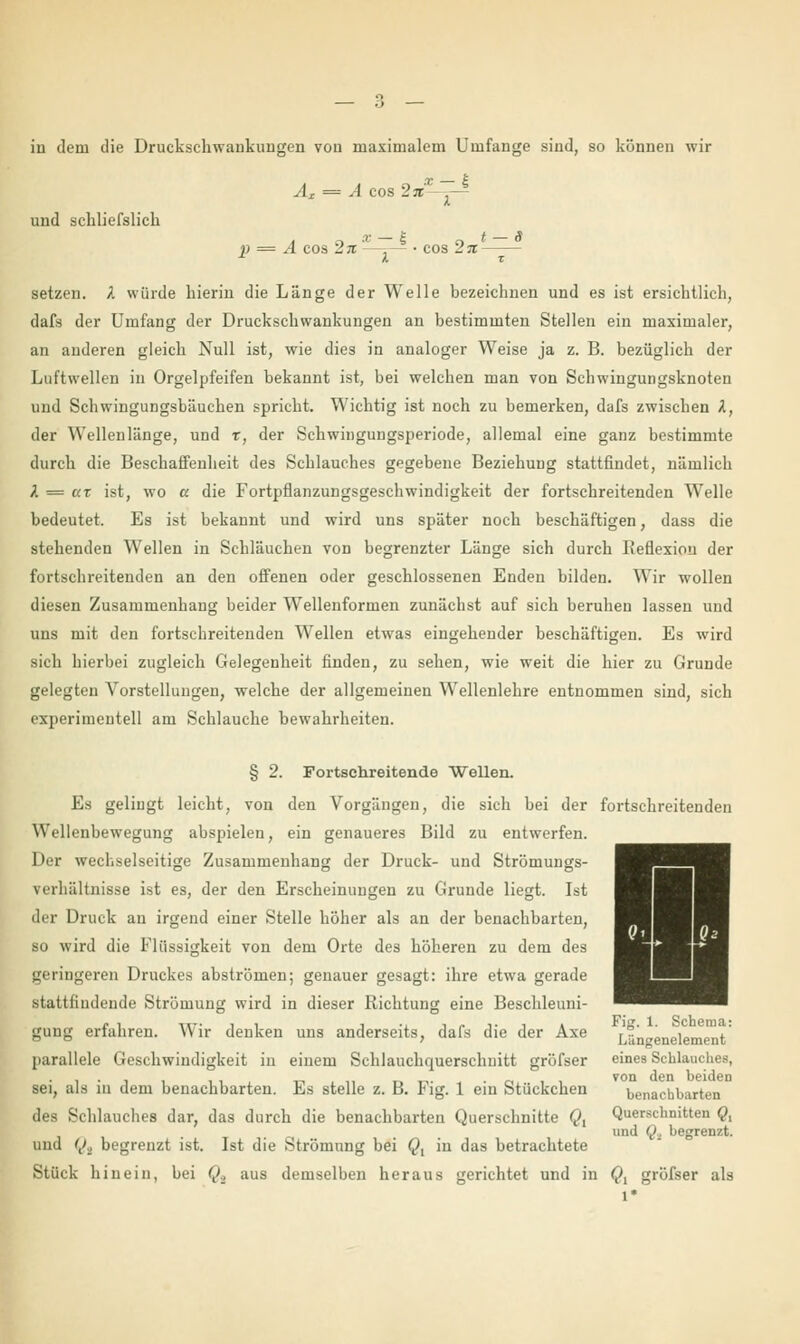 und schliefslick * — £ Ax = A cos 2 n A et x — £ n ' — S p = A cos In , • cos 1% — setzen, k würde hierin die Länge der Welle bezeichnen und es ist ersichtlich, dafs der Umfang der Druckschwankungen an bestimmten Stellen ein maximaler, an anderen gleich Null ist, wie dies in analoger Weise ja z. B. bezüglich der Luftwellen in Orgelpfeifen bekannt ist, bei welchen man von Schwingungsknoten und Schwingungsbäuchen spricht. Wichtig ist noch zu bemerken, dafs zwischen k, der Wellenlänge, und r, der Schwingungsperiode, allemal eine ganz bestimmte durch die Beschaffenheit des Schlauches gegebene Beziehung stattfindet, nämlich k — uz ist, wo a die Fortpflanzungsgeschwindigkeit der fortschreitenden Welle bedeutet. Es ist bekannt und wird uns später noch beschäftigen, dass die stehenden Wellen in Schläuchen von begrenzter Länge sich durch Reflexion der fortschreitenden an den offenen oder geschlossenen Enden bilden. Wir wollen diesen Zusammenhang beider Wellenformen zunächst auf sich beruhen lassen und uns mit den fortschreitenden Wellen etwas eingehender beschäftigen. Es wird sich hierbei zugleich Gelegenheit finden, zu sehen, wie weit die hier zu Grunde gelegten Vorstellungen, welche der allgemeinen Wellenlehre entnommen sind, sich experimentell am Schlauche bewahrheiten. § 2. Fortschreitende Wellen. Es gelingt leicht, von den Vorgängen, die sich bei der fortschreitenden Wellenbewegung abspielen, ein genaueres Bild zu entwerfen. Der wechselseitige Zusammenhang der Druck- und Strömungs- verhältnisse ist es, der den Erscheinungen zu Grunde liegt. Ist der Druck an irgend einer Stelle höher als an der benachbarten, so wird die Flüssigkeit von dem Orte des höheren zu dem des geringeren Druckes abströmen; genauer gesagt: ihre etwa gerade stattfindende Strömung wird in dieser Richtung eine Beschleuni- gung erfahren. Wir denken uns anderseits, dafs die der Axe L&neenelement' parallele Geschwindigkeit in einem Schlauchquerschnitt gröfser eines Schlauches, sei, als in dem benachbarten. Es stelle z. B. Fig. 1 ein Stückchen benachbarten des Schlauches dar, das durch die benachbarten Querschnitte Qy Querschnitten Qx und Q, begrenzt, und Qa begrenzt ist. Ist die Strömung bei Qx in das betrachtete Stück hinein, bei Q2 aus demselben heraus gerichtet und in Qi gröfser als