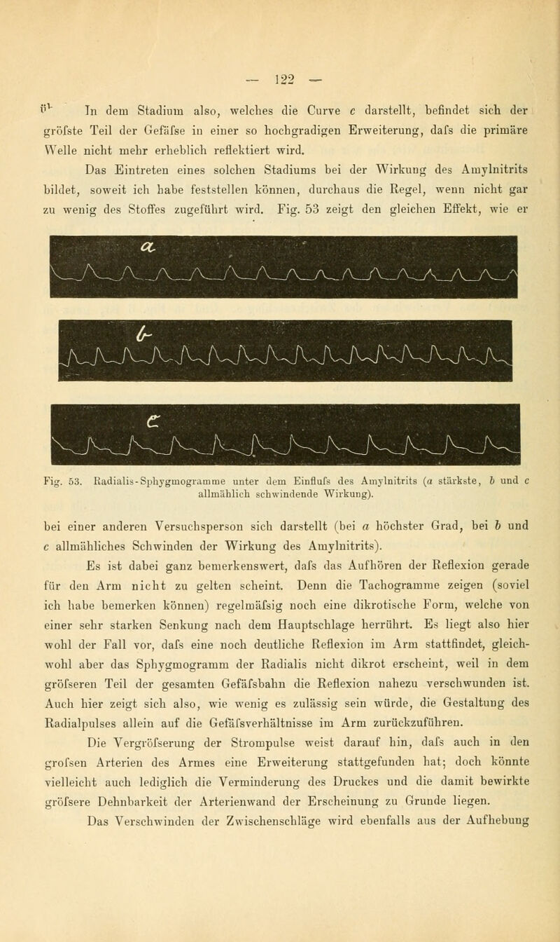 i'v In dein Stadium also, welches die Curve c darstellt, befindet sieb, der gröfste Teil der Gefäfse in einer so hochgradigen Erweiterung, dafs die primäre Welle nicht mehr erheblich reflektiert wird. Das Eintreten eines solchen Stadiums bei der Wirkung des Amylnitrits bildet, soweit ich habe feststellen können, durchaus die Regel, wenn nicht gar zu wenig des Stoffes zugeführt wird. Fig. 53 zeigt den gleichen Effekt, wie er Fig. 53. Radialis-Sphygmogramme unter dem Einflufs des Amylnitrits (a stärks allmählich schwindende Wirkung). b und c bei einer anderen Versuchsperson sich darstellt (bei a höchster Grad, bei b und c allmähliches Schwinden der Wirkung des Amylnitrits). Es ist dabei ganz bemerkenswert, dafs das Aufhören der Reflexion gerade für den Arm nicht zu gelten scheint. Denn die Tachogramme zeigen (soviel ich habe bemerken können) regelmäfsig noch eine dikrotische Form, welche von einer sehr starken Senkung nach dem Hauptschlage herrührt. Es liegt also hier wohl der Fall vor, dafs eine noch deutliche Reflexion im Arm stattfindet, gleich- wohl aber das Sphygmogramm der Radialis nicht dikrot erscheint, weil in dem gröfseren Teil der gesamten Gefäfsbahn die Reflexion nahezu verschwunden ist. Auch hier zeigt sich also, wie wenig es zulässig sein würde, die Gestaltung des Radialpulses allein auf die Gefäfsverhältnisse im Arm zurückzuführen. Die Vergröfserung der Strompulse weist darauf hin, dafs auch in den grofsen Arterien des Armes eine Erweiterung stattgefunden hat; doch könnte vielleicht auch lediglich die Verminderung des Druckes und die damit bewirkte gröfsere Dehnbarkeit der Arterienwand der Erscheinung zu Grunde liegen. Das Verschwinden der Zwischenschläge wird ebenfalls aus der Aufhebung