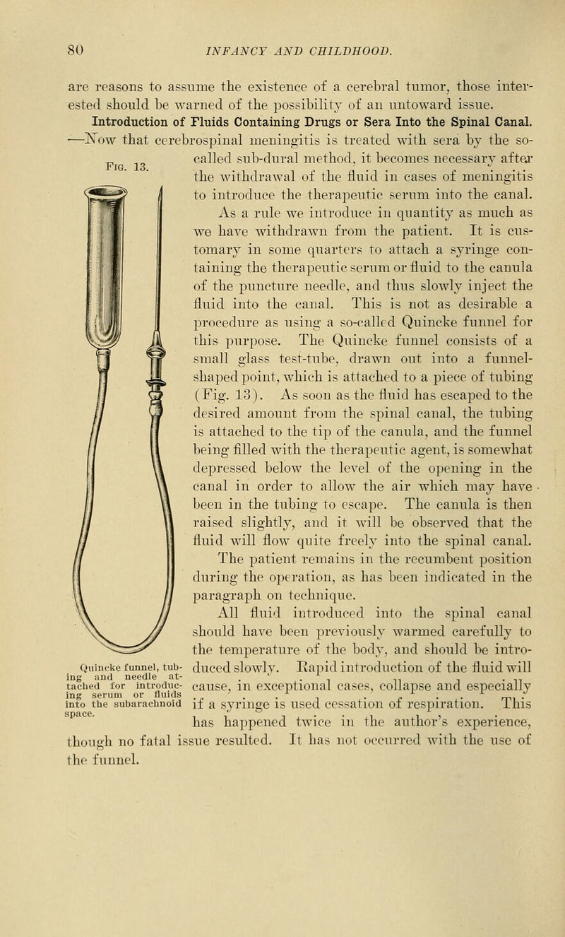 Fig. 13. are reasons to assume the existence of a cerebral tumor, those inter- ested should be warned of the possibility of an untoward issue. Introduction of Fluids Containing Drugs or Sera Into the Spinal Canal. -—ISTow that cerebrospinal meningitis is treated with sera by the so- called sub-dural method, it becomes necessary aftar the withdrawal of the fluid in cases of meningitis to introduce the therajieutie serum into the canal. As a rule we introduce in quantity' as much as we have withdrawn from the patient. It is cus- tomary in some quarters to attach a syringe con- taining the therapeutic serum or fluid to the canula of the puncture needle, and thus slowly inject the fluid into the canal. This is not as desirable a procedure as using a so-calkd Quincke funnel for this purpose. The Quincke funnel consists of a small glass test-tube, drawn out into a funnel- shaped point, which is attached to a piece of tubing (Fig. 13). As soon as the fluid has escaped to the desired amount from the spinal canal, the tubing is attached to the tip of the canula, and the funnel being filled with the therapeutic agent, is somewhat depressed below the level of the opening in the canal in order to allow the air which may have been in the tubing to escape. The canula is then raised slightl}'', and it will be observed that the fluid will flow quite freely into the spinal canal. The 23atient remains in the recumbent position during the operation, as has been indicated in the paragraph on technique. All fluid introduced into the spinal canal should have been previously warmed carefully to the temperature of the body, and should be intro- duced slowly. Eapid introduction of the fluid will cause, in exceptional cases, collapse and especially This has ha])pened twice in the author's experience, though no fatal issue resulted. It has not occurred with the use of ihe funnel. QuiiiL-ke funnel, tub- ing ;m(l needle at- tachert for introduc- ing serum or fluids . . . » . . into the subarachnoid if a syriuge IS uscd ccssation of respiration space. ./ o