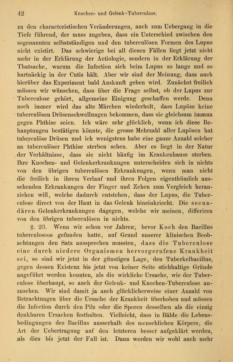 ZU den characteristischen Veränderungen, auch zum Uebergang in die Tiefe führend, der muss zugeben, dass ein Unterschied zwischen den sogenannten selbstständigen und den tuberculösen Formen des Lupus nicht existirt. Das schwierige bei all diesen Fällen liegt jetzt nicht mehr in der Erklärung der Aetiologie, sondern in der Erklärung der Thatsache, warum die Infection sich beim Lupus so lange und so hartnäckig in der Cutis hält. Aber wir sind der Meinung, dass auch hierüber das Experiment bald Auskunft geben wird. Zunächst freilich müssen wir wünschen, dass über die Frage selbst, ob der Lupus zur Tuberculose gehört, allgemeine Einigung geschaffen werde. Denn noch immer wird das alte Märchen wiederholt, dass Lupöse keine tuberculösen Drüsenschwellungen bekommen, dass sie gleichsam immun gegen Phthise seien. Ich wäre sehr glücklich, wenn ich diese Be- hauptungen bestätigen könnte, die grosse Mehrzahl aller Lupösen hat tuberculose Drüsen und ich wenigstens habe eine ganze Anzahl solcher an tuberculöser Phthise sterben sehen. Aber es liegt in der Natur der Verhältnisse, dass sie nicht häufig im Krankenhause sterben. Ihre Knochen- und Gelenkerkrankungen unterscheiden sich in nichts von den übrigen tuberculösen Erkrankungen, wenn man nicht die freilich in ihrem Verlauf und ihren Folgen eigenthümlich aus- sehenden Erkrankungen der Finger und Zehen zum Vergleich heran- ziehen will, welche dadurch entstehen, dass der Lupus, die Tuber- culose direct von der Haut in das Gelenk hineinkriecht. Die secun- dären Gelenkerkrankungen dagegen, welche wir meinen, diflferiren von den übrigen tuberculösen in nichts. §. 23. Wenn wir schon vor Jahren, bevor Koch den Bacillus tuberculoscos gefunden hatte, auf Grund unserer klinischen Beob- achtungen den Satz aussprechen mussten, dass die Tuberculose eine durch niedere Organismen hervorgerufene Krankheit sei, so sind wir jetzt in der günstigen Lage, den Tuberkelbacillus, gegen dessen Existenz bis jetzt von keiner Seite stichhaltige Gründe angeführt werden konnten, als die wirkliche Ursache, wie der Tuber- culose überhaupt, so auch der Gelenk- und Knochen-Tuberculose an- zusehen. Wir sind damit ja auch glücklicherweise einer Anzahl von Betrachtungen über die Ursache der Krankheit überhoben und müssen die Infection durch den Pilz oder die Sporen desselben als die einzig denkbaren Ursachen festhalten. Vielleicht, dass in Bälde die Lebens- bedingungen des Bacillus ausserhalb des menschlichen Körpers, die Art der Uebertragung auf den letzteren besser aufgeklärt werden, als dies bis jetzt der Fall ist. Dann werden wir wohl auch mehr