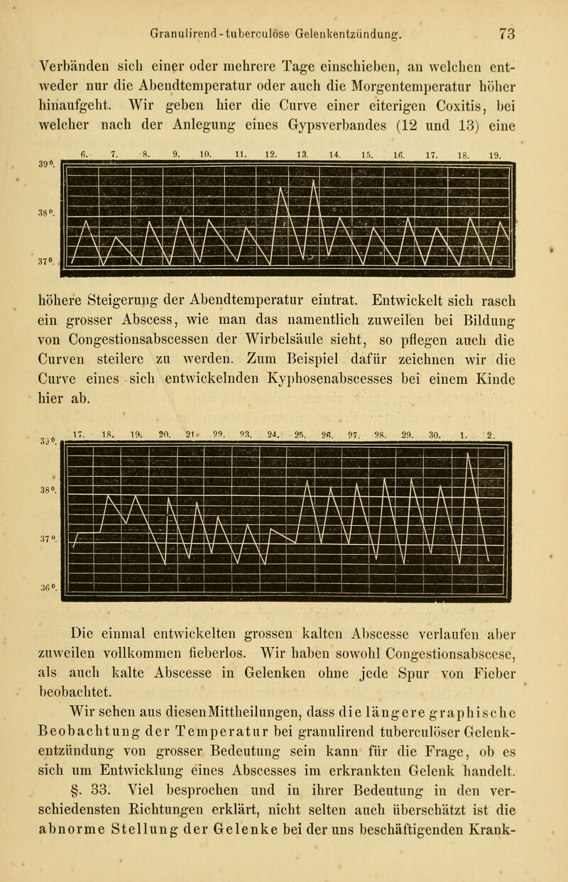 Verbänden sich einer oder mehrere Tage einschieben, an welchen ent- weder nur die Abendtemperatur oder auch die Morgentemperatur höher hinaufgeht. Wir geben hier die Curve einer eiterigen Coxitis, bei welcher nach der Anlegung eines Gypsverbandes (12 und 13) eine höhere Steigerung der Abendtemperatur eintrat. Entwickelt sich rasch ein grosser Abscess, wie man das namentlich zuweilen bei Bildung von Congestionsabscessen der Wirbelsäule sieht, so pflegen auch die Curven steilere zu werden. Zum Beispiel dafür zeichnen wir die Curve eines sich entwickelnden Kyphosenabscesses bei einem Kinde hier ab. 3J0. 17. 18. 19. 20. 21.- 95. 9.^. 2-1. 25. 2R. 27. 28. 29. 30. 1. 2. 37». Die einmal entwickelten grossen kalten Abscesse verlaufen aber zuweilen vollkommen fieberlos. Wir haben sowohl Congestionsabscese, als auch kalte Abscesse in Gelenken ohne jede Spur von Fieber beobachtet. Wir sehen aus diesen Mittheilungen, dass die längere graphische Beobachtung der Temperatur bei granulirend tuberculöser Gelenk- entzündung von grosser Bedeutung sein kann für die Frage, ob es sich um Entwicklung eines Abscesses im erkrankten Gelenk handelt. §. 33. Viel besprochen und in ihrer Bedeutung in den ver- schiedensten Richtungen erklärt, nicht selten auch überschätzt ist die abnorme Stellung der Gelenke bei der uns beschäftigenden Krank-