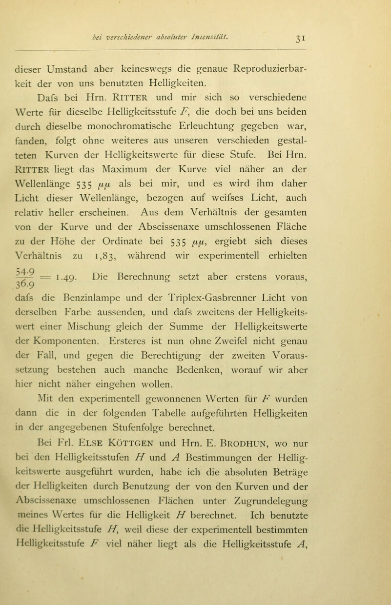 dieser Umstand aber keineswegs die genaue Reproduzierbar- keit der von uns benutzten Helligkeiten. Dafs bei Hrn. RiTTER und mir sich so verschiedene Werte für dieselbe Helligkeitsstufe F, die doch bei uns beiden durch dieselbe monochromatische Erleuchtung gegeben war, fanden, folgt ohne weiteres aus unseren verschieden gestal- teten Kurven der Helligkeitswerte für diese Stufe. Bei Hrn. Ritter liegt das Maximum der Kurve viel näher an der Wellenlänge 535 ^/i, als bei mir, und es wird ihm daher Licht dieser Wellenlänge, bezogen auf weifses Licht, auch relativ heller erscheinen. Aus dem Verhältnis der gesamten von der Kurve und der Abscissenaxe umschlossenen Fläche zu der Höhe der Ordinate bei 535 ju^, ergiebt sich dieses Verhältnis zu 1,83, während wir experimentell erhielten —^ = I-49- Die Berechnung setzt aber erstens voraus, 30.9 dafs die Benzinlampe und der Triplex-Gasbrenner Licht von derselben Farbe aussenden, und dafs zweitens der Helligkeits- wert einer Mischung gleich der Summe der Helligkeitswerte der Komponenten. Ersteres ist nun ohne Zweifel nicht genau der Fall, und gegen die Berechtigung der zweiten Voraus- setzung bestehen auch manche Bedenken, worauf wir aber hier nicht näher eingehen wollen. Mit den experimentell gewonnenen Werten für F wurden dann die in der folgenden Tabelle aufgeführten Helligkeiten in der angegebenen Stufenfolge berechnet. Bei Frl. ELSE KöTTGEN und Hrn. E. Brodhun, wo nur bei den Helligkeitsstufen N und A Bestimmungen der Hellig- kcitswerte au.sgeführt wurden, habe ich die absoluten Beträge der I lelligkeiten durch Benutzung der von den Kurven und der Absci.ssenaxe um.schlossenen Flächen unter Zugrundelegung meines Wertes für die Helligkeit H berechnet. Ich benutzte die Helligkeits.stufe 77, weil diese der experimentell bestimmten Hclligkeitsstufe F viel näher liegt als die Helligkeitsstufe A,