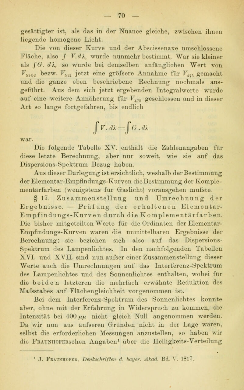 gesättigter ist, als das in der Nuance gleiche, zwischen ihnen liegende homogene Licht. Die von dieser Kurve und der Abscissenaxe umschlossene Fläche, also / F.r/A, wurde nunmehr bestimmt. War sie kleiner als JG. (1?., so wurde bei demselben anfänglichen Wert von ^5160 bezw. F5J2 jetzt eine gröfsere Annahme für V^^r, gemacht und die ganze eben beschriebene Rechnung nochmals aus- geführt. Aus dem sich jetzt ergebenden Integralwerte wurde auf eine weitere Annäherung für F^^j geschlossen und in dieser Art so lange fortgefahren, bis endlich Jr.f7A=J(^.ra war. Die folgende Tabelle XV. enthält die Zahlenangaben für diese letzte Berechnung, aber nur soweit, wie sie auf das Dispersions-Spektrum Bezug haben. Aus dieser Darlegung ist ersichtlich, weshalb der Bestimmung der Elementar-Empfindungs-Kurven dieBestimmung der Komple- mentärfarben (wenigstens für Gaslicht) vorausgehen mufste. § 17. Zusammenstellung und Umrechnung der Ergebnisse. — Prüfung der erhaltenen Elementar- Empfindungs-Kurven durch die Komplementärfarben. Die bisher mitgeteilten Werte für die Ordinaten der Elementar- Empfindungs-Kurven waren die unmittelbaren Ergebnisse der Berechnung; sie beziehen sich also auf das Dispersions- Spektrum des Lampenlichtes. In den nachfolgenden Tabellen XVI. und XVII. sind nun aufser einer Zusammenstellung dieser Werte auch die Umrechnungen auf das Interferenz-Spektrum des Lampenlichtes und des Sonnenlichtes enthalten, wobei für die beiden letzteren die mehrfach erwähnte Reduktion des Mafsstabes auf Flächengleichheit vorgenommen ist. Bei dem Interferenz-Spektrum des Sonnenlichtes konnte aber, ohne mit der Erfahrung in Widerspruch zu kommen, die Intensität bei 400 jj/j, nicht gleich Null angenommen werden. Da w^r nun aus äufseren Gründen nicht in der Lage waren, selbst die erforderlichen Messungen anzustellen, so haben wir die FRAUNHOFERschen Angaben^ über die Helligkeits-Verteilung ^ J. Frauxhofkk, Denkschriften d. bayer. Akad. Bd. V. 1817.